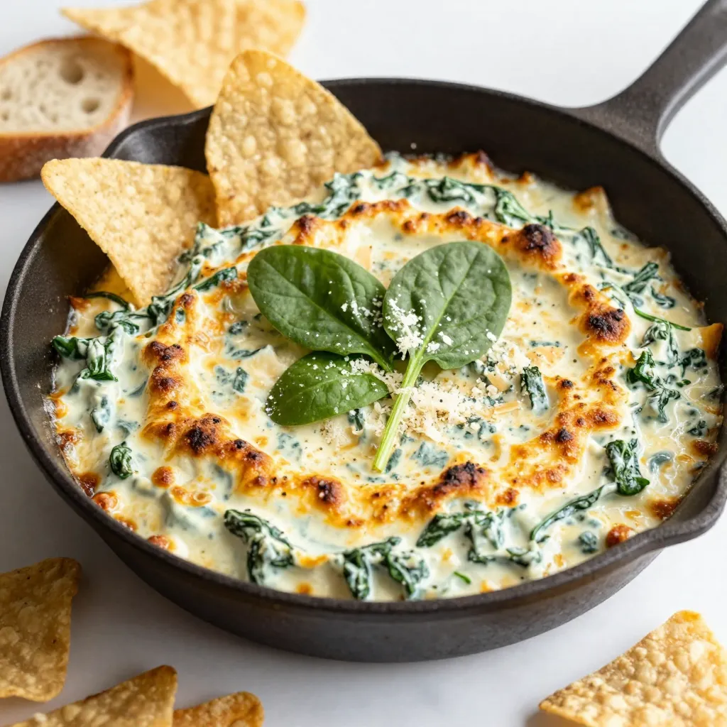For the Cheesy Spinach Artichoke Dip Skillet, gather these key ingredients: - 1 cup fresh spinach, finely chopped - 1 cup canned artichoke hearts, drained and roughly chopped - 1 cup cream cheese, softened to room temperature - 1/2 cup sour cream - 1 cup shredded mozzarella cheese - 1/2 cup grated Parmesan cheese - 2 cloves garlic, minced - 1 teaspoon onion powder - 1/2 teaspoon red pepper flakes (optional for heat) - Salt and black pepper to taste - Tortilla chips or slices of a crusty baguette for serving Choosing quality ingredients makes a big difference. Fresh spinach adds vibrant color and flavor. Use canned artichoke hearts that are tender and well-drained. Cream cheese should be soft for easy mixing. For the best taste, select high-fat sour cream and real cheeses. Fresh garlic gives a stronger flavor than jarred. The spices should be fresh to enhance the dip's overall taste. You can adjust this recipe to fit your needs. For a lighter option, use Greek yogurt instead of sour cream. If you want a vegan version, swap the cream cheese and cheeses for plant-based alternatives. To avoid gluten, make sure your chips or bread are gluten-free. You can add cooked chicken or shrimp for extra protein. {{ingredient_image_2}} First, preheat your oven to 350°F (175°C). This step gets your dip ready for baking. Next, grab a large, oven-safe skillet. You will cook the dip right in this skillet, making clean-up easy. In the skillet, add one cup of finely chopped spinach and two minced garlic cloves. Sauté these over medium heat for about 2-3 minutes. Stir often until the spinach wilts and the garlic smells great. Now, add one cup of chopped artichoke hearts. Stir well and let them cook together for another 2 minutes. The mixture should smell amazing. In a separate bowl, mix one cup of softened cream cheese and half a cup of sour cream. Add one teaspoon of onion powder, half a teaspoon of red pepper flakes, and a pinch of salt and black pepper. Use a hand mixer or whisk to blend everything. You want it creamy and smooth. Once your cheesy base is ready, gently fold in the sautéed spinach and artichokes. Next, add one cup of shredded mozzarella cheese and half a cup of grated Parmesan cheese. Make sure everything is mixed well. Spread the dip mixture back into the skillet. Smooth the top to help it bake evenly. Place the skillet in the oven and bake for 20-25 minutes. Look for a bubbly top and a golden brown crust. After baking, let it cool for a few minutes before serving. Enjoy with tortilla chips or slices of a crusty baguette! To keep your dip smooth, use softened cream cheese. This helps blend easily. A hand mixer works great for this task. Mix the cream cheese and sour cream until creamy. If you want extra creaminess, add more sour cream or cream cheese. Always fold in the spinach and artichokes gently. This keeps the dip fluffy and light. If you enjoy some heat, add red pepper flakes. Start with half a teaspoon. You can always add more if you want. For a milder dip, skip the red pepper flakes. You can also use sweet paprika for flavor without the heat. Test the spice level before serving to make sure it’s just right. Serve the dip hot from the skillet for a rustic vibe. This keeps it warm and inviting. Garnish with extra Parmesan cheese and fresh spinach leaves. Pair it with colorful tortilla chips or slices of a crusty baguette. This makes the dish look appealing and tasty. Enjoying it with friends or family is always a good idea! Pro Tips Fresh Ingredients: Always opt for fresh spinach and high-quality artichoke hearts for the best flavor and texture in your dip. Cheese Choices: Experiment with different cheeses like cheddar or gouda for a unique twist on the classic dip. Serving Suggestions: Try serving the dip with a variety of dippers, such as pita chips, sliced veggies, or crackers for added crunch. Make Ahead: Prepare the dip a day in advance and store it in the refrigerator. Just bake it when you're ready to serve! {{image_4}} You can easily boost the protein in your dip. Try adding cooked chicken or shrimp. Shredded rotisserie chicken works great. If you prefer seafood, add small shrimp. Mix these proteins in when you combine the spinach and artichokes. They add flavor and heartiness to the dip. If you're looking for a vegan option, swap out the dairy. Use cashew cream instead of cream cheese. You can also use coconut yogurt in place of sour cream. Nutritional yeast adds a cheesy flavor without dairy. For the cheeses, try vegan mozzarella and Parmesan. This way, everyone can enjoy the dip! Seasonal ingredients can change the flavor of your dip. In spring, try adding fresh herbs like basil or dill. In fall, roasted butternut squash can add a sweet twist. For summer, mix in fresh tomatoes for extra color and taste. These swaps keep the dish fresh and exciting! After enjoying your cheesy spinach artichoke dip, let it cool to room temp. Then, transfer it to an airtight container. It will stay fresh in the fridge for up to three days. Make sure to cover it well. This helps keep the dip creamy and tasty. If you want to store it longer, freeze it. To reheat, place the dip in an oven-safe dish. Heat your oven to 350°F (175°C). Cover the dish with foil to keep moisture in. Bake for about 15-20 minutes or until hot. You can also warm it in the microwave. Just use a microwave-safe bowl and heat in short bursts, stirring often. If you want to freeze the dip, do it before you bake it. Place the mixed dip in a freezer-safe container. Squeeze out any air before sealing. It can last up to two months in the freezer. When ready to eat, thaw it in the fridge overnight. Then, bake as normal for a delicious treat. Yes, you can prepare the dip a day ahead. Just mix the ingredients and place them in your skillet. Cover it with plastic wrap and store it in the fridge. When you are ready to bake, just remove the wrap and pop it in the oven. This saves time and still gives you a warm, cheesy dish. You have many tasty options to serve with this dip: - Tortilla chips - Slices of crusty baguette - Fresh vegetable sticks like carrots or celery - Pita chips These will add great crunch and flavor, making your dip experience even better. You will know the dip is ready when the top is bubbly and golden brown. It usually takes about 20-25 minutes in the oven. Keep an eye on it during the last few minutes. Let it cool for a bit before serving. Enjoy the warm, cheesy goodness! This article covered all you need to know about making Cheesy Spinach Artichoke Dip. We explored the best ingredients, step-by-step cooking instructions, and tips for a creamy texture. You now have fun variations and helpful storage tips too. In conclusion, enjoy experimenting with flavors and sharing this dip. It’s perfect for any occasion, so make it and delight your guests!