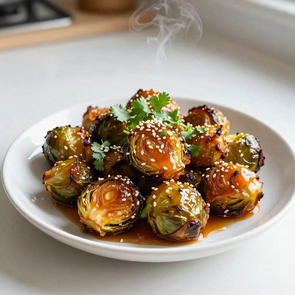 - 1 pound Brussels sprouts - 2 tablespoons extra virgin olive oil - 3 tablespoons honey - 2 tablespoons Sriracha sauce - 1 garlic clove, minced - 1 teaspoon soy sauce - Sea salt and black pepper, to taste - Toasted sesame seeds, for garnish - Fresh cilantro, chopped, for garnish The main ingredients create a sweet and spicy mix. The Brussels sprouts are the stars here. They offer a great texture and taste. The olive oil helps them roast well. Honey adds sweetness, while Sriracha brings the heat. For the additional components, garlic gives depth to the sauce. Soy sauce adds umami. Sea salt and black pepper help balance the flavors. Toasted sesame seeds provide crunch, and fresh cilantro adds a bright touch. Together, these ingredients make a dish that is tasty and fun. You can mix and match as you like. If you want more heat, add more Sriracha. For sweetness, add extra honey. The beauty of this dish lies in its flexibility, allowing you to make it your own. {{ingredient_image_2}} First, you need to preheat your oven to 400°F (200°C). This heat helps the Brussels sprouts roast perfectly. Next, take 1 pound of Brussels sprouts and cut them in half. Put them in a bowl, and add 2 tablespoons of extra virgin olive oil. Then, sprinkle sea salt and freshly cracked black pepper to taste. Toss well to coat each sprout evenly. Now, line a baking sheet with parchment paper. This step helps prevent sticking and makes clean-up easier. Spread the halved Brussels sprouts on the sheet, cut sides down. Roast them in the oven for 20 to 25 minutes. Remember to turn them halfway through to ensure they cook evenly. You want them to be golden brown and crispy. While your Brussels sprouts roast, prepare the sauce. In a small bowl, whisk together 3 tablespoons of honey, 2 tablespoons of Sriracha sauce, 1 minced garlic clove, and 1 teaspoon of soy sauce. Mix it until smooth. This sauce adds a sweet and spicy kick to your sprouts. Once your Brussels sprouts are done roasting, take them out of the oven. Drizzle the honey-Sriracha sauce over the hot sprouts right away. Toss them gently to coat each piece well. Then, return the tray to the oven and roast for another 5 minutes. This final roasting helps the sauce stick and meld with the sprouts, creating a delicious flavor. To get the best flavor, place the cut sides of Brussels sprouts down. This helps them brown nicely and taste great. Keep an eye on the roasting time. I like to check them after 20 minutes. If they look golden and crispy, they are ready. If not, let them roast a bit longer. Make the sauce your own! If you like it spicy, add more Sriracha. For a sweeter taste, increase the honey. Mixing and matching the sauce will give you just the right kick or sweetness you love. A simple garnish can make your dish pop! Use toasted sesame seeds for crunch. Fresh cilantro adds color and taste. When serving, arrange the Brussels sprouts in a circle for a stunning look. Drizzle leftover sauce on top for extra flavor. This makes your dish not only tasty but also beautiful! Pro Tips Use Fresh Brussels Sprouts: Always opt for fresh Brussels sprouts for the best flavor and texture. Look for firm, bright green sprouts without any yellowing or blemishes. Adjust Heat Level: If you prefer a milder flavor, reduce the amount of Sriracha in the sauce. You can also add a splash of lime juice for extra brightness without the heat. Experiment with Garnishes: Feel free to try different garnishes like chopped green onions or crushed peanuts to add a unique twist to your dish. Make Ahead: You can prepare the Brussels sprouts and the sauce ahead of time. Simply roast them just before serving for a quick and delicious side dish. {{image_4}} - Use maple syrup instead of honey. This swap gives a rich, sweet flavor. - Choose gluten-free soy sauce options. This works for those with gluten allergies. - Add ginger for a spice kick. Fresh ginger gives a bold taste. - Incorporate citrus zest for brightness. Lemon or lime zest adds a refreshing touch. - Pair with proteins like chicken or tofu. This makes a complete meal. - Serve on a salad bed or as a side dish. This option is great for any meal. These variations let you customize your Honey Sriracha Brussels sprouts. You can find the perfect balance of flavors to match your taste. Try them out and enjoy the creativity in your dish! To keep your Honey Sriracha Brussels sprouts fresh, store them in an airtight container. Place them in the fridge within two hours after cooking. This helps prevent spoilage. You can enjoy them for up to three days. If they sit longer, they may lose flavor and texture. When reheating Brussels sprouts, the oven works best. Preheat to 350°F (175°C). Spread the sprouts on a baking sheet. Heat for about 10 to 15 minutes. This keeps them crispy. Avoid the microwave, as it can make them soggy. If you must use a microwave, cover them with a paper towel to help retain some texture. Yes, you can use frozen Brussels sprouts. However, fresh sprouts taste better. Frozen sprouts may not get as crispy. If you use frozen, thaw them first. This helps with even cooking. Sriracha sauce is made from chili peppers, vinegar, garlic, sugar, and salt. The blend gives it a sweet and spicy flavor. I love using it for a kick in dishes! You can make the honey Sriracha sauce ahead of time. Just mix honey, Sriracha, garlic, and soy sauce. Store it in the fridge for up to a week. This saves time on busy days! Yes, these Brussels sprouts are vegan! They contain no animal products. The honey can be swapped for maple syrup for a vegan option. This keeps the dish tasty and cruelty-free. To make your dish milder, use less Sriracha. You can also add more honey for sweetness. If you love heat, feel free to add more Sriracha. Adjust it to suit your taste! This blog post covered how to make delicious Honey Sriracha Brussels sprouts. We started with fresh ingredients and went through easy steps to prepare and roast them. I shared tips for perfecting caramelization and customizing the sauce to suit your taste. You learned ways to store and reheat leftovers for later enjoyment. In conclusion, these Brussels sprouts are a tasty side and easy to make. With a few tweaks, you can make them your own. Enjoy this fun dish and impress your friends and family!