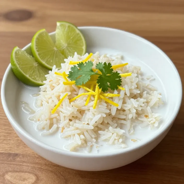 - 1 cup jasmine rice - 1 can (13.5 oz) coconut milk - 1 cup water - Zest of 1 lime - 2 tablespoons fresh lime juice - 1/2 teaspoon salt These main ingredients create the base for the dish. Jasmine rice gives a soft texture and a lovely aroma. Coconut milk adds creaminess and a rich flavor. Fresh lime zest and juice bring bright notes that balance the creaminess. - 1 tablespoon sugar (for sweetness) - Fresh cilantro (for garnish) Adding sugar can enhance the taste. Fresh cilantro adds color and a fresh flavor. Use it if you want an extra touch. - Medium saucepan - Strainer You need a medium saucepan to cook the rice perfectly. A strainer helps rinse the rice well. Rinsing removes excess starch, which keeps the rice from being gummy. {{ingredient_image_2}} - First, rinse the jasmine rice under cold water. This step is key. Keep rinsing until the water runs clear. This will remove extra starch and make the rice less sticky. - Next, in a medium saucepan, mix the rinsed rice with the coconut milk and water. Add the lime zest, sugar (if you like it sweet), and salt. Stir everything gently. Make sure all the ingredients blend well together. - Place the saucepan on medium-high heat. Bring the mixture to a gentle boil. Once it boils, lower the heat to low and cover the saucepan. Let it simmer for 15-20 minutes. The rice will become tender and soak up most of the liquid. - After cooking, take the saucepan off the heat but keep it covered. Let it rest for 5-10 minutes. This resting time is important. It helps the rice steam and become fluffy. - Carefully remove the lid. Use a fork to fluff the rice gently. This will separate the grains and keep it light. - Drizzle fresh lime juice over the rice and mix lightly. This adds a bright flavor. - Transfer the coconut lime rice to a bowl. Garnish with fresh cilantro for color. Serve with lime wedges on the side for an extra zesty touch. To prevent gummy rice, rinse your jasmine rice well. Wash it under cold water until the water is clear. This step removes excess starch. Less starch means fluffier rice. The resting time is key after cooking. Once your rice is done, let it sit for 5-10 minutes. Keep the lid on during this time. It lets the rice steam and become fluffier. You can adjust the sweetness by adding sugar. If you like it sweeter, try adding one tablespoon of sugar. This helps balance the tartness of the lime. Fresh herbs can elevate your dish. Try using parsley or mint as garnishes. They add a nice splash of color and flavor. Coconut lime rice pairs well with grilled meats. Serve it alongside chicken or shrimp for a tasty meal. For a vegetarian option, enjoy it with stir-fried veggies. The rice complements many dishes, giving a fresh taste. Add lime wedges on the side. They let you add more zing to your plate. Pro Tips Rinse Your Rice: Rinsing the rice removes excess starch, resulting in fluffier rice that doesn't clump together. Adjusting Sweetness: If you prefer a sweeter rice, feel free to adjust the sugar to your taste, but keep in mind that coconut milk has natural sweetness. Steaming Time: Allowing the rice to rest after cooking helps to steam it, ensuring a light and fluffy texture. Fresh Herbs: Garnish with freshly chopped cilantro or even mint for an extra layer of flavor and freshness. {{image_4}} You can easily make coconut lime rice vegan-friendly. This dish is already plant-based since it uses coconut milk. You don’t need any animal products. If you want to lower the fat, you can use light coconut milk. This keeps the flavor while cutting calories. To add more depth to your dish, try spices like turmeric or ginger. A pinch of turmeric gives your rice a golden color and earthy taste. Ginger adds a nice kick and freshness. You can also play with different rice types. While jasmine rice is great, basmati or brown rice can change the texture and flavor. Adding tropical fruits can make your rice even more exciting. Consider mixing in diced mango or pineapple for a sweet twist. For holiday meals, try adding cranberries or nuts. These changes make coconut lime rice festive and fun. Store your leftover coconut lime rice in an airtight container. This helps keep it fresh and prevents odors from mixing. The rice will stay good in the fridge for about 3 to 5 days. Make sure to cool it down to room temperature before sealing it up. To freeze coconut lime rice, place it in a freezer-safe bag. Press out as much air as you can before sealing. This method helps avoid freezer burn. When you want to enjoy it again, take it out and thaw it in the fridge overnight. When reheating, you can use the microwave or a stovetop. If using the microwave, add a splash of water to keep it moist. Heat it for a few minutes, stirring halfway through. On the stovetop, warm it gently over low heat, adding a bit of coconut milk or water if needed. You can reuse coconut lime rice in many ways. Try mixing it into a salad for a tropical twist. You can also use it as a filling for burritos or tacos. Another fun idea is to make a coconut lime rice bowl with grilled chicken and veggies. Transforming leftovers into new dishes makes your meals exciting and reduces waste! You can use almond milk or oat milk. These options are dairy-free and keep the rice creamy. You can also use water with lime zest for a lighter flavor. Keep the lime juice to add zest at the end. Jasmine rice works best for coconut lime rice. It gives a nice aroma and a fluffy texture. You can also use basmati rice, but it has a different taste. Both types absorb flavors well, making your dish tasty and fragrant. Yes, you can use a rice cooker. First, rinse the jasmine rice until the water runs clear. Then, add the rinsed rice, coconut milk, and water to the rice cooker. Add lime zest, sugar, and salt. Set it to cook. Once it’s done, let it sit for a few minutes before fluffing with a fork. This method makes it easy and hands-free! Coconut lime rice is a delightful dish you can master with simple steps and ingredients. We covered the core components like jasmine rice, coconut milk, and fresh lime juice. I shared tips for perfect cooking and tasty variations, along with smart storage ideas. Now, enjoy creating your coconut lime rice and share it with friends. You can enhance its flavor, experiment with different variations, and make it fit your diet. It's a versatile dish that can bring joy to any meal. Enjoy every bite!