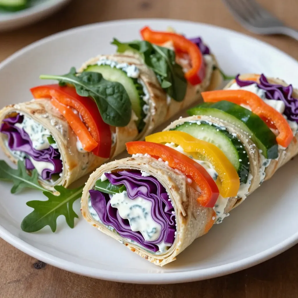 To make these fun Rainbow Veggie Pinwheels, you need: - 4 large whole wheat tortillas - 1 cup cream cheese, softened - 1 tablespoon ranch seasoning mix - 1 cup shredded carrots - 1 cup mixed bell peppers, finely sliced - 1 cup cucumber, thinly sliced - 1 cup purple cabbage, finely shredded - Fresh arugula or spinach leaves - Salt and pepper, to taste These ingredients create a colorful and tasty snack. The whole wheat tortillas give a healthy base. The cream cheese adds creaminess, while the ranch mix boosts flavor. When picking cream cheese, I like brands like Philadelphia or Kite Hill. They have a good taste and texture. For tortillas, I recommend Mission or Ezekiel. They are soft and easy to roll. Always check the label for whole wheat options for added health benefits. If you want to mix things up, try adding some extras. Here are some ideas: - Fresh herbs like cilantro or basil for a fresh taste - Sliced olives or pickles for a tangy kick - Avocado or hummus for added creaminess - Zucchini or radishes for more crunch These add-ins can make your pinwheels more exciting and unique. Enjoy experimenting with different flavors! {{ingredient_image_2}} Start by gathering your ingredients. You will need cream cheese and ranch seasoning mix. In a medium bowl, place 1 cup of softened cream cheese. Add 1 tablespoon of ranch seasoning mix to the bowl. Use a spatula to blend the two until smooth. This mixture gives the pinwheels a creamy, tangy taste. Make sure it is well-mixed. This step is key for the flavor in your pinwheels. Take one large whole wheat tortilla and lay it flat on a clean surface. Use a spatula to spread a generous layer of the cream cheese mixture across the tortilla. Start at the center and move outwards. Next, place fresh arugula or spinach leaves down the middle of the tortilla. This will add crunch. Then, arrange the colorful veggies on top. Start with 1 cup of shredded carrots. Next, add 1 cup of finely sliced bell peppers, followed by 1 cup of cucumber rounds, and finish with 1 cup of shredded purple cabbage. Make it look vibrant! For extra taste, sprinkle a little salt and pepper over the veggies. Now, it's time to roll your pinwheels. Start at one edge of the tortilla where the filling is. Gently roll the tortilla away from you. Keep it tight but not too tight. Roll until you reach the opposite edge of the tortilla. This will form a nice, compact pinwheel. Use a sharp knife to slice the rolled tortilla into 1-inch wide pieces. Be careful as you cut to keep the filling intact. Repeat these steps with the remaining tortillas until you have all your pinwheels ready. Finally, arrange them on a platter and serve with ranch dressing for dipping. Enjoy your colorful snack! To roll your pinwheels well, start with a flat tortilla. Spread the cream cheese mix evenly across the entire surface. Leave about an inch around the edges so the filling stays inside. When you roll, begin at one end and keep it tight but not too tight. You don’t want to squish the filling out. Use your fingers to tuck in the filling as you roll. This keeps everything neat and secure. One common mistake is overfilling the tortilla. It may seem tempting to add lots of veggies, but too much can cause tears. Another mistake is rolling too loosely. If the roll is not tight, the pinwheels can fall apart. Lastly, don’t skip the salt and pepper. A little seasoning makes a big difference in flavor. You can make these pinwheels your own! Try different veggies like zucchini or radishes for crunch. You can also swap the ranch mix for a different seasoning, like garlic powder or Italian herbs. For added protein, include slices of turkey or chicken. If you want a spicy kick, add jalapeño slices or a dash of hot sauce to the cream cheese. Get creative and have fun with your pinwheel flavors! Pro Tips Use Fresh Ingredients: Always opt for fresh vegetables for the best flavor and crunch. This enhances the overall taste and presentation of your pinwheels. Experiment with Spreads: Feel free to swap out the ranch seasoning for different flavored cream cheeses or spreads like hummus or pesto for a unique twist. Chill Before Slicing: After rolling the tortillas, refrigerate them for about 30 minutes. This helps the pinwheels hold their shape better when sliced. Creative Presentation: Arrange the pinwheels standing up in a cup or a jar for a fun and festive display at parties or gatherings. {{image_4}} You can mix and match veggies based on what’s in season. In spring, use fresh asparagus and radishes for a crisp taste. In summer, add juicy tomatoes and zucchini for a burst of flavor. Fall gives you the chance to use roasted sweet potatoes and kale, adding warmth to your pinwheels. Winter brings hearty veggies like beets and Brussels sprouts, which can add color and texture. Always aim for different colors for a vibrant look! While cream cheese with ranch is classic, try other spreads too. Hummus adds a creamy and nutty flavor. Use avocado spread for a rich, buttery taste. Pesto brings a fresh, herby kick that pairs well with the veggies. For a kick of spice, consider using a spicy yogurt dip or a zesty salsa. These options can change the whole vibe of your pinwheels! For serving, arrange the pinwheels on a fun platter. Alternate the pinwheel directions to show off the colors. They work great as party snacks or lunchbox treats. Pair them with a side of fresh fruit, like berries or melon, for a sweet touch. A small bowl of ranch dressing or your favorite dip on the side makes it even better. Getting creative with your serving can make these snacks even more appealing! To keep your Rainbow Veggie Pinwheels fresh, wrap them tightly in plastic wrap. This keeps air out and prevents them from drying. You can also use a sealed container. Place a piece of parchment paper between layers if stacking. This stops them from sticking together. When stored properly, these pinwheels stay fresh for about 3 days in the fridge. After that, they may lose their crunch and flavor. Always check for any signs of spoilage before eating. If they smell off or look strange, it’s best to toss them. You can freeze these pinwheels for later. Wrap each pinwheel in plastic wrap and place them in a freezer bag. They can last up to 2 months in the freezer. To eat, simply thaw them in the fridge overnight. Enjoy them cold for a refreshing snack! Yes, you can make these pinwheels ahead of time! I often prepare them a few hours before serving. Just wrap them tightly in plastic wrap or foil. This keeps them fresh and helps the flavors meld. Store them in the fridge until you're ready to serve. However, I recommend eating them within 24 hours for the best taste and texture. If you want a vegan option, there are many great cream cheese substitutes. You can use cashew cream or tofu-based cream cheese. Another good choice is store-bought vegan cream cheese. Mix it with the ranch seasoning as you would with regular cream cheese. This way, you still get that creamy texture and flavors without any dairy. To make gluten-free Rainbow Veggie Pinwheels, simply choose gluten-free tortillas. Many brands offer tasty options made from rice or corn. Check the label to ensure they are certified gluten-free. The rest of the recipe stays the same, giving you a delicious snack everyone can enjoy. You now know how to make tasty rainbow veggie pinwheels. We covered the key ingredients and brands, plus optional add-ins for more flavor. I shared easy steps for prep, how to roll them well, and tips on avoiding common mistakes. You can explore different veggie combos and spreads, plus smart storage ideas. These pinwheels are fun to make and perfect for any occasion. Enjoy creating and sharing them!