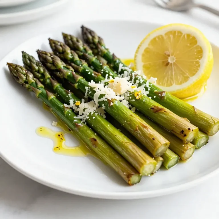 - 1 lb fresh asparagus, trimmed - 3 tablespoons extra virgin olive oil - 4 cloves garlic, finely minced - Zest of 1 medium lemon - Juice of 1 medium lemon - Sea salt and freshly ground black pepper to taste - 1 teaspoon crushed red pepper flakes (optional for a spicy kick) - 2 tablespoons freshly grated Parmesan cheese (for garnish) - Alternative oils, like avocado oil, can work well. - Vegan cheese alternatives can replace Parmesan for a dairy-free option. - You can try different seasonings or herbs, like thyme or oregano, to mix things up. When I make lemon garlic roasted asparagus, I love using fresh asparagus. The bright green color and crisp texture really shine. Extra virgin olive oil brings a fruity flavor and helps the asparagus roast nicely. Garlic adds a punch, making it savory. The lemon zest and juice brighten the dish and balance the flavors. If you want to spice things up, crushed red pepper flakes offer a nice kick. Just a pinch can make a big difference. Lastly, the grated Parmesan cheese adds creaminess and depth. It melts beautifully on the hot asparagus. For those who prefer different oils, avocado oil is a great choice. It has a mild taste and works well in roasting. If you are avoiding dairy, try using a plant-based cheese. Many options taste great and melt nicely. Feel free to customize your dish with herbs or spices you enjoy. You can even switch out the asparagus for other vegetables like green beans or broccoli. This dish is flexible, and that’s what makes it fun! {{ingredient_image_2}} Start by trimming the asparagus. Hold each stalk and snap off the tough ends. This helps the asparagus stay tender. Next, preheat your oven to 425°F (220°C). A hot oven gives the asparagus a nice roasted flavor. In a big bowl, add the trimmed asparagus. Pour in 3 tablespoons of extra virgin olive oil. Add 4 cloves of minced garlic, the zest of one lemon, and the juice from that lemon. Sprinkle in sea salt and black pepper to taste. If you like heat, add 1 teaspoon of crushed red pepper flakes. Toss everything together until the asparagus is well-coated. Spread the seasoned asparagus on a baking sheet in a single layer. This helps them cook evenly. Place the baking sheet in the oven and roast for 15 to 20 minutes. Keep an eye on them. You want them tender with a slight crisp at the tips. Once the asparagus are done, take them out of the oven. Immediately sprinkle 2 tablespoons of grated Parmesan cheese on top. The heat will slightly melt the cheese. For an extra burst of flavor, drizzle more lemon juice over the asparagus right before serving. Enjoy the bright, zesty taste! - Avoiding overcooking: Keep an eye on the asparagus while roasting. Cook them for 15-20 minutes. You want them tender but still firm. If they bend easily, they are done. - How to achieve crispiness: Make sure to spread the asparagus in a single layer. This helps them cook evenly. You can also increase the heat to 450°F (232°C) for a few minutes at the end. This gives them a nice crisp. - Plating techniques: Arrange the roasted asparagus on a large platter. This makes it look appealing. Use a mix of height and color to catch the eye. - Garnishing ideas: Add lemon slices on top for color. Fresh herbs like parsley or basil add a nice touch. A sprinkle of extra Parmesan cheese boosts flavor and looks. - Suggested main dishes and sides: Lemon garlic roasted asparagus pairs well with grilled chicken or fish. It also complements pasta dishes. For a vegetarian option, serve it with quinoa or a fresh salad. Pro Tips Select Fresh Asparagus: Choose bright green asparagus with firm, straight stalks for the best flavor and texture. Don’t Overcrowd the Pan: Arrange the asparagus in a single layer to ensure even roasting and prevent steaming. Experiment with Zest: Try adding zest from other citrus fruits like lime or orange for a unique twist on the flavor. Garnish Creatively: Add toasted nuts or seeds for an extra crunch and flavor contrast when serving. {{image_4}} You can change the taste of lemon garlic roasted asparagus easily. Adding cheese can enhance the dish. Try using feta, goat cheese, or even a sharp cheddar. Each cheese brings a different flavor that pairs well with asparagus. You can also mix in other spices or herbs. For example, add thyme, rosemary, or dill. A sprinkle of smoked paprika can give a nice twist too. These variations keep the dish fresh and exciting. If you want a vegan version, you can skip the Parmesan. Use a vegan cheese that melts well instead. Nutritional yeast also works to add a cheesy flavor without dairy. For gluten-free options, you’re in luck! This recipe is already gluten-free. Just make sure any cheese you choose is also gluten-free. This makes it easy for those with dietary needs to enjoy. You can adapt this recipe by using different vegetables. Try roasting broccoli, green beans, or Brussels sprouts. Each veggie has its own unique flavor but works well with the same lemon garlic mix. This way, you can enjoy lemon garlic roasted veggies all year long! After enjoying your lemon garlic roasted asparagus, store any leftovers in an airtight container. This keeps the asparagus fresh longer. Place the container in the fridge. It will stay good for about 3 to 4 days. When storing, avoid stacking the asparagus too much to keep it from getting soggy. To reheat your asparagus, the oven is the best choice. Set it to 350°F (175°C). Spread the asparagus on a baking sheet. Heat for about 5-10 minutes. This helps keep the flavors and texture. You can also use a skillet. Heat it on medium. Add a little olive oil to avoid sticking. Cook for 3-5 minutes, stirring gently. You can freeze roasted asparagus if you want to save it for later. First, let it cool completely. Then, place it in a freezer-safe bag or container. Remove as much air as possible to prevent freezer burn. It can last up to 3 months. When ready to use, thaw it in the fridge overnight. Reheat it in the oven for the best taste. Roasting asparagus takes about 15 to 20 minutes. I usually set my timer for 15 minutes and check for tenderness. You want the tips to be slightly crispy and the stalks to be tender. If they need more time, just add a few minutes. You can use frozen asparagus, but fresh is better. Fresh asparagus has a nice crunch, while frozen can be softer. If you use frozen, thaw it first and pat it dry. This helps remove excess moisture, so it roasts better. Lemon garlic roasted asparagus pairs well with many dishes. Here are a few ideas: - Grilled chicken or fish for a healthy meal - Pasta with lemon sauce for a light dinner - Quinoa salad for a filling side - Steak or pork chops for a hearty option These combinations will make your meal bright and tasty. Enjoy the fresh flavors! Roasting asparagus is simple and rewarding. We covered the main ingredients, from fresh asparagus to garlic and lemon. Step-by-step, I showed how to prepare, season, and roast it for the perfect dish. You can even tweak it with optional ingredients and unique flavors. Remember to store leftovers properly and reheat them well. Use these tips for tasty sides or main dishes. Enjoy your culinary adventure with this easy recipe that suits everyone!