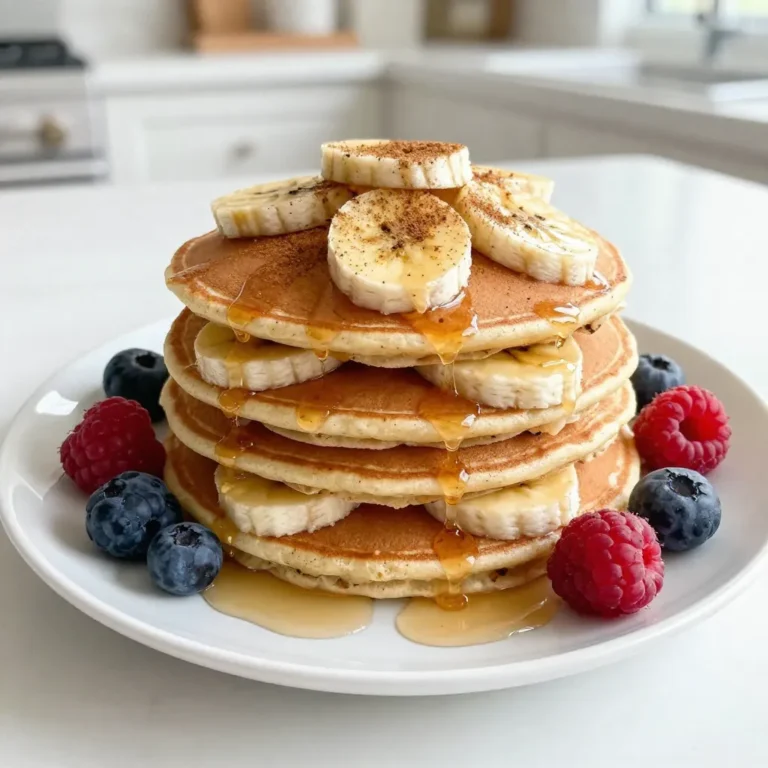 - 1 cup gluten-free rolled oats - 2 ripe bananas - 2 large eggs - 1/2 cup almond milk The main ingredients form the heart of your pancakes. The gluten-free rolled oats create a lovely texture. Ripe bananas add natural sweetness, making syrup less necessary. Eggs bind everything together, while almond milk gives a nice creaminess. - 1 tablespoon maple syrup - Coconut oil or unsalted butter for cooking You can add maple syrup for extra sweetness. If you prefer, use coconut oil or butter to cook the pancakes. These options enhance flavor and make cooking easier. - 1 teaspoon baking powder - 1/2 teaspoon ground cinnamon - A pinch of salt Baking powder makes your pancakes fluffy. Ground cinnamon adds warmth and flavor. A pinch of salt balances the sweetness. Together, they bring your pancakes to life. {{ingredient_image_2}} Start by blending the gluten-free rolled oats. Place them in a blender or food processor. Pulse until they turn into a fine, flour-like consistency. This oat flour is your pancake base. In a bowl, mix the oat flour with the mashed bananas. Then, add the eggs, almond milk, baking powder, ground cinnamon, and a pinch of salt. If you like, add maple syrup for sweetness. Blend this mixture until it is smooth and pourable. This batter should be thick but easy to pour. Preheat your skillet over medium heat. Add a small amount of coconut oil or butter to coat the skillet. Pour 1/4 cup of batter for each pancake. Cook for about 2-3 minutes. You will see bubbles on the surface when it is time to flip. Carefully turn each pancake using a spatula. Cook for another 2-3 minutes until they are golden brown. Transfer the pancakes to a plate and cover with foil to keep warm. Enjoy the wonderful aroma filling your kitchen! To get fluffy pancakes, let the batter rest for 5 minutes. This step helps thicken the batter. It makes the pancakes rise better when cooked. For cooking, use medium heat. If the skillet is too hot, the pancakes may burn. If it's too cool, they won't cook well. You want golden brown pancakes with a soft inside. For a pretty display, stack the pancakes high on a plate. Drizzle them with maple syrup for extra sweetness. Add fresh banana slices on top and a sprinkle of cinnamon. This makes your pancakes look appealing and taste great! For more color, serve with berries on the side. If you have leftover pancakes, store them in an airtight container. Keep them in the fridge for up to three days. You can also freeze them for up to a month. To reheat, use a microwave or a toaster. For the best texture, use a skillet on low heat. This keeps them warm and fluffy! Pro Tips Use Ripe Bananas: The riper the bananas, the sweeter your pancakes will be. Look for bananas with plenty of brown spots for maximum flavor! Experiment with Milk: While almond milk works great, feel free to use coconut milk or oat milk for a different flavor profile that complements the bananas. Adjust Thickness: If your batter is too thick, add a splash more milk. If it's too thin, add a bit more oat flour until you reach the desired consistency. Keep Pancakes Warm: If making multiple pancakes, keep them warm in an oven set to low heat (around 200°F/95°C) while you finish cooking the rest. {{image_4}} You can make these pancakes even more fun with flavor additions. Mix in chocolate chips for a sweet treat. Chopped nuts add crunch and healthy fats. You could also add a splash of vanilla extract to enhance the taste. These small changes make each pancake unique and exciting. If you need dairy-free options, switch out almond milk for oat or soy milk. Both work well and keep the pancakes moist. For a vegan twist, replace the eggs. You can use flaxseed meal mixed with water as a great egg substitute. This way, everyone can enjoy these tasty pancakes! Want to explore global flavors? Try adding spices like cardamom or nutmeg for an international flair. You could top the pancakes with yogurt and honey for a Middle Eastern touch. Consider serving them with fresh fruit syrup inspired by tropical countries. These ideas bring a world of flavors to your breakfast table! Oats are a great source of fiber. Fiber helps keep your heart healthy. It can lower cholesterol levels. This means oats can help reduce the risk of heart disease. They are naturally gluten-free. This makes them safe for people with gluten sensitivities. You can enjoy oats without worry. They also provide energy and keep you full longer. Bananas are packed with potassium. Potassium is vital for muscle function. It helps keep your heart strong. Eating bananas gives you a quick energy boost. They are also naturally sweet. This makes them a great choice for healthy eating. You can enjoy their taste without added sugars. Each serving of these pancakes has about 150 calories. This is lower than traditional pancakes. Regular pancakes can have over 300 calories. By using oats and bananas, you cut down on calories. You still get a tasty and filling meal. Enjoy these pancakes without the guilt! Using regular oats can pose a cross-contamination risk. Regular oats may contain gluten from processing. If you have gluten intolerance or celiac disease, stick to certified gluten-free oats. This ensures your pancakes stay safe and delicious. To make these pancakes vegan, replace the eggs with flax eggs. Mix one tablespoon of ground flaxseed with three tablespoons of water. Let it sit for five minutes to thicken. For milk, use almond milk or any plant-based milk. This way, you keep the taste and texture while making them vegan. If you lack almond milk, try oat milk or soy milk. Both options work well in pancakes. You can also use rice milk or coconut milk for a different flavor. Each alternative keeps your pancakes moist and tasty. To prevent sticking, heat your skillet over medium heat. Use a non-stick skillet for best results. Add a small amount of coconut oil or unsalted butter to coat the surface. Make sure the oil is hot before pouring in the batter. This helps create a lovely golden crust. To make gluten-free pancakes, you need simple, tasty ingredients. We discussed main items like oats and bananas. You learned step-by-step how to turn these into fluffy pancakes. Remember to let the batter rest for perfect texture. Don't forget the fun variations to suit your taste. These pancakes offer great nutrition with fiber and potassium, making them a healthy choice. Enjoy these pancakes for breakfast or any time. They're easy to make, healthy, and great for everyone. Try them out and share your own twists!