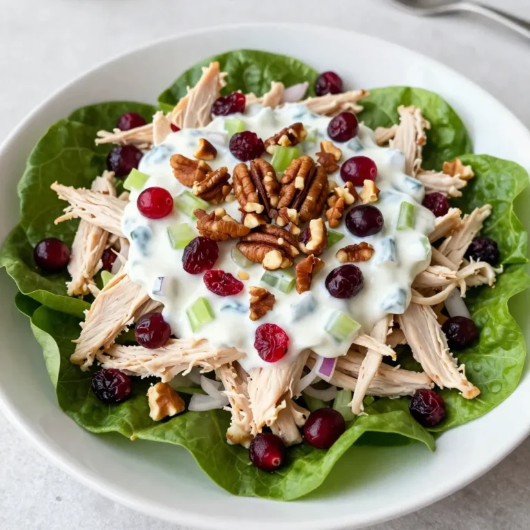 - 2 cups cooked chicken, shredded or cubed - 1 cup dried cranberries - 1/2 cup pecans, chopped - 1/2 cup celery, finely chopped - 1/4 cup red onion, finely chopped - 1/2 cup Greek yogurt - 1 tablespoon honey - 1 tablespoon Dijon mustard - Salt and black pepper to taste - Mixed greens - Optional garnishes The main ingredients in this salad give it a burst of flavor and texture. The cooked chicken serves as the base, providing protein that keeps you full. Dried cranberries add a sweet touch, while chopped pecans bring in a nice crunch. Finely chopped celery and red onion add freshness and a bit of bite. For the dressing, Greek yogurt makes it creamy and tangy. Honey sweetens it up nicely, while Dijon mustard adds a zesty kick. Don’t forget to season with salt and black pepper for more depth. When serving, I like to nestle the salad on a bed of mixed greens. This adds color and a fresh taste. You can also sprinkle some extra pecans and cranberries on top for a lovely garnish. Pair it with whole grain crackers or toasted bread for a satisfying meal. {{ingredient_image_2}} To start, shred or cube your cooked chicken. This gives a nice texture. Next, chop your pecans, celery, and red onion. Make sure the pieces are small. This helps them mix well in the salad. In a large bowl, combine the chicken, dried cranberries, chopped pecans, celery, and onion. Mix them together gently. You want all the flavors to blend well. This makes every bite tasty. In a small bowl, whisk together Greek yogurt, honey, Dijon mustard, salt, and pepper. Mix until it becomes smooth and creamy. This dressing adds richness to the salad. Drizzle it over the chicken mixture. Now, toss everything to coat the salad evenly with the dressing. Make sure all ingredients are covered. Then, chill the salad in the fridge for at least 30 minutes. This lets all the flavors meld together nicely. - Adjust seasoning to taste. After mixing, taste your salad. You might want more salt or pepper. - Let flavors meld by chilling. Cover the salad and chill it for at least 30 minutes. This makes all the tastes blend nicely. - Use extra pecans and cranberries for garnish. This makes your dish look more appealing and colorful. - Serve with whole grain crackers or toasted bread. The crunch adds a nice contrast to the soft salad. - Use leftover cooked chicken for convenience. It saves time and reduces waste. - Consider using rotisserie chicken. It’s already cooked and adds great flavor to your salad. Pro Tips Store it right: Keep your chicken salad in an airtight container in the fridge to maintain freshness for up to 3 days. Add a twist: For a zesty flavor, consider adding some fresh lemon juice or zest to the yogurt dressing. Protein boost: To make it even heartier, you can mix in some chickpeas or white beans for added protein and fiber. Versatile serving: This chicken salad can also be served as a filling for sandwiches or wraps, making it perfect for meal prep! {{image_4}} You can switch up the protein in your salad. Turkey makes a great substitute. It adds a nice flavor and keeps it lean. If you're looking for a quick option, use canned chicken. It saves time and works well in this dish. Tofu is another choice for a vegetarian twist. It absorbs flavors well and adds protein too. Want to boost the flavor? Add diced apples or grapes for a sweet crunch. They pair nicely with the tart cranberries. Fresh herbs can enhance your salad too. Try adding parsley or dill for a fresh taste. These additions can make the salad even more exciting. You can play with the dressing as well. Swap Greek yogurt for mayonnaise if you prefer a creamier texture. A vinaigrette can add a tangy kick, making it lighter. For something unique, try an avocado dressing. It gives a rich flavor and is packed with good fats. Store any leftover cranberry pecan chicken salad in an airtight container. This keeps the salad fresh. The optimal storage time is about three to four days in the fridge. After that, the flavors start to fade. I recommend checking for freshness before serving. Can you freeze chicken salad? Yes, but it may change the texture. If you want to freeze it, use a freezer-safe container. Make sure to leave some space for expansion. When thawing, place it in the fridge overnight. This keeps it safe and helps maintain flavor. Cold chicken salad tastes crisp and refreshing. The flavors meld well after chilling. However, if you serve it at room temperature, the taste changes slightly. The salad becomes softer, and the flavors may seem bolder. I suggest trying both ways to see what you prefer. You can keep Cranberry Pecan Chicken Salad in the fridge for up to three days. After that, the taste and texture may change. Always check for freshness before eating. Yes, you can make this salad ahead of time. It tastes even better after chilling for a few hours. Just cover it and store it in the fridge. Serve this salad on a bed of mixed greens. You can also add whole grain crackers or toasted bread. These options add a nice crunch. This salad is a healthy choice. It has lean protein from chicken and healthy fats from pecans. Greek yogurt adds creaminess with fewer calories than mayo. You can use fresh cranberries, but they will taste different. Fresh cranberries are tart and might need sugar to balance the flavor. Dried cranberries are sweeter and enhance the dish well. You now have a complete guide to making Cranberry Pecan Chicken Salad. We covered the key ingredients, easy steps to prepare, and various tips to enhance flavor. Consider using different proteins or dressings for more variety. Remember, store your leftovers properly and serve at the right temperature for the best taste. Enjoy this healthy, delicious salad as a meal or a side dish. This salad is perfect for any time!