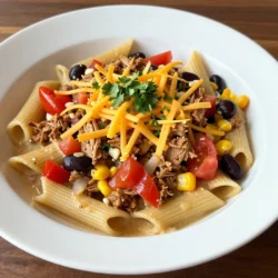 - 1 pound ground turkey or ground beef - 8 ounces penne pasta - 1 can (15 ounces) black beans, drained and rinsed The main ingredients form the heart of this dish. Ground turkey or beef gives the meal a rich, hearty base. I love using ground turkey for a leaner option. Penne pasta adds fun shapes that hold sauce well. Black beans boost protein and give a nice texture. This combo creates a filling and tasty meal. - Bell pepper variations - Types of cheese You can play with bell peppers to add color and flavor. Use green, red, or yellow for a twist. Cheese is also flexible. Cheddar, Monterey Jack, or Mexican blend all melt well. Choose your favorite to top off this dish. Both options let you customize the taste. - Olive oil - Taco seasoning - Canned tomatoes These pantry staples are key for flavor. Olive oil helps cook the veggies and meat. Taco seasoning packs a punch with spices. It ties all the flavors together. Canned tomatoes with green chilies add moisture and zest. Always keep these on hand for quick meals. {{ingredient_image_2}} - Saut&eacute; vegetables: In a large skillet, heat 1 tablespoon of olive oil over medium heat. Add 1 medium diced onion, 2 minced garlic cloves, and 1 diced bell pepper. Saut&eacute; for about 3-4 minutes until soft and fragrant. - Brown the meat: Next, add 1 pound of ground turkey or ground beef to the skillet. Use a spatula to break it apart. Cook the meat for 5-7 minutes. Stir occasionally until it is fully browned. - Add seasoning and liquids: Sprinkle 1 packet of taco seasoning over the meat. Stir well to mix the spices evenly. Then, add 1 cup of corn, 1 can of drained black beans, 1 can of diced tomatoes with green chilies, and 1 cup of beef or vegetable broth. Mix everything well. - Incorporate pasta: Bring the mixture to a gentle simmer. Add 8 ounces of penne pasta to the skillet. Stir to ensure the pasta is well mixed and submerged in the liquid. - Melt cheese and garnish: Cover the skillet with a lid. Let it cook for 12-15 minutes until the pasta is al dente. Once cooked, remove the skillet from heat. Sprinkle 1 cup of shredded cheese on top. Cover again and let it sit for 2-3 minutes until the cheese melts. - Serve warm: Garnish with freshly chopped cilantro. Season with salt and pepper to taste. Serve the dish warm in colorful bowls for a fun meal. - To ensure even cooking of pasta, stir it well in the skillet. - Use a timer to avoid overcooking the pasta. Test a piece to check doneness. - Adjust seasoning to taste. Start with less, then add more if needed. - Taste the mixture before serving to get the flavors just right. - Serve the taco pasta in colorful bowls. This makes it look fresh and fun. - Add an extra sprinkle of cheese and cilantro on top for a vibrant look. - Consider accompanying with tortilla chips or warm tortilla wraps. This adds to the fiesta feel. - For low-calorie substitutions, you can use ground turkey instead of beef. - Use whole wheat penne for added fiber and nutrition. - Try gluten-free pasta options if needed. This way, everyone can enjoy the dish. - Rinse and drain the black beans well to reduce sodium content. Pro Tips Use Lean Meat: Opt for lean ground turkey to reduce fat content without sacrificing flavor. Perfectly Cooked Pasta: Stir the pasta occasionally while it cooks to prevent sticking and ensure even cooking. Customize Your Spice Level: Adjust the amount of taco seasoning or add fresh jalape&ntilde;os for a spicier kick. Make It Vegetarian: Substitute ground turkey with lentils or mushrooms for a delicious vegetarian option. {{image_4}} You can change the protein in this dish. Ground turkey works well, but ground beef adds rich flavor. For a lighter option, use ground chicken. If you want a vegetarian meal, swap meat for extra beans or lentils. You can also use crumbled tofu for a plant-based choice. To give your dish more flavor, add spices like cumin or smoked paprika. Fresh herbs like cilantro or parsley can brighten the dish. For extra crunch, mix in corn chips or nuts. You can also add diced jalape&ntilde;os for some heat and texture. Try different pasta shapes like shells or rotini. These shapes hold sauce well and add fun to your meal. You can layer the pasta with tortilla chips for a crunchy topping. This adds a fiesta feel and makes each bite exciting. Enjoy your tasty dish in many ways! Store leftover Fiesta Taco Pasta Skillet in an airtight container. Keep it in the fridge. It stays fresh for up to three days. For longer storage, freeze portions in freezer bags. Remove as much air as possible. Label the bags with the date for easy tracking. To reheat, use the microwave or stovetop. For the microwave, heat in short bursts. Stir between intervals to ensure even heating. If using the stovetop, add a splash of broth to keep it moist. Heat on low and stir often. This keeps the pasta from getting too dry. In the fridge, the dish lasts about three days. Look for signs of spoilage like off smells or mold. If it develops a strange color or texture, it's best to toss it. For frozen portions, use within three months for the best taste. Can I make this vegetarian? Yes, you can make this dish vegetarian. Just replace the ground turkey or beef with a plant-based protein. Options like lentils, chickpeas, or a meat substitute work well. How do I make it spicier? To add heat, use spicy taco seasoning or add diced jalape&ntilde;os. You can also sprinkle red pepper flakes for extra kick. What can I use instead of ground turkey? You can use ground beef, chicken, or any ground meat you prefer. For a vegetarian option, try mushrooms or tempeh for texture. Can I use a different type of pasta? Absolutely! Feel free to swap the penne pasta with any pasta shape you like. Bowtie, rotini, or even spaghetti work great. Can I bake this dish? Yes, you can bake it! After cooking the skillet mixture, transfer it to a baking dish. Top with cheese and bake at 350&deg;F until bubbly. How do I adjust cook time for larger batches? If you make a larger batch, increase the cooking time slightly. Keep an eye on the pasta and stir more often to prevent sticking. This dish combines ground meat, pasta, and beans for a tasty meal. You learned how to saut&eacute; veggies, cook meat, and add pantry staples for flavor. Tips for presentation and making the dish healthier were shared. You can also try fun swaps and ways to serve. Remember, cooking is fun! Experiment and find your favorite variations. Enjoy your meal and the joy it brings.