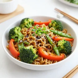 - 2 servings of ramen noodles - 1 tablespoon sesame oil Ramen noodles are the star of this dish. They cook fast and soak up flavors well. You can use any type of ramen you like. I prefer fresh noodles for a great texture. The sesame oil adds a lovely nutty taste and aroma. - 1 cup broccoli florets - 1 bell pepper, thinly sliced (any color) - 1 cup snap peas - 1 medium carrot, cut into thin julienne strips - 2 green onions, finely sliced - Fresh cilantro for garnish (optional) Fresh vegetables make this dish colorful and crunchy. Broccoli adds a nice bite, while bell peppers bring sweetness. Snap peas offer a crisp texture, and carrots give a pop of color. Green onions add a mild onion flavor. If you like, sprinkle fresh cilantro on top for an extra herbaceous touch. - &frac14; cup low-sodium soy sauce - 1 tablespoon honey or maple syrup - 1 teaspoon chili flakes (optional, for heat) - 2 tablespoons sesame seeds The soy sauce gives a savory base. Honey or maple syrup adds sweetness and balances the saltiness. Add chili flakes for a kick if you enjoy heat. Finally, sesame seeds add crunch and a nutty flavor to finish. {{ingredient_image_2}} Start by bringing a large pot of water to a full boil. Once boiling, add 2 servings of ramen noodles. Cook them for 3 to 4 minutes or until soft. After cooking, drain the noodles in a colander. Rinse them quickly under cold water to stop them from cooking more. Set the noodles aside for later. Next, take a large skillet or wok and heat 1 tablespoon of sesame oil over medium heat. Add 1 tablespoon of finely grated ginger and 2 minced garlic cloves. Stir constantly for about 1 minute. You want them to become fragrant and a light golden color. Now it's time to add the veggies. Carefully add 1 cup of broccoli florets, 1 sliced bell pepper, 1 cup of snap peas, and 1 thinly julienned carrot to the skillet. Stir-fry these on medium-high heat for about 5 to 7 minutes. Look for vibrant colors and a slight crunch in the veggies. In a small bowl, mix together &frac14; cup of low-sodium soy sauce, 1 tablespoon of honey or maple syrup, and 1 teaspoon of chili flakes if you want some heat. Pour this sauce over the cooked vegetables in the skillet. Mix well to coat all the veggies evenly. Gently add the cooked ramen noodles into the skillet with the veggies. Use tongs to toss everything together. Make sure the noodles get fully coated in the sauce and heated through, which should take about 2 to 3 minutes. Once done, take the skillet off the heat. Top your stir-fry with 2 sliced green onions and 2 tablespoons of sesame seeds. If you like, add fresh cilantro for a nice garnish. To boost the taste of your sesame ginger ramen stir-fry, focus on your ingredients. Use fresh ginger and garlic for a vibrant flavor. You can also add a splash of rice vinegar for acidity. If you like heat, sprinkle in extra chili flakes. A squeeze of lime juice at the end adds brightness. Experiment with different vegetables for a unique twist. Stir-frying is all about high heat and quick cooking. Start with a hot skillet or wok. This helps to sear the vegetables and keep them crunchy. Stir constantly to prevent burning. Keep your ingredients cut evenly for even cooking. Always add denser veggies, like carrots and broccoli, first. This ensures they cook through while others stay crisp. Serve your stir-fry in deep bowls. This helps keep the noodles and veggies in place. Top with sliced green onions and sesame seeds for a nice touch. For extra flavor, add fresh cilantro. You can also serve lime wedges on the side. This allows everyone to add a zest that brightens the dish. Enjoy your meal with chopsticks for a fun experience! Pro Tips Prep Your Ingredients First: Before you start cooking, make sure to chop all your vegetables and measure out your sauces. This will streamline the cooking process and ensure that everything cooks evenly. Customize Your Vegetables: Feel free to substitute vegetables based on what you have on hand or prefer. Zucchini, mushrooms, and spinach are great alternatives that will still work well in this dish. Adjust the Spice Level: If you're sensitive to heat, start with a smaller amount of chili flakes and gradually increase to your taste. You can also omit them entirely for a milder flavor. Make It a Meal: To turn this dish into a complete meal, consider adding some protein like chicken, tofu, or shrimp. Just cook the protein first, then add it before mixing in the noodles. {{image_4}} You can add protein to your stir-fry for more nutrition. Here are some options: - Chicken: Cook diced chicken breast until it&rsquo;s golden. - Tofu: Use firm tofu, cubed and saut&eacute;ed until crispy. - Shrimp: Add shrimp when you cook the veggies until pink. - Beef: Thinly slice beef and cook it fast for a tender result. Each of these proteins gives a different flavor and texture. Just cook them before adding veggies to the pan. Feel free to change up the veggies based on what you have. Here are some ideas: - Zucchini: Cut into half-moons for a fresh crunch. - Mushrooms: Use sliced mushrooms for a rich, earthy taste. - Spinach: Add fresh spinach at the end for quick wilting. - Cauliflower: Use florets for a hearty bite. These swaps keep the dish exciting and tailored to your tastes. You can easily change the sauce to suit your flavor goals. Here are some fun ideas: - Spicy: Add more chili flakes or some sriracha. - Sweet: Increase honey or maple syrup for extra sweetness. - Savory: Mix in a bit of oyster sauce for depth. - Tangy: A splash of rice vinegar gives a nice zing. Try these variations to create your own version of sesame ginger ramen stir-fry! You can store leftover sesame ginger ramen stir-fry in an airtight container. Keep it in the fridge for up to three days. Make sure to let it cool down before sealing the container. This helps keep the food fresh and safe. To reheat the stir-fry, put it in a skillet over medium heat. Add a splash of water or a bit of sesame oil. Stir regularly until heated through. You can also use the microwave. Place it in a microwave-safe bowl, cover it, and heat in short bursts of 30 seconds. Stir in between to ensure even heating. If you want to freeze the stir-fry, place it in a freezer-safe container. It will last for about two months in the freezer. To defrost, transfer it to the fridge overnight. Reheat as mentioned before for the best flavor and texture. Avoid freezing if you have added fresh herbs, as they lose quality when frozen. Yes, you can use other types of noodles. Try rice noodles or soba noodles. Both can add different textures and flavors. Cook them according to package instructions. Drain and rinse them just like ramen. This way, they won&rsquo;t stick together. To make this dish vegetarian, skip the honey. Use maple syrup instead. All the veggies are already plant-based. If you want, add tofu for protein. Just saut&eacute; the tofu until golden before adding it to the mix. If you don&rsquo;t have sesame oil, use olive oil or canola oil. They work well in stir-frying. You can also add a bit of toasted sesame seeds for flavor. This will give you a hint of that nutty taste. This stir-fry lasts about three days in the fridge. Store it in an airtight container. Reheat it on the stove or microwave. Add a splash of water to keep it moist when reheating. Enjoy your tasty leftovers! You now have all the steps to create a delicious stir-fry with ramen. We covered the key ingredients, cooking methods, and helpful tips to boost flavor. Mixing in different proteins or veggies can tailor the dish to your taste. Proper storage will keep your meals fresh and ready to enjoy later. Experiment and have fun in the kitchen with your new skills. Each meal can be unique and satisfying! Enjoy your tasty creations.