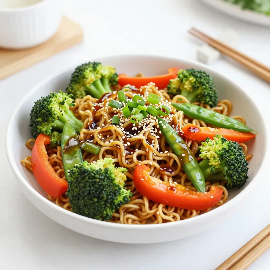 - 2 servings of ramen noodles - 1 tablespoon sesame oil Ramen noodles are the star of this dish. They cook fast and soak up flavors well. You can use any type of ramen you like. I prefer fresh noodles for a great texture. The sesame oil adds a lovely nutty taste and aroma. - 1 cup broccoli florets - 1 bell pepper, thinly sliced (any color) - 1 cup snap peas - 1 medium carrot, cut into thin julienne strips - 2 green onions, finely sliced - Fresh cilantro for garnish (optional) Fresh vegetables make this dish colorful and crunchy. Broccoli adds a nice bite, while bell peppers bring sweetness. Snap peas offer a crisp texture, and carrots give a pop of color. Green onions add a mild onion flavor. If you like, sprinkle fresh cilantro on top for an extra herbaceous touch. - ¼ cup low-sodium soy sauce - 1 tablespoon honey or maple syrup - 1 teaspoon chili flakes (optional, for heat) - 2 tablespoons sesame seeds The soy sauce gives a savory base. Honey or maple syrup adds sweetness and balances the saltiness. Add chili flakes for a kick if you enjoy heat. Finally, sesame seeds add crunch and a nutty flavor to finish. {{ingredient_image_2}} Start by bringing a large pot of water to a full boil. Once boiling, add 2 servings of ramen noodles. Cook them for 3 to 4 minutes or until soft. After cooking, drain the noodles in a colander. Rinse them quickly under cold water to stop them from cooking more. Set the noodles aside for later. Next, take a large skillet or wok and heat 1 tablespoon of sesame oil over medium heat. Add 1 tablespoon of finely grated ginger and 2 minced garlic cloves. Stir constantly for about 1 minute. You want them to become fragrant and a light golden color. Now it's time to add the veggies. Carefully add 1 cup of broccoli florets, 1 sliced bell pepper, 1 cup of snap peas, and 1 thinly julienned carrot to the skillet. Stir-fry these on medium-high heat for about 5 to 7 minutes. Look for vibrant colors and a slight crunch in the veggies. In a small bowl, mix together ¼ cup of low-sodium soy sauce, 1 tablespoon of honey or maple syrup, and 1 teaspoon of chili flakes if you want some heat. Pour this sauce over the cooked vegetables in the skillet. Mix well to coat all the veggies evenly. Gently add the cooked ramen noodles into the skillet with the veggies. Use tongs to toss everything together. Make sure the noodles get fully coated in the sauce and heated through, which should take about 2 to 3 minutes. Once done, take the skillet off the heat. Top your stir-fry with 2 sliced green onions and 2 tablespoons of sesame seeds. If you like, add fresh cilantro for a nice garnish. To boost the taste of your sesame ginger ramen stir-fry, focus on your ingredients. Use fresh ginger and garlic for a vibrant flavor. You can also add a splash of rice vinegar for acidity. If you like heat, sprinkle in extra chili flakes. A squeeze of lime juice at the end adds brightness. Experiment with different vegetables for a unique twist. Stir-frying is all about high heat and quick cooking. Start with a hot skillet or wok. This helps to sear the vegetables and keep them crunchy. Stir constantly to prevent burning. Keep your ingredients cut evenly for even cooking. Always add denser veggies, like carrots and broccoli, first. This ensures they cook through while others stay crisp. Serve your stir-fry in deep bowls. This helps keep the noodles and veggies in place. Top with sliced green onions and sesame seeds for a nice touch. For extra flavor, add fresh cilantro. You can also serve lime wedges on the side. This allows everyone to add a zest that brightens the dish. Enjoy your meal with chopsticks for a fun experience! Pro Tips Prep Your Ingredients First: Before you start cooking, make sure to chop all your vegetables and measure out your sauces. This will streamline the cooking process and ensure that everything cooks evenly. Customize Your Vegetables: Feel free to substitute vegetables based on what you have on hand or prefer. Zucchini, mushrooms, and spinach are great alternatives that will still work well in this dish. Adjust the Spice Level: If you're sensitive to heat, start with a smaller amount of chili flakes and gradually increase to your taste. You can also omit them entirely for a milder flavor. Make It a Meal: To turn this dish into a complete meal, consider adding some protein like chicken, tofu, or shrimp. Just cook the protein first, then add it before mixing in the noodles. {{image_4}} You can add protein to your stir-fry for more nutrition. Here are some options: - Chicken: Cook diced chicken breast until it’s golden. - Tofu: Use firm tofu, cubed and sautéed until crispy. - Shrimp: Add shrimp when you cook the veggies until pink. - Beef: Thinly slice beef and cook it fast for a tender result. Each of these proteins gives a different flavor and texture. Just cook them before adding veggies to the pan. Feel free to change up the veggies based on what you have. Here are some ideas: - Zucchini: Cut into half-moons for a fresh crunch. - Mushrooms: Use sliced mushrooms for a rich, earthy taste. - Spinach: Add fresh spinach at the end for quick wilting. - Cauliflower: Use florets for a hearty bite. These swaps keep the dish exciting and tailored to your tastes. You can easily change the sauce to suit your flavor goals. Here are some fun ideas: - Spicy: Add more chili flakes or some sriracha. - Sweet: Increase honey or maple syrup for extra sweetness. - Savory: Mix in a bit of oyster sauce for depth. - Tangy: A splash of rice vinegar gives a nice zing. Try these variations to create your own version of sesame ginger ramen stir-fry! You can store leftover sesame ginger ramen stir-fry in an airtight container. Keep it in the fridge for up to three days. Make sure to let it cool down before sealing the container. This helps keep the food fresh and safe. To reheat the stir-fry, put it in a skillet over medium heat. Add a splash of water or a bit of sesame oil. Stir regularly until heated through. You can also use the microwave. Place it in a microwave-safe bowl, cover it, and heat in short bursts of 30 seconds. Stir in between to ensure even heating. If you want to freeze the stir-fry, place it in a freezer-safe container. It will last for about two months in the freezer. To defrost, transfer it to the fridge overnight. Reheat as mentioned before for the best flavor and texture. Avoid freezing if you have added fresh herbs, as they lose quality when frozen. Yes, you can use other types of noodles. Try rice noodles or soba noodles. Both can add different textures and flavors. Cook them according to package instructions. Drain and rinse them just like ramen. This way, they won’t stick together. To make this dish vegetarian, skip the honey. Use maple syrup instead. All the veggies are already plant-based. If you want, add tofu for protein. Just sauté the tofu until golden before adding it to the mix. If you don’t have sesame oil, use olive oil or canola oil. They work well in stir-frying. You can also add a bit of toasted sesame seeds for flavor. This will give you a hint of that nutty taste. This stir-fry lasts about three days in the fridge. Store it in an airtight container. Reheat it on the stove or microwave. Add a splash of water to keep it moist when reheating. Enjoy your tasty leftovers! You now have all the steps to create a delicious stir-fry with ramen. We covered the key ingredients, cooking methods, and helpful tips to boost flavor. Mixing in different proteins or veggies can tailor the dish to your taste. Proper storage will keep your meals fresh and ready to enjoy later. Experiment and have fun in the kitchen with your new skills. Each meal can be unique and satisfying! Enjoy your tasty creations.
