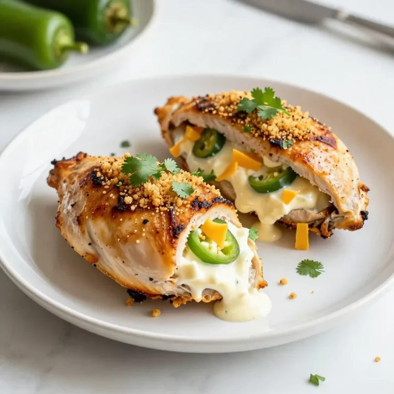 To make Jalapeño Popper Stuffed Chicken, you will need: - 4 boneless, skinless chicken breasts - 4 oz cream cheese, softened at room temperature - 1 cup shredded sharp cheddar cheese - 1/2 cup jalapeños, seeded and finely diced (fresh or pickled) - 1/4 cup breadcrumbs (preferably panko for extra crunch) - 2 tablespoons olive oil - 1 teaspoon garlic powder - 1 teaspoon onion powder - Salt and pepper to taste - Optional: Fresh cilantro or parsley chopped, for garnish You can swap some ingredients for different options. Here are a few ideas: - Use low-fat cream cheese for a lighter version. - Swap cheddar cheese for pepper jack for extra heat. - Replace breadcrumbs with crushed tortilla chips for a unique crunch. - If you don't have jalapeños, you can use diced bell peppers for a milder taste. Using fresh, quality ingredients makes a big difference in flavor. Fresh chicken breasts ensure moist, tender meat. Good cream cheese and cheddar provide rich, creamy filling. Fresh jalapeños give a nice kick. Always choose the best you can find. This investment pays off with every bite of your delicious dish. {{ingredient_image_2}} Start by preheating your oven to 375°F (190°C). This step helps the chicken cook perfectly. Next, take your chicken breasts and lay them flat on a cutting board. Carefully slice a pocket into the thickest side of each breast. Make sure not to cut through to the other side. You want a deep pocket that holds the filling securely. In a medium bowl, mix together the softened cream cheese, shredded cheddar cheese, and diced jalapeños. Add garlic powder, onion powder, and a pinch of salt and pepper. Stir well until everything blends into a creamy filling. This mixture gives your chicken a spicy and cheesy burst of flavor. Now it’s time to stuff the chicken. Use a spoon or your fingers to fill each pocket with the jalapeño cheese mixture. Be careful not to overstuff, or it may spill out during cooking. If needed, use toothpicks to secure the openings of the stuffed chicken. This keeps the filling inside while cooking. To get a nice crust, heat olive oil in a large skillet over medium heat. Once hot, add the stuffed chicken breasts. Sear for about 3-4 minutes on each side until they turn golden brown. After searing, transfer the chicken to a baking dish and place it in the oven. Bake for 25-30 minutes. Make sure the chicken reaches an internal temperature of 165°F (74°C). Let it rest for about 5 minutes after baking for the best flavor. To avoid overstuffing your chicken, start with a small amount of filling. Use about two tablespoons for each chicken breast. You want enough to fill the pocket, but not so much that it spills out. If you find the filling is oozing, it’s a sign you’ve added too much. Keep it simple to ensure a neat presentation. For even cooking, make sure your chicken breasts are of similar size. If they vary, larger pieces may not cook fully while smaller ones can dry out. You can also pound them to an even thickness. This helps all parts cook at the same rate. Use a meat thermometer to check that the internal temperature reaches 165°F (74°C) for safe eating. To keep your chicken juicy, don’t skip the resting step after cooking. Letting the chicken rest for about five minutes allows the juices to redistribute. Also, be careful not to overcook. Use a timer and monitor closely. Searing the chicken first helps lock in moisture, creating a tasty crust that holds in flavor. Pro Tips Use Fresh Jalapeños: For the best flavor and heat, opt for fresh jalapeños when making the filling. If you prefer a milder taste, use fewer jalapeños or remove the seeds and membranes. Seal the Chicken Properly: Ensure the chicken pocket is sealed well either by using toothpicks or kitchen twine. This prevents the filling from leaking during cooking and keeps the flavors intact. Let it Rest: Allow the stuffed chicken to rest for about 5 minutes after baking. This resting period helps the juices redistribute, resulting in a juicier and more flavorful chicken. Experiment with Cheese: Feel free to mix different types of cheese in your filling. Cream cheese and cheddar work well together, but adding pepper jack or mozzarella can give it an extra kick or creaminess. {{image_4}} You can switch the cheese in this recipe. Cream cheese is great, but try others! Mozzarella adds a stretchy, chewy bite. Pepper jack gives a nice kick. For a tangy twist, use goat cheese. Each choice changes the taste and texture. Mix and match to find your favorite! Want more heat? Add more jalapeños or use spicy peppers. You could also sprinkle in some cayenne pepper. If you prefer mild, use less jalapeño or pickled peppers. Adjust the spices to match your taste. Balance is key to enjoy every bite! You can get creative with the stuffing. Consider adding cooked bacon for a smoky flavor. Spinach or other veggies can add color and nutrition. For a Mediterranean twist, try sun-dried tomatoes and feta. The options are endless! Experiment and make this dish your own. To keep your leftover Jalapeño Popper Stuffed Chicken fresh, let it cool first. Place the chicken in an airtight container. You can store it in the fridge for up to 3 days. If you want to keep it longer, consider freezing it. When you’re ready to enjoy the leftovers, reheat them gently. Preheat your oven to 350°F (175°C). Place the chicken in an oven-safe dish. Cover it with foil to keep it moist. Heat for about 15-20 minutes, or until warmed through. You can also use a microwave. Heat it in short bursts to avoid drying it out. To freeze your stuffed chicken, wrap each piece tightly in plastic wrap. Then, place them in a freezer-safe bag. Make sure to remove as much air as possible. You can freeze them for up to 3 months. When you’re ready to eat, thaw them in the fridge overnight before reheating. To check if the chicken is done, use a meat thermometer. The chicken should reach 165°F (74°C). Insert the thermometer into the thickest part of the chicken. If it hits this number, your chicken is safe to eat. If not, return it to the oven for a bit longer. The juices should run clear when you cut into it. If you see pink juices or meat, it needs more time. Always let the chicken rest for 5 minutes after cooking. This helps keep it juicy. Yes, you can use skin-on chicken breasts. The skin adds flavor and texture. It will also keep the chicken moist while cooking. Just make sure you adjust the cooking time slightly. Skin-on breasts may take a few minutes longer to cook through. Searing the skin side first gives a nice crispy layer. Just remember to check the internal temperature as you cook. This dish pairs well with several sides. Here are some tasty ideas: - Sautéed vegetables like zucchini or bell peppers - A fresh green salad with avocado and lime dressing - Creamy mashed potatoes or garlic mashed cauliflower - Rice or quinoa for a heartier option These sides complement the rich, cheesy flavors of the stuffed chicken. Enjoy mixing and matching to find your favorite combo! In this blog post, we covered everything about making Jalapeño Popper Stuffed Chicken. We listed the best ingredients and their substitutes, and shared the importance of using quality items. I gave step-by-step details on prepping, stuffing, and cooking. You also found tips to avoid mistakes and ways to store leftovers. Remember, a few swaps or variations can change a dish. Enjoy the cooking process, and don’t hesitate to try new flavors. You can create a delicious meal any time!
