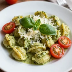 To create this dish, you'll need: - 1 pound store-bought potato gnocchi - 1 cup basil pesto (store-bought or homemade) - 1 cup heavy cream - 1/2 cup grated Parmesan cheese - 2 tablespoons extra virgin olive oil - 2 cloves garlic, finely minced - Sea salt and freshly cracked black pepper to taste - Fresh basil leaves for garnishing These ingredients blend together to form a rich, creamy delight that will make your taste buds sing. You can customize your creamy pesto gnocchi by adding: - 1 cup cherry tomatoes, halved - Fresh spinach or arugula for extra greens - Toasted pine nuts for a crunchy texture These add-ins can bring extra flavor and color to your dish, making it even more appealing. If you have specific needs, don&rsquo;t worry. You can adjust the recipe: - Use gluten-free gnocchi for a gluten-free option. - Swap heavy cream with coconut cream for a dairy-free version. - Replace Parmesan with nutritional yeast for a vegan alternative. These substitutions let you enjoy creamy pesto gnocchi while catering to dietary restrictions. {{ingredient_image_2}} To start, grab a large pot and fill it with water. Make sure to add a good amount of salt. Bring the water to a lively boil. Once it bubbles, carefully add the pound of potato gnocchi. Cook them according to the package. This usually takes about 2 to 3 minutes. Watch closely! They&rsquo;re done when they float to the top. Drain the gnocchi in a colander and let them sit for a moment. This helps any extra water escape. Next, take a big skillet and pour in the olive oil. Set the heat to medium until the oil shimmers. Add two minced garlic cloves and stir them for about 30 seconds. Be careful not to let the garlic burn; we want that nice aroma! Now, lower the heat and pour in 1 cup of heavy cream. Stir it for 1 to 2 minutes until it warms up. Gradually add in 1 cup of basil pesto. Mix it well until the sauce becomes rich and creamy. Now comes the fun part! Gently add the cooked gnocchi to the skillet with the sauce. Sprinkle in half a cup of grated Parmesan cheese over the top. Carefully toss everything together. Make sure each piece of gnocchi is coated in that delicious creamy pesto. Taste your dish and season it with sea salt and freshly cracked black pepper as you like. If the sauce feels thick, add a splash of the reserved gnocchi cooking water. This helps achieve that perfect creaminess. To make gnocchi truly shine, start with the right cooking method. Use a large pot of salted water. Bring it to a boil before adding the gnocchi. Cook them until they float, about 2-3 minutes. This shows they are ready. Make sure to drain them well. Excess water can make your dish runny. If you want extra fluff, consider making your gnocchi from scratch. Use light hands when mixing the dough. Overworking it can lead to dense gnocchi. Using fresh ingredients can take your creamy pesto gnocchi to new heights. Start with fresh basil for your pesto. If you can, make your own for a bright taste. Fresh garlic also adds a nice kick. Don't skip the Parmesan cheese; it brings a rich flavor. You can also add halved cherry tomatoes for a pop of freshness. They contrast well with the creamy sauce. Lastly, always taste your dish before serving. Adjust the seasoning to your liking with sea salt and pepper. For those busy days, you can prepare some parts ahead. Cook your gnocchi and store them in the fridge. They last for 1-2 days. You can also make your creamy pesto sauce ahead of time. Just store it in an airtight container. When ready to eat, heat the sauce, add the gnocchi, and combine. This saves time and still gives you that fresh taste. You can also freeze the sauce. Just remember to thaw it before use. Enjoy your creamy pesto gnocchi even on the busiest nights! Pro Tips Use Fresh Pesto: If you have the time, making homemade pesto will elevate the flavor of your dish significantly. Fresh basil, garlic, nuts, and cheese combined with quality olive oil create a vibrant sauce. Don&rsquo;t Overcook the Gnocchi: Keep a close eye on the gnocchi while cooking. They are done as soon as they float to the top, which usually takes just 2-3 minutes. Overcooking can result in a mushy texture. Adjust Creaminess: If the sauce is too thick for your liking, add a splash of the reserved gnocchi cooking water to loosen it up. This also helps to bring all the flavors together. Garnish for Freshness: Adding fresh basil leaves and cherry tomatoes not only enhances the presentation but also provides a refreshing contrast to the creamy sauce. {{image_4}} You can choose between store-bought or homemade pesto. Store-bought pesto saves time and still tastes great. Look for a brand that uses fresh ingredients. If you want to make it yourself, blend fresh basil, pine nuts, garlic, Parmesan, and olive oil in a food processor. Each option gives you a different flavor. Homemade pesto has a bright, fresh taste that&rsquo;s hard to beat. To make this dish vegetarian, simply use a cheese that fits your diet. For a vegan version, swap out the heavy cream with coconut cream or cashew cream. Replace Parmesan cheese with nutritional yeast or a vegan cheese alternative. These changes keep the dish creamy and delicious without animal products. Adding seasonal vegetables boosts flavor and nutrition. In spring, toss in fresh peas or asparagus. Summer is perfect for cherry tomatoes or zucchini. In fall, roasted butternut squash adds sweetness. Winter calls for hearty greens like kale or spinach. This way, you create a colorful, tasty dish that changes with the seasons. After you enjoy creamy pesto gnocchi, store leftovers in an airtight container. Let the dish cool to room temperature before sealing. Place it in the fridge, where it will stay fresh for about 3 days. Keeping it sealed helps prevent it from drying out. When you're ready to eat your leftovers, reheat gently. Use a skillet over low heat to keep the creaminess. Add a splash of water or cream to help revive the sauce. Stir often to ensure even heating. This way, your gnocchi stays soft and creamy. If you want to save gnocchi for later, freezing works well. Portion the dish into freezer-safe bags or containers. Seal tightly to avoid freezer burn. It can last up to 2 months in the freezer. To reheat, thaw overnight in the fridge before warming on the stove. This helps maintain the texture and flavor. You cook store-bought gnocchi for about 2-3 minutes. They are ready when they float to the top. This quick cooking time makes them easy to prepare. Just remember to keep an eye on them so they don&rsquo;t overcook. Yes, you can use different cheeses. Try mozzarella or goat cheese for a new taste. Each cheese brings its own flavor and texture. Just ensure it melts well to blend with the creamy sauce. This choice allows you to personalize your dish. Creamy pesto gnocchi pairs well with a fresh salad or garlic bread. You can also serve it with grilled chicken or roasted vegetables for extra flavor. The bright, fresh flavors enhance the meal, making it more satisfying. Feel free to mix and match sides to suit your taste! In this article, we covered how to make creamy pesto gnocchi. We explored key ingredients, cooking steps, and useful tips. You learned about different variations and how to store leftovers. This dish is tasty and easy to customize. With fresh ingredients and helpful tricks, you can impress anyone. Enjoy your cooking, and remember, making this dish is fun and rewarding.