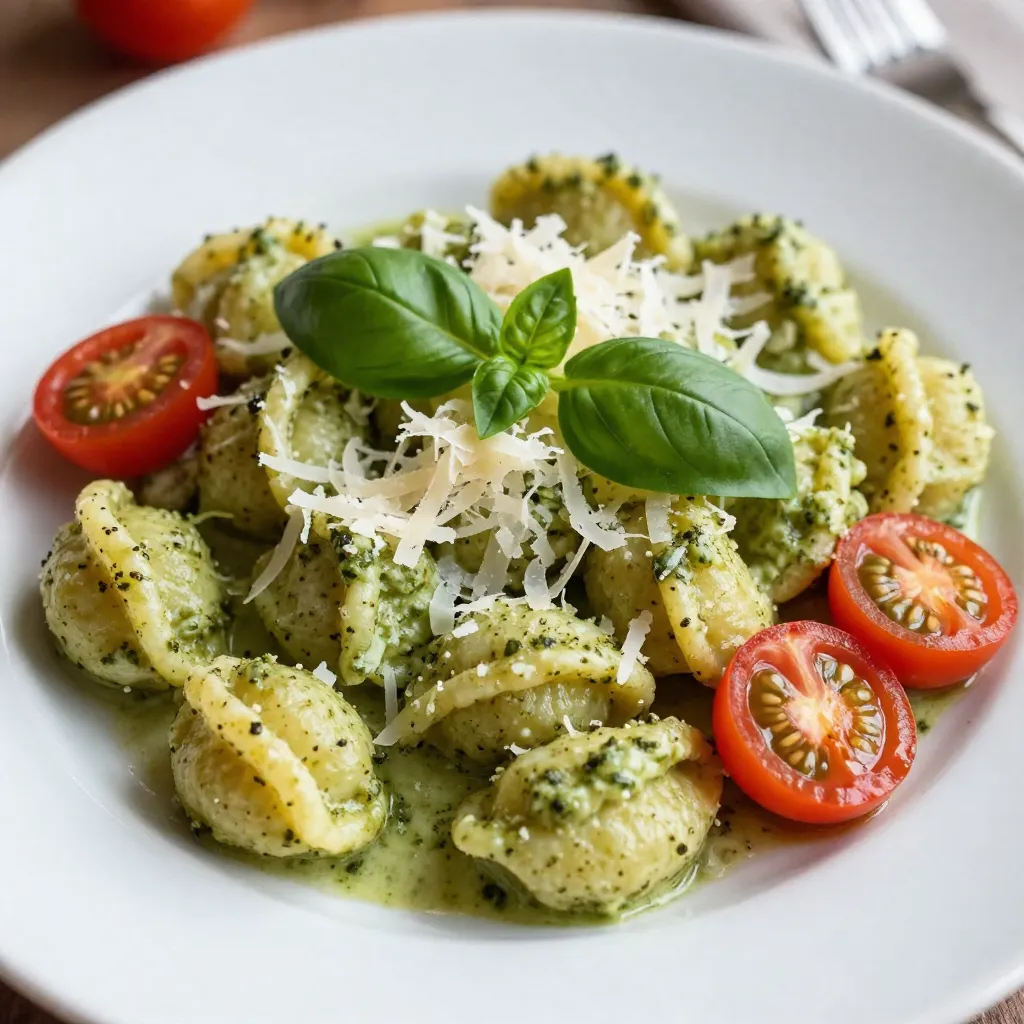 To create this dish, you'll need: - 1 pound store-bought potato gnocchi - 1 cup basil pesto (store-bought or homemade) - 1 cup heavy cream - 1/2 cup grated Parmesan cheese - 2 tablespoons extra virgin olive oil - 2 cloves garlic, finely minced - Sea salt and freshly cracked black pepper to taste - Fresh basil leaves for garnishing These ingredients blend together to form a rich, creamy delight that will make your taste buds sing. You can customize your creamy pesto gnocchi by adding: - 1 cup cherry tomatoes, halved - Fresh spinach or arugula for extra greens - Toasted pine nuts for a crunchy texture These add-ins can bring extra flavor and color to your dish, making it even more appealing. If you have specific needs, don’t worry. You can adjust the recipe: - Use gluten-free gnocchi for a gluten-free option. - Swap heavy cream with coconut cream for a dairy-free version. - Replace Parmesan with nutritional yeast for a vegan alternative. These substitutions let you enjoy creamy pesto gnocchi while catering to dietary restrictions. {{ingredient_image_2}} To start, grab a large pot and fill it with water. Make sure to add a good amount of salt. Bring the water to a lively boil. Once it bubbles, carefully add the pound of potato gnocchi. Cook them according to the package. This usually takes about 2 to 3 minutes. Watch closely! They’re done when they float to the top. Drain the gnocchi in a colander and let them sit for a moment. This helps any extra water escape. Next, take a big skillet and pour in the olive oil. Set the heat to medium until the oil shimmers. Add two minced garlic cloves and stir them for about 30 seconds. Be careful not to let the garlic burn; we want that nice aroma! Now, lower the heat and pour in 1 cup of heavy cream. Stir it for 1 to 2 minutes until it warms up. Gradually add in 1 cup of basil pesto. Mix it well until the sauce becomes rich and creamy. Now comes the fun part! Gently add the cooked gnocchi to the skillet with the sauce. Sprinkle in half a cup of grated Parmesan cheese over the top. Carefully toss everything together. Make sure each piece of gnocchi is coated in that delicious creamy pesto. Taste your dish and season it with sea salt and freshly cracked black pepper as you like. If the sauce feels thick, add a splash of the reserved gnocchi cooking water. This helps achieve that perfect creaminess. To make gnocchi truly shine, start with the right cooking method. Use a large pot of salted water. Bring it to a boil before adding the gnocchi. Cook them until they float, about 2-3 minutes. This shows they are ready. Make sure to drain them well. Excess water can make your dish runny. If you want extra fluff, consider making your gnocchi from scratch. Use light hands when mixing the dough. Overworking it can lead to dense gnocchi. Using fresh ingredients can take your creamy pesto gnocchi to new heights. Start with fresh basil for your pesto. If you can, make your own for a bright taste. Fresh garlic also adds a nice kick. Don't skip the Parmesan cheese; it brings a rich flavor. You can also add halved cherry tomatoes for a pop of freshness. They contrast well with the creamy sauce. Lastly, always taste your dish before serving. Adjust the seasoning to your liking with sea salt and pepper. For those busy days, you can prepare some parts ahead. Cook your gnocchi and store them in the fridge. They last for 1-2 days. You can also make your creamy pesto sauce ahead of time. Just store it in an airtight container. When ready to eat, heat the sauce, add the gnocchi, and combine. This saves time and still gives you that fresh taste. You can also freeze the sauce. Just remember to thaw it before use. Enjoy your creamy pesto gnocchi even on the busiest nights! Pro Tips Use Fresh Pesto: If you have the time, making homemade pesto will elevate the flavor of your dish significantly. Fresh basil, garlic, nuts, and cheese combined with quality olive oil create a vibrant sauce. Don’t Overcook the Gnocchi: Keep a close eye on the gnocchi while cooking. They are done as soon as they float to the top, which usually takes just 2-3 minutes. Overcooking can result in a mushy texture. Adjust Creaminess: If the sauce is too thick for your liking, add a splash of the reserved gnocchi cooking water to loosen it up. This also helps to bring all the flavors together. Garnish for Freshness: Adding fresh basil leaves and cherry tomatoes not only enhances the presentation but also provides a refreshing contrast to the creamy sauce. {{image_4}} You can choose between store-bought or homemade pesto. Store-bought pesto saves time and still tastes great. Look for a brand that uses fresh ingredients. If you want to make it yourself, blend fresh basil, pine nuts, garlic, Parmesan, and olive oil in a food processor. Each option gives you a different flavor. Homemade pesto has a bright, fresh taste that’s hard to beat. To make this dish vegetarian, simply use a cheese that fits your diet. For a vegan version, swap out the heavy cream with coconut cream or cashew cream. Replace Parmesan cheese with nutritional yeast or a vegan cheese alternative. These changes keep the dish creamy and delicious without animal products. Adding seasonal vegetables boosts flavor and nutrition. In spring, toss in fresh peas or asparagus. Summer is perfect for cherry tomatoes or zucchini. In fall, roasted butternut squash adds sweetness. Winter calls for hearty greens like kale or spinach. This way, you create a colorful, tasty dish that changes with the seasons. After you enjoy creamy pesto gnocchi, store leftovers in an airtight container. Let the dish cool to room temperature before sealing. Place it in the fridge, where it will stay fresh for about 3 days. Keeping it sealed helps prevent it from drying out. When you're ready to eat your leftovers, reheat gently. Use a skillet over low heat to keep the creaminess. Add a splash of water or cream to help revive the sauce. Stir often to ensure even heating. This way, your gnocchi stays soft and creamy. If you want to save gnocchi for later, freezing works well. Portion the dish into freezer-safe bags or containers. Seal tightly to avoid freezer burn. It can last up to 2 months in the freezer. To reheat, thaw overnight in the fridge before warming on the stove. This helps maintain the texture and flavor. You cook store-bought gnocchi for about 2-3 minutes. They are ready when they float to the top. This quick cooking time makes them easy to prepare. Just remember to keep an eye on them so they don’t overcook. Yes, you can use different cheeses. Try mozzarella or goat cheese for a new taste. Each cheese brings its own flavor and texture. Just ensure it melts well to blend with the creamy sauce. This choice allows you to personalize your dish. Creamy pesto gnocchi pairs well with a fresh salad or garlic bread. You can also serve it with grilled chicken or roasted vegetables for extra flavor. The bright, fresh flavors enhance the meal, making it more satisfying. Feel free to mix and match sides to suit your taste! In this article, we covered how to make creamy pesto gnocchi. We explored key ingredients, cooking steps, and useful tips. You learned about different variations and how to store leftovers. This dish is tasty and easy to customize. With fresh ingredients and helpful tricks, you can impress anyone. Enjoy your cooking, and remember, making this dish is fun and rewarding.
