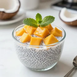 Chia seeds are tiny powerhouses. They soak up liquid and grow in size. This makes the pudding thick and creamy. They also add fiber and protein to the dish. Each serving gives you energy and helps keep you full. You will need 1/2 cup of chia seeds for this recipe. Coconut milk adds a rich flavor to the pudding. You can choose between canned or carton coconut milk. Canned coconut milk is thicker and creamier. It works well for a rich taste. Carton coconut milk is lighter and often has added water. It is great if you want a less heavy pudding. For this recipe, use 2 cups of coconut milk. Sweeteners can change the taste of your pudding. Maple syrup gives a warm flavor. It has antioxidants and is vegan-friendly. Honey adds a floral sweetness and has natural health benefits. You can use either, but I suggest starting with 2 tablespoons. Adjust the amount to match your taste. A pinch of salt helps balance the sweetness, making each bite delightful! {{ingredient_image_2}} To start, grab a large mixing bowl. Add the chia seeds, coconut milk, maple syrup (or honey), vanilla extract, and a pinch of salt. Whisk it all together until everything blends well. You want no clumps left. This mixture needs to be creamy and smooth. After whisking, let the mixture rest for about 5 minutes. This step is key. The chia seeds will soak up some of the liquid. After the time is up, whisk again to break up any clumps. This makes sure your pudding stays nice and smooth. Next, cover the bowl with plastic wrap or use a jar with a tight lid. Place it in the fridge for at least 4 hours, but overnight is best. This chilling time allows the chia seeds to swell. They turn into a creamy, pudding-like texture that tastes amazing. If you need to, stir in more coconut milk later to get the right thickness. To get the right texture, start with the right chia seed amount. Use 1/2 cup of chia seeds for every 2 cups of coconut milk. This ratio gives you a thick, creamy pudding. If your pudding is too thick, just stir in more coconut milk. If it's too runny, add a bit more chia seeds. Let it rest for five minutes before whisking again. This allows the seeds to absorb the liquid. For a beautiful presentation, layer the pudding in clear glasses. Start with a spoonful of pudding, then add diced mango. Repeat the layers. This shows off the colors and makes it look fancy. Top each glass with fresh mint leaves and extra mango pieces. This adds a pop of color and a refreshing taste. One common mistake is not whisking well enough. Make sure to whisk the mixture thoroughly to avoid clumps. Another mistake is skipping the resting time. Allow the pudding to sit for at least four hours or overnight. This helps the chia seeds swell properly. Lastly, don&rsquo;t forget to taste it! Adjust the sweetness with more maple syrup or honey if needed. Pro Tips Tip for Perfect Texture: To achieve the best pudding consistency, ensure that you whisk the mixture well after adding the chia seeds and again after resting. This prevents clumps from forming. Tip for Sweetness: Adjust the amount of maple syrup or honey based on the sweetness of your mango. Taste the mixture before refrigerating to find your perfect balance. Tip for Serving: For an elegant presentation, consider layering your chia pudding with the diced mango in clear glasses to showcase the vibrant colors. Tip for Flavor Boost: Add a pinch of cardamom or a splash of lime juice to the pudding for a unique flavor twist that complements the mango and coconut beautifully. {{image_4}} You can mix things up with your mango coconut chia pudding. Try using other fruits. Berries like strawberries, blueberries, or raspberries add a burst of color and taste. Bananas bring a creamy texture. Pineapple chunks give a tropical twist. You can even combine fruits for a fun surprise. Just remember to keep your fruit fresh and ripe for the best flavor. This recipe is already dairy-free and vegan, thanks to coconut milk. If you want even more options, use almond milk or oat milk. Both add a nice flavor without dairy. Make sure to check that any sweetener you use is vegan if that matters to you. You can boost the flavor of your pudding with some extras. A dash of cinnamon or nutmeg can add warmth. For a chocolate kick, mix in cocoa powder. If you like nuts, sprinkle in some chopped almonds or walnuts for crunch. You can also add a spoonful of nut butter for creaminess. These additions make your pudding even more exciting and tasty! To store leftover mango coconut chia pudding, use a clean container. Make sure it has a lid to keep air out. Place the pudding in the fridge right away. This helps keep it fresh and tasty. I suggest using glass jars or plastic containers with tight lids. Glass jars let you see the pudding. They also keep it fresh longer. If you use plastic, ensure it is BPA-free. This choice is safer for your health. The chia pudding lasts about 3 to 5 days in the fridge. After that, check for signs of spoilage. Look for changes in smell, color, or texture. If it smells sour or looks watery, it&rsquo;s best to toss it. Always trust your senses when deciding if food is still safe to eat. Yes, you can use regular milk if you prefer. However, coconut milk gives a rich taste. It also adds a nice tropical flavor. If you want a lighter pudding, try almond or oat milk. These options work well too. Just remember, the texture may change a bit. The chia pudding lasts about 4 to 5 days in the fridge. Make sure to store it in a tight container. This helps keep it fresh. If you see any changes in color or smell, it&rsquo;s best to throw it out. Always check before you eat. Yes, this recipe is perfect for meal prep. You can make it ahead of time. Just prepare the pudding and store it in jars. It&rsquo;s a great grab-and-go breakfast or snack. You can also layer it with mango just before serving. This keeps it looking fresh and tasty! Chia pudding is easy to make with just a few key ingredients. We talked about the benefits of chia seeds, choosing coconut milk, and the best sweeteners. The right steps and tips help you create a smooth pudding, while variations let you get creative with flavors. Proper storage keeps your leftovers fresh. Always check common questions to avoid mishaps. Enjoy experimenting with this tasty treat!