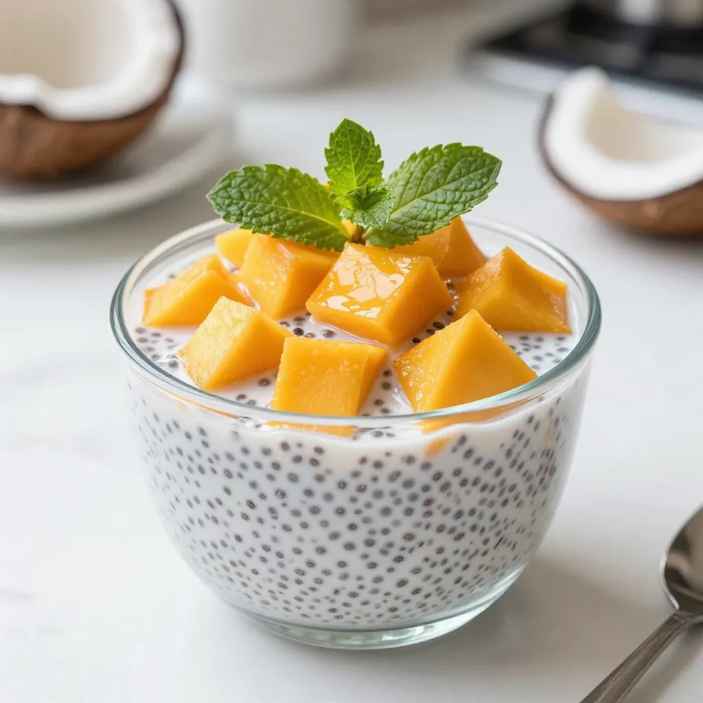 Chia seeds are tiny powerhouses. They soak up liquid and grow in size. This makes the pudding thick and creamy. They also add fiber and protein to the dish. Each serving gives you energy and helps keep you full. You will need 1/2 cup of chia seeds for this recipe. Coconut milk adds a rich flavor to the pudding. You can choose between canned or carton coconut milk. Canned coconut milk is thicker and creamier. It works well for a rich taste. Carton coconut milk is lighter and often has added water. It is great if you want a less heavy pudding. For this recipe, use 2 cups of coconut milk. Sweeteners can change the taste of your pudding. Maple syrup gives a warm flavor. It has antioxidants and is vegan-friendly. Honey adds a floral sweetness and has natural health benefits. You can use either, but I suggest starting with 2 tablespoons. Adjust the amount to match your taste. A pinch of salt helps balance the sweetness, making each bite delightful! {{ingredient_image_2}} To start, grab a large mixing bowl. Add the chia seeds, coconut milk, maple syrup (or honey), vanilla extract, and a pinch of salt. Whisk it all together until everything blends well. You want no clumps left. This mixture needs to be creamy and smooth. After whisking, let the mixture rest for about 5 minutes. This step is key. The chia seeds will soak up some of the liquid. After the time is up, whisk again to break up any clumps. This makes sure your pudding stays nice and smooth. Next, cover the bowl with plastic wrap or use a jar with a tight lid. Place it in the fridge for at least 4 hours, but overnight is best. This chilling time allows the chia seeds to swell. They turn into a creamy, pudding-like texture that tastes amazing. If you need to, stir in more coconut milk later to get the right thickness. To get the right texture, start with the right chia seed amount. Use 1/2 cup of chia seeds for every 2 cups of coconut milk. This ratio gives you a thick, creamy pudding. If your pudding is too thick, just stir in more coconut milk. If it's too runny, add a bit more chia seeds. Let it rest for five minutes before whisking again. This allows the seeds to absorb the liquid. For a beautiful presentation, layer the pudding in clear glasses. Start with a spoonful of pudding, then add diced mango. Repeat the layers. This shows off the colors and makes it look fancy. Top each glass with fresh mint leaves and extra mango pieces. This adds a pop of color and a refreshing taste. One common mistake is not whisking well enough. Make sure to whisk the mixture thoroughly to avoid clumps. Another mistake is skipping the resting time. Allow the pudding to sit for at least four hours or overnight. This helps the chia seeds swell properly. Lastly, don’t forget to taste it! Adjust the sweetness with more maple syrup or honey if needed. Pro Tips Tip for Perfect Texture: To achieve the best pudding consistency, ensure that you whisk the mixture well after adding the chia seeds and again after resting. This prevents clumps from forming. Tip for Sweetness: Adjust the amount of maple syrup or honey based on the sweetness of your mango. Taste the mixture before refrigerating to find your perfect balance. Tip for Serving: For an elegant presentation, consider layering your chia pudding with the diced mango in clear glasses to showcase the vibrant colors. Tip for Flavor Boost: Add a pinch of cardamom or a splash of lime juice to the pudding for a unique flavor twist that complements the mango and coconut beautifully. {{image_4}} You can mix things up with your mango coconut chia pudding. Try using other fruits. Berries like strawberries, blueberries, or raspberries add a burst of color and taste. Bananas bring a creamy texture. Pineapple chunks give a tropical twist. You can even combine fruits for a fun surprise. Just remember to keep your fruit fresh and ripe for the best flavor. This recipe is already dairy-free and vegan, thanks to coconut milk. If you want even more options, use almond milk or oat milk. Both add a nice flavor without dairy. Make sure to check that any sweetener you use is vegan if that matters to you. You can boost the flavor of your pudding with some extras. A dash of cinnamon or nutmeg can add warmth. For a chocolate kick, mix in cocoa powder. If you like nuts, sprinkle in some chopped almonds or walnuts for crunch. You can also add a spoonful of nut butter for creaminess. These additions make your pudding even more exciting and tasty! To store leftover mango coconut chia pudding, use a clean container. Make sure it has a lid to keep air out. Place the pudding in the fridge right away. This helps keep it fresh and tasty. I suggest using glass jars or plastic containers with tight lids. Glass jars let you see the pudding. They also keep it fresh longer. If you use plastic, ensure it is BPA-free. This choice is safer for your health. The chia pudding lasts about 3 to 5 days in the fridge. After that, check for signs of spoilage. Look for changes in smell, color, or texture. If it smells sour or looks watery, it’s best to toss it. Always trust your senses when deciding if food is still safe to eat. Yes, you can use regular milk if you prefer. However, coconut milk gives a rich taste. It also adds a nice tropical flavor. If you want a lighter pudding, try almond or oat milk. These options work well too. Just remember, the texture may change a bit. The chia pudding lasts about 4 to 5 days in the fridge. Make sure to store it in a tight container. This helps keep it fresh. If you see any changes in color or smell, it’s best to throw it out. Always check before you eat. Yes, this recipe is perfect for meal prep. You can make it ahead of time. Just prepare the pudding and store it in jars. It’s a great grab-and-go breakfast or snack. You can also layer it with mango just before serving. This keeps it looking fresh and tasty! Chia pudding is easy to make with just a few key ingredients. We talked about the benefits of chia seeds, choosing coconut milk, and the best sweeteners. The right steps and tips help you create a smooth pudding, while variations let you get creative with flavors. Proper storage keeps your leftovers fresh. Always check common questions to avoid mishaps. Enjoy experimenting with this tasty treat!