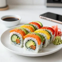- 2 cups sushi rice - 2 &frac12; cups water - &frac14; cup rice vinegar - 1 tablespoon sugar - 1 teaspoon salt - 4 sheets of nori (seaweed) - 1 small cucumber, cut into julienne strips - 1 medium carrot, peeled and cut into julienne strips - 1 small red bell pepper, thinly sliced - 1 small yellow bell pepper, thinly sliced - 1 ripe avocado, sliced - &frac12; cup purple cabbage, finely shredded - Soy sauce, for dipping - Sesame seeds, for garnish - Pickled ginger and wasabi (optional) Using the right ingredients makes a big difference. Sushi rice is key to a good roll. It&rsquo;s sticky and holds together well. You&rsquo;ll need water to cook the rice. The vinegar mix adds flavor and a nice shine. Fresh veggies bring color and crunch. Cucumber and carrot give a nice crunch. Bell peppers add sweetness. The avocado adds creaminess. Purple cabbage provides a vibrant color and extra texture. Don't forget the nori! It wraps the sushi and holds everything in place. You can serve your rolls with soy sauce for dipping. Sesame seeds on top give a nice finish. Pickled ginger and wasabi add a kick, too, if you like. You can mix and match veggies based on what you love. Enjoy creating your own rainbow of flavors! {{ingredient_image_2}} 1. Start by rinsing the sushi rice under cold running water. Rinse until the water runs clear. This step removes excess starch from the rice. 2. In a medium saucepan, combine the rinsed sushi rice with 2 &frac12; cups of water. 3. Bring the mixture to a boil over medium heat. Once boiling, reduce to low heat. Cover the saucepan and simmer for about 20 minutes. The rice should be tender, and the water must be absorbed fully. 4. While the rice cooks, prepare the vinegar seasoning. Mix rice vinegar, sugar, and salt in a small bowl. Stir until the sugar and salt dissolve completely. 5. After cooking, remove the rice from heat. Let it cool slightly. Then, transfer the warm rice into a large mixing bowl. 6. Gently fold in the vinegar mixture using a spatula. Let this seasoned rice cool to room temperature. 1. Set up your workspace. Use a bamboo sushi mat or a clean, flat cutting board. Place a sheet of nori on the mat, shiny side facing down. 2. Wet your hands to prevent sticking. Grab a handful of sushi rice, about 1 cup. Spread the rice evenly over the nori. Leave about 1 inch of space at the top edge for sealing. 3. Arrange the colorful veggies in a line across the rice. Use cucumber, carrot, red and yellow bell peppers, avocado, and cabbage. Place them at the bottom third of the nori sheet. 4. Lift the edge of the nori closest to you using the sushi mat. Roll tightly toward the top edge while tucking in the filling. Keep rolling until you reach the bare edge of the nori. 5. To seal your sushi roll, wet the top edge of the nori with a small amount of water. 6. Use a sharp knife to slice the roll into bite-sized pieces, about 1 inch thick. 7. Repeat these steps with the remaining nori sheets and ingredients until all fillings are used. 8. Arrange your beautiful sushi rolls on a serving platter. Sprinkle sesame seeds on top for an elegant touch. Serve with soy sauce, pickled ginger, and wasabi on the side for dipping. To make great sushi rolls, you need perfect rice. Start by rinsing the sushi rice. Place the rice in a fine mesh strainer. Run cold water over it until the water runs clear. This helps to remove the excess starch. Removing starch keeps the rice from being gummy. Next, cook the rice perfectly. Combine the rinsed rice with 2 &frac12; cups of water in a pot. Bring it to a boil over medium heat. Once it boils, reduce the heat to low. Cover the pot and let it simmer for about 20 minutes. The rice should be tender, and all water should be absorbed. After cooking, let it cool slightly before mixing in the vinegar. Rolling sushi can be tricky, but I have some tips. First, wet your hands to prevent stickiness. This helps the rice from clinging to your fingers. Grab a handful of rice and spread it evenly on the nori. Leave an inch of space at the top. When adding veggies, arrange them in a line at the bottom third of the sheet. To roll, lift the edge of the mat. Tuck the filling and roll tightly. Keep rolling until you reach the bare edge. Use a bit of water to seal the roll. This will help it stay together. Make sure to slice the roll evenly with a sharp knife for nice pieces. Pro Tips Rinse the Rice: Make sure to rinse the sushi rice thoroughly until the water runs clear. This removes excess starch and ensures a better texture for your sushi. Use Fresh Veggies: For the best flavor and crunch, use the freshest vegetables you can find. This will enhance the overall taste and visual appeal of your sushi rolls. Rolling Technique: When rolling, keep the filling tight and even. This helps the sushi hold its shape better and makes for a more enjoyable eating experience. Perfecting the Cut: For clean cuts, use a sharp, wet knife to slice your sushi rolls. This prevents the rice from sticking to the blade and preserves the beautiful presentation. {{image_4}} You can change up the veggies in your sushi rolls. Consider using colorful options like: - Zucchini, cut into thin strips - Radishes for a peppery crunch - Spinach or kale for extra greens - Sweet potatoes, roasted and sliced thin Feel free to swap out veggies based on the season. In spring, use fresh asparagus. In the fall, roasted butternut squash adds a nice touch. The key is to keep the colors bright and the flavors fresh. If you follow a vegan diet, this recipe is already perfect for you. All the ingredients are plant-based. For gluten-free sushi, make sure to use gluten-free soy sauce. You can also switch sushi rice for brown rice or quinoa. Brown rice adds a nutty flavor and more fiber. Quinoa is a great protein source and cooks quickly. Just remember to adjust the cooking time accordingly. To keep your rainbow veggie sushi rolls fresh, store them in the fridge. Wrap each roll in plastic wrap. This helps keep moisture in and prevents them from drying out. Place the wrapped rolls in an airtight container. This method keeps them safe from other odors in the fridge. Sushi rolls stay fresh for about 24 hours. After that, the veggies may lose their crunch. If you notice any signs of spoilage, it&rsquo;s best to toss them. Always trust your senses&mdash;if something seems off, don&rsquo;t eat it. You can make sushi rice ahead of time. Cook the rice as directed and let it cool. Once it's cool, place it in an airtight container. This rice can last for up to three days in the fridge. Just make sure to use it before it goes bad. For the veggies, chop and prep them in advance too. Store the cut veggies in separate containers. This keeps them fresh and ready for your sushi rolls. You can also mix different veggies for fun flavor combos. This way, you&rsquo;ll have everything ready when it&rsquo;s time to roll! You cannot use any rice for sushi. Sushi rice is special. It is short-grain rice that becomes sticky when cooked. This stickiness helps the rice hold together in rolls. You can use other rice types, but they will not work the same. For example, long-grain rice will not bind well and may fall apart. Always choose sushi rice for the best results. You can serve many things with rainbow veggie sushi rolls. Here are some great choices: - Soy sauce for dipping - Pickled ginger for a fresh taste - Wasabi for a spicy kick - Sesame seeds for a nice crunch These sides add flavor and texture to your meal. You can also pair the sushi with a light salad or miso soup. To make sushi rolls more colorful, use a variety of veggies. Here are some tips: - Choose bright, fresh vegetables like purple cabbage, red, and yellow bell peppers. - Add radishes or green onions for extra color. - Use colorful garnishes like sesame seeds or edible flowers. These choices will make your sushi rolls pop and look more fun on the plate. Sushi is fun and easy to make at home. We covered the ingredients, steps, and tips. You learned how to prepare sushi rice and roll your sushi with fresh veggies. Remember to store your rolls right to keep them fresh. You can make many tasty variations to suit your taste. Now, you have the skills to enjoy sushi-making anytime. Dive in and impress your friends with your new skills! Enjoy the process and experiment with different ingredients. Your sushi journey starts now!