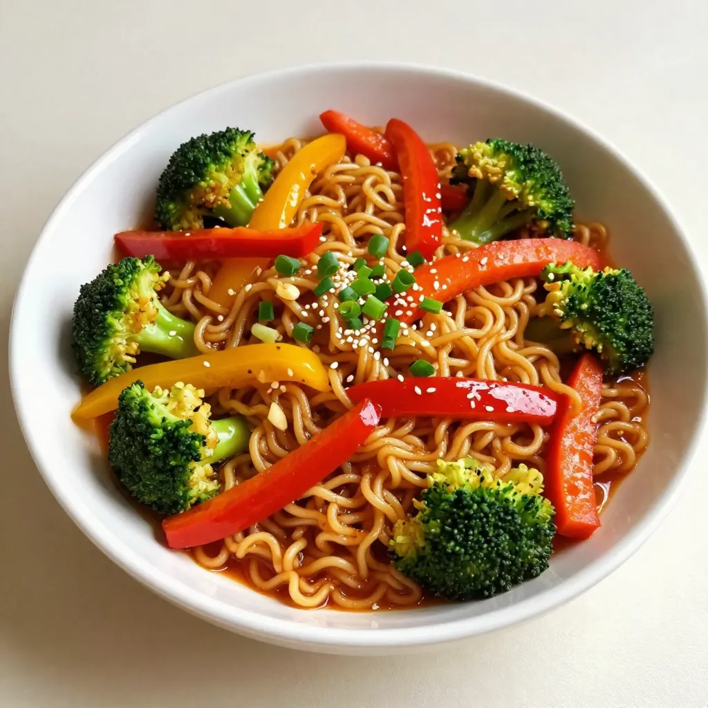 - 2 packs of instant ramen noodles (discard the seasoning packets) - 2 tablespoons vegetable oil - 1 red bell pepper, sliced into thin strips - 1 yellow bell pepper, sliced into thin strips - 1 cup broccoli florets, bite-sized - 1 medium carrot, julienned - 3 green onions, finely chopped (reserve some for garnish) - 3 cloves garlic, minced - 1 tablespoon fresh ginger, minced - 1-2 tablespoons sriracha (adjust to your heat preference) - 2 tablespoons soy sauce - 1 tablespoon sesame oil - 1 tablespoon rice vinegar - Sesame seeds, for garnish When I make Spicy Ramen Noodle Stir Fry, I love using fresh ingredients. The instant ramen noodles cook fast and absorb flavors well. I always toss out the seasoning packets. They are too salty for my taste. Fresh vegetables add color and crunch. I like using red and yellow bell peppers. They bring sweetness and a nice pop of color. Broccoli florets are great for texture. They make the dish feel hearty. Carrots add a lovely crunch, and green onions give a fresh taste. The flavors and seasonings are key to this dish. Garlic and ginger create a fragrant base. Sriracha adds heat, but you can adjust it. Soy sauce brings saltiness, and sesame oil gives a nutty flavor. Rice vinegar adds brightness. The mix of these ingredients makes the stir fry so tasty! This dish is quick and full of flavor. You can easily customize it with your favorite veggies. Just keep the main ingredients for a solid base. Enjoy the process of cooking and the delicious meal! {{ingredient_image_2}} Start by boiling water in a large pot. The water should reach a rolling boil. Once it boils, add the ramen noodles. Cook them for about 3-4 minutes, as the package says. Then, drain the noodles and set them aside. Let any excess water evaporate. Next, heat 2 tablespoons of vegetable oil in a large skillet or wok. Set the heat to medium-high. When the oil shimmers, add 3 minced garlic cloves and 1 tablespoon of minced ginger. Sauté them for about 30 seconds. You want them to smell great, but don’t let them burn. Now it’s time to add the veggies. Toss in 1 sliced red bell pepper, 1 sliced yellow bell pepper, 1 cup of broccoli florets, and 1 julienned carrot. Stir-fry these for about 3-4 minutes. Look for bright colors and tender-crisp texture. This keeps them fresh and tasty. Gently add the cooked ramen noodles to the skillet with your veggies. Use tongs or chopsticks to toss them together. Be careful to avoid breaking the noodles too much; you want them to stay long and fun to eat. Now, let’s add some flavor! Drizzle in 1-2 tablespoons of sriracha, 2 tablespoons of soy sauce, 1 tablespoon of sesame oil, and 1 tablespoon of rice vinegar. Toss everything well, making sure each piece is coated. Cook for another 2-3 minutes until everything is heated through. Finally, take the skillet off the heat. Sprinkle the dish with the reserved chopped green onions and some sesame seeds. This adds crunch and flavor. Serve hot, right from the skillet. Enjoy the vibrant and spicy dish with friends or family! You can change the heat of your dish by using sriracha. If you like it spicy, add two tablespoons. For less heat, start with one tablespoon. You can always add more later. Taste as you cook, and adjust to your liking. This way, everyone at the table can enjoy it. Cooking the noodles just right is key. Aim for al dente noodles, which means they should be firm but not hard. Boil the noodles for around 3-4 minutes. After cooking, drain them well and let them sit for a minute. This helps keep them from becoming mushy in the stir fry. To boost the flavor, consider adding more seasonings. Try a splash of lime juice or a sprinkle of crushed red pepper. Fresh herbs like cilantro or basil can add a bright touch. You can also use a bit of garlic powder or onion powder for extra depth. Mix and match until you find your perfect flavor profile! Pro Tips Adjusting Heat Level: Feel free to modify the amount of sriracha based on your heat preference. Start with 1 tablespoon for a milder dish and increase for more spice. Vegetable Variations: Mix up your vegetables! You can add snap peas, zucchini, or mushrooms to enhance the flavor and texture of the stir fry. Protein Boost: For a heartier meal, consider adding cooked protein like chicken, shrimp, or tofu. Just toss it in during the final stages of cooking to heat through. Flavor Enhancements: Add a splash of lime juice or a sprinkle of crushed red pepper flakes for an extra layer of flavor that complements the dish beautifully. {{image_4}} You can easily add protein to your spicy ramen stir fry. Chicken, tofu, or shrimp work great. If you choose chicken, slice it into thin strips. Cook it in the skillet first until it's golden brown. For shrimp, add them after the garlic and ginger. They cook fast, usually in just a few minutes. If you want plant-based options, use firm tofu. Cube it and sauté until it’s crispy. Each protein option adds flavor and makes your meal heartier. Feel free to change the veggies in your stir fry. You can use snap peas, bok choy, or mushrooms. They bring different flavors and textures. For a crunch, add water chestnuts or bean sprouts. If you have leftover veggies in your fridge, toss them in! The key is to keep the colors bright and vibrant. This not only looks nice but also makes your dish more fun to eat. You can switch up the sauces for different tastes. Instead of sriracha, try chili garlic sauce for a different kick. Teriyaki sauce adds sweetness and depth to your dish. If you like a tangy twist, use hoisin sauce or even peanut sauce. Each sauce changes the flavor profile, so feel free to experiment. Just remember to adjust the amount based on your taste. With these options, your ramen stir fry will never get boring! To store leftovers, let the stir fry cool first. Place it in an airtight container. Keep it in the fridge for up to three days. This keeps flavors fresh and safe to eat later. When you're ready to eat, you can simply reheat it. The best way to reheat stir fry is on the stove. Heat a skillet over medium heat. Add a splash of water or oil to help it steam. Toss the stir fry in the pan for about 5 minutes. This method keeps the veggies crisp and the noodles tender. Yes, you can freeze stir fry! Place it in a freezer-safe bag or container. Make sure to push out as much air as you can. It stays good for up to three months. When you’re ready to eat, thaw it in the fridge overnight. Then reheat on the stove as mentioned above. Yes, you can use regular ramen. However, the cooking process changes. Regular ramen needs a longer boil time. Follow the package directions for cooking. Instant ramen cooks in about 3-4 minutes. Regular ramen may take about 5-7 minutes. Keep an eye on it so it doesn’t get too soft. You want it firm for stir fry. If you lack sriracha, don’t worry. You can use other hot sauces. Try chili paste or even a mix of hot sauce with ketchup. If you want less heat, use sweet chili sauce. You can also add crushed red pepper flakes. Adjust the amounts to fit your taste. Making this dish vegetarian or vegan is easy. Start by omitting any animal products. Use tofu instead of meat. Replace the regular soy sauce with a vegan version. Some brands even offer gluten-free soy sauce. For the sesame oil, ensure it’s pure and plant-based. Enjoy your tasty, plant-filled stir fry! You can create a delicious stir fry using instant ramen noodles, fresh veggies, and spices. Start by cooking the noodles and preparing a tasty base with garlic and ginger. Add your favorite vegetables and combine everything for a colorful dish. Adjust spice levels to suit your taste and try different protein and sauce options for variety. Storing leftovers is simple, too. With these tips and tricks, you can customize and enjoy your stir fry anytime. Now it's your turn to make this fun meal!