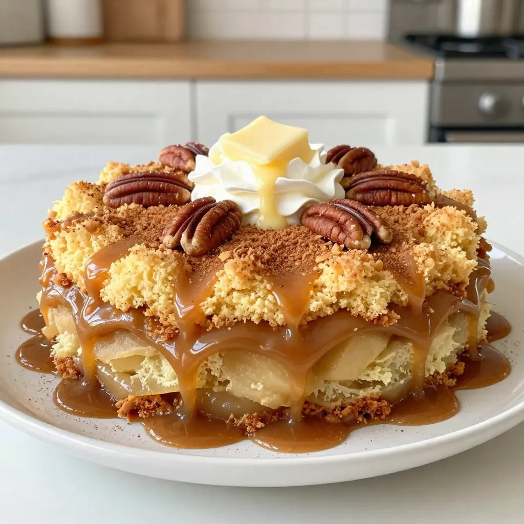 - 2 cans (21 oz each) apple pie filling - 1 cup caramel sauce - 1 teaspoon ground cinnamon - 1 box (15.25 oz) yellow cake mix - 1 cup unsalted butter, melted - 1 cup chopped pecans (optional) - 1 teaspoon vanilla extract - Whipped cream or vanilla ice cream for serving - You can use homemade apple pie filling instead of canned for a fresh taste. - For caramel sauce, you can use store-bought or make your own. Just melt sugar and cream together. - If you need a gluten-free option, choose a gluten-free yellow cake mix. It works great! Using these ingredients sets the stage for a sweet and creamy dessert. Each item plays a key role in the flavor and texture. The apple pie filling gives a fruity base. The caramel sauce adds sweetness and richness. Ground cinnamon enhances the warm flavors. The yellow cake mix provides structure. Melted butter keeps everything moist. Chopped pecans, though optional, give a nice crunch. Finally, whipped cream or ice cream makes every bite feel special. Enjoy this easy and fun recipe! {{ingredient_image_2}} - Preheat your oven to 350°F (175°C). - Lightly grease a 9x13 inch baking dish. This helps the cake release easily. - In a large bowl, mix the apple pie filling, caramel sauce, and ground cinnamon. - Stir well. Make sure the apples are fully coated in the caramel mix. - Pour the apple filling into the greased baking dish. Spread it out evenly. - Take the dry yellow cake mix and sprinkle it over the apple mixture. Do not stir. This keeps the layers separate. - Drizzle the melted butter over the cake mix. Let it soak in without mixing. - If using, sprinkle the chopped pecans on top for a nice crunch. - Place the dish in the preheated oven. Bake for 40-45 minutes. - The cake is done when the top is golden brown and edges are bubbly. - Let it cool for about 10 minutes. This helps it set and makes serving easier. - Drizzle more caramel on top just before serving for added sweetness. To get a golden crust, you need to bake it just right. Keep an eye on the time. Bake for 40 to 45 minutes. The top should turn golden brown. The edges will bubble up nicely, too. This shows the cake is ready. Let the cake cool for about 10 minutes before serving. Cooling helps it set. It makes cutting and serving easier. This cake tastes amazing with whipped cream or vanilla ice cream. The cold cream balances the warm cake. For a special touch, serve in ramekins. Add a pecan half on top for charm. A sprinkle of cinnamon adds a nice touch, too. You will need a few tools for this recipe. An essential baking dish is a must. A 9x13 inch dish works best. You also need a mixing bowl and a spatula. A measuring cup is key for the caramel and butter. Lastly, a whisk can help mix the apple filling evenly. Pro Tips Choose Quality Ingredients: Use high-quality apple pie filling and caramel sauce for the best flavor. Fresh or homemade options can elevate your dump cake significantly. Layering is Key: Ensure that you do not mix the cake mix into the apple filling. This keeps the classic dump cake structure and allows for distinct layers. Let It Cool: Allow the cake to cool for at least 10 minutes before serving. This helps it set better, making it easier to serve without falling apart. Serving Suggestions: For extra indulgence, serve with a dollop of whipped cream or vanilla ice cream, and consider a sprinkle of cinnamon or a pecan half for garnish. {{image_4}} You can change the taste of your Caramel Apple Dump Cake in fun ways. One easy method is to add spices. Nutmeg or allspice can bring warm, cozy flavors. Just sprinkle in about half a teaspoon when mixing your filling. This small change can make a big impact. You can also use other fruits. Pears or peaches work well. Just chop them up and mix them with the apple filling. This adds a fruity twist. You can even try berries for a colorful touch. Each fruit brings its own flavor, making your dessert unique. If you want to make a vegan version, it is simple. Swap the butter for coconut oil or vegan butter. Use a plant-based caramel sauce too. This way, you keep the rich taste without using animal products. For those with nut allergies, leave out the pecans. You can replace them with seeds like sunflower seeds for extra crunch. This keeps your dump cake safe and still delicious. It's easy to adapt this recipe to fit your needs! To keep your Caramel Apple Dump Cake fresh, store it in an airtight container. This helps prevent the cake from drying out. You can also cover it tightly with plastic wrap or aluminum foil. This dessert stays good in the fridge for about 3 to 5 days. Make sure it cools completely before placing it in the fridge. You can freeze the dump cake if you want it to last longer. First, cut it into serving pieces and place them in freezer-safe bags. Remove as much air as possible to avoid freezer burn. You can freeze the cake for up to 3 months. When you’re ready to eat it, thaw it in the fridge overnight. To reheat, warm it in the oven at 350°F for about 10-15 minutes. Enjoy your cake warm for the best taste! Can I use homemade apple pie filling? Yes, you can use homemade apple pie filling. Just make sure it is thick and tasty. Fresh apples work great too. This will add a personal touch to your dump cake. Is there a way to make it less sweet? You can lower the sweetness. Use less caramel sauce or skip the extra drizzle. You might also want to use unsweetened apple pie filling. This helps balance the flavors. How long does it last after baking? Your dump cake will last about 3 to 4 days in the fridge. Make sure to cover it well. This keeps it fresh and tasty for your next dessert. What is a dump cake? A dump cake is a simple dessert. You layer ingredients in a dish and bake. It gets its name because you "dump" the layers without mixing them. It’s an easy way to make a sweet treat! Can I use other types of cake mix? Yes, you can use different cake mixes. Chocolate, spice, or even lemon mixes work well. Each type adds its own unique flavor to the dump cake. How to fix a runny dump cake? If your dump cake is runny, you can bake it a bit longer. This helps the top become firmer. Also, try adding more dry cake mix next time to absorb extra liquid. In this article, we explored the easy steps to make a delicious caramel apple dump cake. You learned about the key ingredients, helpful tips, and creative variations to consider. Remember to have fun with this recipe and make it your own. Whether you serve it warm with ice cream or chill it for later, this dessert will surely please. Enjoy your baking adventure and share this treat with friends and family!