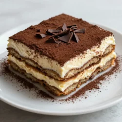 To make a classic Italian tiramisu, gather these key ingredients: - 1 cup strong brewed coffee, cooled to room temperature - 3 large eggs, separated into yolks and whites - 3/4 cup granulated sugar - 1 cup mascarpone cheese, at room temperature - 1 cup heavy whipping cream - 1 teaspoon pure vanilla extract - 24 ladyfinger cookies - Unsweetened cocoa powder, for dusting - Dark chocolate shavings, for garnish Each ingredient plays a vital role in building the layers of flavor and texture. Strong brewed coffee gives a bold taste. The egg yolks and whites add richness and lightness. Sugar sweetens the dish while the mascarpone cheese provides a creamy base. Heavy whipping cream creates a fluffy texture. Vanilla adds a warm, inviting flavor. Ladyfinger cookies soak up the coffee, making them soft yet firm. Cocoa powder and chocolate shavings offer a delightful finish. Using quality ingredients enhances the dish's taste. I always recommend using fresh eggs and high-quality coffee for the best results. This mix of flavors and textures makes tiramisu a dessert you can't resist. {{ingredient_image_2}} First, take three egg yolks and place them in a large bowl. Add three-fourths cup of granulated sugar. Use an electric mixer to beat them together. Mix until the yolks turn light and fluffy. This should take about five minutes. Once ready, gently fold in one cup of mascarpone cheese. Add one teaspoon of pure vanilla extract too. Mix until it becomes smooth and creamy. Next, grab another bowl and pour in one cup of heavy whipping cream. Use a mixer on high speed. Whip the cream until it forms stiff peaks. This means the cream stands tall when you lift the beaters. Now, carefully fold this whipped cream into the egg mixture. Do this in three parts to keep it light and airy. Take a clean bowl and add the three egg whites. Whisk them on high speed until soft peaks form. This means the egg whites will bend but hold their shape. Gently fold the whipped egg whites into your mascarpone mixture. Be careful not to lose the airiness you created. Now, it&rsquo;s time to build your layers. Take each ladyfinger cookie and dip it quickly into one cup of cooled coffee. Make sure to soak each side for just a second. Do not let them get soggy! Arrange half of the soaked ladyfingers in a single layer at the bottom of a 9x9-inch baking dish. Spread half of the mascarpone cream over the ladyfingers. Smooth it out with a spatula. Repeat this step with the remaining ladyfingers and cream. Cover the baking dish tightly with plastic wrap. Place it in the refrigerator for at least four hours, or better yet, overnight. This chilling time helps the flavors mix. When you&rsquo;re ready to serve, dust the top with unsweetened cocoa powder. For an extra touch, sprinkle some dark chocolate shavings on top. Enjoy your delicious tiramisu! To make the best tiramisu, choose strong coffee. I like using espresso for its rich flavor. Brew it fresh and let it cool to room temperature. The key is to dip the ladyfingers quickly. Soak each side for just a second. If you dip too long, they will become soggy, which is not ideal. Folding the cream is very important. Use a spatula to gently mix instead of beating. This keeps the cream light and fluffy. Also, make sure your mascarpone cheese and heavy cream are at room temperature. This helps them blend smoothly and evenly. For a beautiful presentation, serve tiramisu in dessert glasses. Layer the creamy mix and ladyfingers to show off the design. Dust the top with cocoa powder for that classic look. You can also add dark chocolate shavings on top. Pair it with a glass of dessert wine or coffee. This will enhance the flavors and make it a perfect treat. Pro Tips Fresh Ingredients: Always use fresh mascarpone cheese and high-quality coffee for the best flavor in your tiramisu. Egg Safety: If you're concerned about using raw eggs, opt for pasteurized eggs to minimize any risk. Layering Technique: Ensure that each layer of ladyfingers is evenly soaked but not soggy to maintain the perfect texture. Chill Time: For optimal flavor and texture, allow the tiramisu to chill overnight; this enhances the melding of flavors. {{image_4}} You can make your tiramisu unique by adding flavors. Try using liqueurs like Amaretto or coffee liqueur. This will give your dessert a rich, adult taste. Another fun idea is to use seasonal flavors. Think about adding pumpkin spice in the fall or fresh berries in the summer. Chocolate lovers can mix in cocoa or dark chocolate for extra indulgence. If you want a dairy-free tiramisu, you can swap mascarpone with silken tofu or cashew cream. These options still give a creamy texture. For a healthier version, consider using sugar alternatives like honey or maple syrup. They add sweetness without refined sugar. These swaps keep the essence of the dessert while catering to different diets. To keep your tiramisu fresh, store it in the fridge. Cover it tightly with plastic wrap. This prevents it from absorbing other smells. Properly stored, tiramisu lasts about 3 to 4 days. After that, it may lose its nice texture and flavor. Yes, you can freeze tiramisu! Freezing helps if you want to make it ahead. First, cut it into portions and wrap each piece well in plastic wrap. Place the wrapped pieces in an airtight container or a freezer bag. Tiramisu can last up to 2 months in the freezer. When you're ready to enjoy it, take it out and thaw in the fridge overnight. This keeps the texture smooth. Avoid thawing at room temperature, as it can make it too soggy. Once thawed, serve it cold, just like fresh tiramisu. Tiramisu comes from Italy. Many believe it started in the Veneto region. The name means &ldquo;pick me up&rdquo; in Italian. This dessert uses coffee and cocoa, giving it a rich taste. Some say it dates back to the 1960s, while others think it is older. The blend of flavors and textures makes it unique. It combines coffee-soaked ladyfingers with creamy mascarpone. You can taste the love and care in each bite. Yes, you can make Tiramisu ahead of time. In fact, it tastes better after chilling. I suggest letting it sit in the fridge for at least 4 hours. For the best flavor, chill it overnight. This wait lets the flavors mix and deepen. The longer it chills, the more delicious it becomes. Just remember to cover it well to keep it fresh. Eating raw eggs can be risky. They may carry bacteria, like Salmonella. However, many people eat Tiramisu safely. You can use pasteurized eggs to reduce risks. They are treated to kill harmful bacteria. If you're unsure, feel free to cook the eggs. Simply heat the yolks and sugar over a double boiler. This will make your Tiramisu safe and still tasty. Making tiramisu is easy and fun. You start with strong coffee and egg mixtures. Then, layer ladyfingers and creamy mascarpone for the perfect treat. Remember to chill it well for the best taste. In the end, feel free to explore variations and substitutions. With simple tips and tricks, you can create your ideal dessert. Enjoy the process and impress your friends and family with your delicious results!