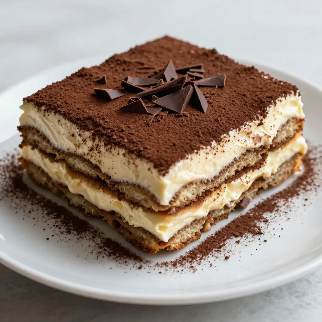 To make a classic Italian tiramisu, gather these key ingredients: - 1 cup strong brewed coffee, cooled to room temperature - 3 large eggs, separated into yolks and whites - 3/4 cup granulated sugar - 1 cup mascarpone cheese, at room temperature - 1 cup heavy whipping cream - 1 teaspoon pure vanilla extract - 24 ladyfinger cookies - Unsweetened cocoa powder, for dusting - Dark chocolate shavings, for garnish Each ingredient plays a vital role in building the layers of flavor and texture. Strong brewed coffee gives a bold taste. The egg yolks and whites add richness and lightness. Sugar sweetens the dish while the mascarpone cheese provides a creamy base. Heavy whipping cream creates a fluffy texture. Vanilla adds a warm, inviting flavor. Ladyfinger cookies soak up the coffee, making them soft yet firm. Cocoa powder and chocolate shavings offer a delightful finish. Using quality ingredients enhances the dish's taste. I always recommend using fresh eggs and high-quality coffee for the best results. This mix of flavors and textures makes tiramisu a dessert you can't resist. {{ingredient_image_2}} First, take three egg yolks and place them in a large bowl. Add three-fourths cup of granulated sugar. Use an electric mixer to beat them together. Mix until the yolks turn light and fluffy. This should take about five minutes. Once ready, gently fold in one cup of mascarpone cheese. Add one teaspoon of pure vanilla extract too. Mix until it becomes smooth and creamy. Next, grab another bowl and pour in one cup of heavy whipping cream. Use a mixer on high speed. Whip the cream until it forms stiff peaks. This means the cream stands tall when you lift the beaters. Now, carefully fold this whipped cream into the egg mixture. Do this in three parts to keep it light and airy. Take a clean bowl and add the three egg whites. Whisk them on high speed until soft peaks form. This means the egg whites will bend but hold their shape. Gently fold the whipped egg whites into your mascarpone mixture. Be careful not to lose the airiness you created. Now, it’s time to build your layers. Take each ladyfinger cookie and dip it quickly into one cup of cooled coffee. Make sure to soak each side for just a second. Do not let them get soggy! Arrange half of the soaked ladyfingers in a single layer at the bottom of a 9x9-inch baking dish. Spread half of the mascarpone cream over the ladyfingers. Smooth it out with a spatula. Repeat this step with the remaining ladyfingers and cream. Cover the baking dish tightly with plastic wrap. Place it in the refrigerator for at least four hours, or better yet, overnight. This chilling time helps the flavors mix. When you’re ready to serve, dust the top with unsweetened cocoa powder. For an extra touch, sprinkle some dark chocolate shavings on top. Enjoy your delicious tiramisu! To make the best tiramisu, choose strong coffee. I like using espresso for its rich flavor. Brew it fresh and let it cool to room temperature. The key is to dip the ladyfingers quickly. Soak each side for just a second. If you dip too long, they will become soggy, which is not ideal. Folding the cream is very important. Use a spatula to gently mix instead of beating. This keeps the cream light and fluffy. Also, make sure your mascarpone cheese and heavy cream are at room temperature. This helps them blend smoothly and evenly. For a beautiful presentation, serve tiramisu in dessert glasses. Layer the creamy mix and ladyfingers to show off the design. Dust the top with cocoa powder for that classic look. You can also add dark chocolate shavings on top. Pair it with a glass of dessert wine or coffee. This will enhance the flavors and make it a perfect treat. Pro Tips Fresh Ingredients: Always use fresh mascarpone cheese and high-quality coffee for the best flavor in your tiramisu. Egg Safety: If you're concerned about using raw eggs, opt for pasteurized eggs to minimize any risk. Layering Technique: Ensure that each layer of ladyfingers is evenly soaked but not soggy to maintain the perfect texture. Chill Time: For optimal flavor and texture, allow the tiramisu to chill overnight; this enhances the melding of flavors. {{image_4}} You can make your tiramisu unique by adding flavors. Try using liqueurs like Amaretto or coffee liqueur. This will give your dessert a rich, adult taste. Another fun idea is to use seasonal flavors. Think about adding pumpkin spice in the fall or fresh berries in the summer. Chocolate lovers can mix in cocoa or dark chocolate for extra indulgence. If you want a dairy-free tiramisu, you can swap mascarpone with silken tofu or cashew cream. These options still give a creamy texture. For a healthier version, consider using sugar alternatives like honey or maple syrup. They add sweetness without refined sugar. These swaps keep the essence of the dessert while catering to different diets. To keep your tiramisu fresh, store it in the fridge. Cover it tightly with plastic wrap. This prevents it from absorbing other smells. Properly stored, tiramisu lasts about 3 to 4 days. After that, it may lose its nice texture and flavor. Yes, you can freeze tiramisu! Freezing helps if you want to make it ahead. First, cut it into portions and wrap each piece well in plastic wrap. Place the wrapped pieces in an airtight container or a freezer bag. Tiramisu can last up to 2 months in the freezer. When you're ready to enjoy it, take it out and thaw in the fridge overnight. This keeps the texture smooth. Avoid thawing at room temperature, as it can make it too soggy. Once thawed, serve it cold, just like fresh tiramisu. Tiramisu comes from Italy. Many believe it started in the Veneto region. The name means “pick me up” in Italian. This dessert uses coffee and cocoa, giving it a rich taste. Some say it dates back to the 1960s, while others think it is older. The blend of flavors and textures makes it unique. It combines coffee-soaked ladyfingers with creamy mascarpone. You can taste the love and care in each bite. Yes, you can make Tiramisu ahead of time. In fact, it tastes better after chilling. I suggest letting it sit in the fridge for at least 4 hours. For the best flavor, chill it overnight. This wait lets the flavors mix and deepen. The longer it chills, the more delicious it becomes. Just remember to cover it well to keep it fresh. Eating raw eggs can be risky. They may carry bacteria, like Salmonella. However, many people eat Tiramisu safely. You can use pasteurized eggs to reduce risks. They are treated to kill harmful bacteria. If you're unsure, feel free to cook the eggs. Simply heat the yolks and sugar over a double boiler. This will make your Tiramisu safe and still tasty. Making tiramisu is easy and fun. You start with strong coffee and egg mixtures. Then, layer ladyfingers and creamy mascarpone for the perfect treat. Remember to chill it well for the best taste. In the end, feel free to explore variations and substitutions. With simple tips and tricks, you can create your ideal dessert. Enjoy the process and impress your friends and family with your delicious results!