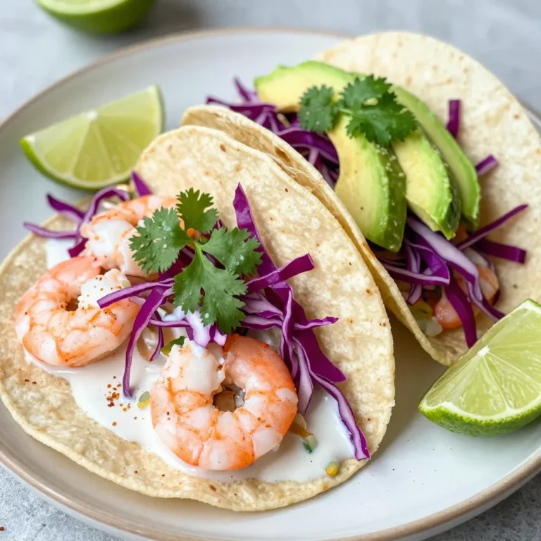 For these tacos, you need fresh shrimp. Use one pound of shrimp, peeled and deveined. The marinade is key to flavor. Combine one cup of creamy coconut milk with two tablespoons of lime juice. Add a teaspoon of lime zest, garlic powder, and ground cumin. You will also need salt and black pepper to taste. Toppings make the tacos exciting. Use one cup of finely shredded red cabbage for crunch. A ripe avocado, sliced, adds creaminess. Don't forget fresh cilantro leaves for garnish. Lime wedges enhance the taste when served. Corn tortillas are the best choice. You will need eight small corn tortillas. They are soft and warm, perfect for holding all the tasty fillings. Warm them in a skillet or microwave for the best texture. Enjoy the delightful mix of flavors in every bite! {{ingredient_image_2}} - Combining Ingredients for Flavor To start, grab a medium bowl. Add 1 cup of creamy coconut milk. Then, squeeze in 2 tablespoons of fresh lime juice. Next, add 1 teaspoon of lime zest. Sprinkle in 1 teaspoon of garlic powder and 1 teaspoon of ground cumin. Finish with salt and pepper to taste. Mix these together well. This marinade packs a punch of flavor. - Marinating the Shrimp Now, add 1 pound of peeled and deveined shrimp to your bowl. Make sure each shrimp is covered in the marinade. Cover the bowl with plastic wrap. Let it sit for about 20 minutes. This step ensures the shrimp soak up all that tasty goodness. - Heat Distribution Tips While the shrimp is marinating, heat a large non-stick skillet over medium heat. This helps cook the shrimp evenly. Once hot, carefully add the marinated shrimp in a single layer. - Ensuring Proper Cook Time Cook the shrimp for about 2-3 minutes on each side. Look for them to turn pink and opaque. This shows they are fully cooked. Remove the skillet from heat and let the shrimp rest. This resting time keeps them juicy. - Layering Ingredients for Best Flavor Grab your warmed corn tortillas. Place a few cooked shrimp on each tortilla. Add a generous handful of finely shredded red cabbage on top. Then, include a couple of slices of ripe avocado. These toppings give great texture. - Presentation Suggestions For a fun look, garnish each taco with fresh cilantro leaves. Serve lime wedges on the side for a zesty kick. You can use a colorful platter to display your tacos. This makes them even more inviting. Consider adding small taco holders for a nice touch. Avoiding Overcooking To keep shrimp tender, cook them just until they turn pink and opaque. This usually takes about 2-3 minutes on each side. Watch closely. If you overcook shrimp, they can turn rubbery and dry. Flavor Maximization Techniques Marinate shrimp in the coconut milk, lime juice, and spices for at least 20 minutes. This step lets the shrimp soak up all that tasty goodness. The garlic powder and cumin add depth to the flavor. Ingredient Substitutions You can swap out the shrimp for chicken or tofu if you like. Use firm tofu for the best texture. You can also switch the corn tortillas for flour tortillas if you prefer a softer bite. Spicing it Up: Additional Flavor Options If you want heat, add some diced jalapeños or a dash of hot sauce to the marinade. For a twist, try adding pineapple chunks to the mix. They will add a sweet and tangy flavor to your tacos. Complementary Dishes Serve your tacos with a side of black beans or a fresh mango salsa. These dishes enhance the meal and add extra flavors. A simple green salad also pairs well with the tacos. Pairing with Drinks For drinks, try a light beer or a refreshing limeade. A crisp white wine, like Sauvignon Blanc, complements the flavors nicely. Consider serving coconut water for a tropical touch. Pro Tips Marinate for Maximum Flavor: Allow the shrimp to marinate for at least 20 minutes to fully absorb the coconut and lime flavors, enhancing the taste of your tacos. Perfectly Cooked Shrimp: Cook the shrimp just until they turn pink and opaque, as overcooking can lead to a rubbery texture. Aim for 2-3 minutes on each side. Warming Tortillas: Warm your corn tortillas in a skillet or microwave to make them more pliable. This will help prevent them from cracking when you fill them. Garnish Creatively: Add extra toppings like diced tomatoes or a drizzle of spicy mayo to elevate the flavor profile of your tacos and add visual appeal. {{image_4}} You can switch out shrimp for other proteins. Chicken works well and offers a hearty bite. Use boneless chicken thighs for a juicy option. Simply marinate and cook them the same way as shrimp. Tofu is a great plant-based choice. Firm tofu absorbs flavors nicely. Press it to remove excess water. Cut it into cubes, then marinate and cook until golden brown. For seafood lovers, you can try scallops or fish. Both options give a fresh taste. Just adjust your cooking time. Fish cooks faster than shrimp, so watch it closely. If you need gluten-free options, use corn tortillas. Most corn tortillas are naturally gluten-free. Check labels to be sure. You can also make your own tortillas at home! For a dairy-free meal, this recipe is already perfect. The creamy coconut milk adds richness without dairy. If you want to add creaminess, try using avocado or a dairy-free yogurt. Vegan alternatives are simple. Replace shrimp with marinated jackfruit. It mimics shrimp texture well. You can also use chickpeas for protein and flavor. Just season them like shrimp. Want some heat? Add chopped jalapeños to your marinade. They bring a nice kick. You can also sprinkle chili powder for a smoky flavor. For unique twists, try adding mango or pineapple. These fruits add sweetness and balance the lime. You can mix them into the slaw or serve as a topping. Experiment with fresh herbs too. Try mint or basil for a new taste. These herbs give a refreshing twist to your tacos. To keep your Coconut Lime Shrimp Tacos fresh, store them properly. Wrap the tacos in foil or plastic wrap. Place them in an airtight container. This helps prevent them from drying out. Refrigerator vs. Freezer - In the refrigerator, tacos last for about 1 to 2 days. - For longer storage, put them in the freezer. They can stay good for up to 2 months. When it's time to enjoy leftovers, reheat them carefully. You want the shrimp warm but not overcooked. Methods for Best Results - Use a skillet on medium heat. Heat for 3-4 minutes, turning the tacos often. - You can also use a microwave. Heat in 30-second bursts, checking for warmth. Maintaining Texture To keep the tortillas soft, wrap them in a damp paper towel while heating. This helps avoid a rubbery texture. Don't waste any extra shrimp or toppings! They can be used in tasty ways. Creative Uses for Extra Shrimp - Add shrimp to salads for a protein boost. - Toss them in pasta with a light sauce for a quick meal. Recipes for Leftover Tortillas and Toppings - Make quesadillas with tortillas, cheese, and any leftover veggies. - Use tortillas to create a breakfast wrap with eggs and avocado. Coconut Lime Shrimp Tacos are a bright and tasty dish. They feature shrimp marinated in creamy coconut milk and fresh lime juice. The shrimp become tender and flavorful, with a hint of garlic and cumin. The tacos are topped with crunchy red cabbage and creamy avocado. Each bite offers a mix of sweet, tangy, and savory flavors. They are perfect for a light meal or a fun gathering! You can tell shrimp is cooked by its color and texture. Raw shrimp are gray and appear translucent. When cooked, they turn pink and opaque. They should curl into a C shape. If they are firm to the touch, they are done. Be careful not to overcook them, as they can become rubbery. Yes, you can use frozen shrimp! Just make sure to thaw them first. To thaw, place shrimp in the fridge overnight. You can also run them under cold water for about 10-15 minutes. After thawing, pat them dry before marinating. This helps the shrimp absorb more flavor. These tacos pair well with many sides. Here are some great options: - Black beans for protein and fiber - Mexican rice for a filling side - Grilled corn on the cob for sweetness - A fresh green salad for crunch - Tortilla chips with salsa for a fun snack Feel free to mix and match these sides to create your perfect meal! Coconut lime shrimp tacos are fun and full of flavor. You learned about the main ingredients, how to cook the shrimp, and how to assemble the tacos. You can customize your recipe and enjoy delicious variations. Don’t forget to store leftovers properly for later. Whether you use shrimp, chicken, or tofu, the tacos are a hit. I hope you feel ready to try making them. Enjoy every bite of your tasty creation!