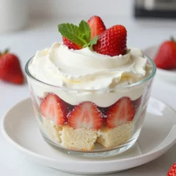 - 2 cups fresh strawberries, hulled and sliced - 1 tablespoon granulated sugar (for sweetening strawberries) - 1 pound vanilla pound cake, cut into bite-sized cubes - 2 cups heavy cream, chilled - 1 teaspoon pure vanilla extract - 1 tablespoon powdered sugar (for sweetening cream) - Fresh mint leaves, for garnish To make your Strawberry Shortcake Trifle shine, you need fresh strawberries. Choose ripe ones for the best taste. The sugar helps bring out their natural sweetness. A pound of vanilla pound cake gives a soft base. For the cream, heavy cream is key. It whips up thick and rich. Adding vanilla extract makes it fragrant and tasty. The powdered sugar sweetens the cream just right. If you want to make it look fancy, add fresh mint leaves on top. They give a nice pop of color. These ingredients come together to create a delightful dessert. {{ingredient_image_2}} To start, combine the sliced strawberries with one tablespoon of granulated sugar in a medium bowl. Gently toss them. This process is called maceration. It helps the strawberries release their sweet juices. Allow the strawberries to sit for 10-15 minutes. You will see a lovely syrup form. This syrup adds amazing flavor to the trifle. Next, take your chilled heavy cream and pour it into another mixing bowl. Use an electric mixer on medium speed to whip the cream. As it starts to thicken, add one teaspoon of vanilla extract and one tablespoon of powdered sugar. Keep whipping until soft peaks form. Be careful not to over-whip. You want the cream smooth and fluffy. Now it&rsquo;s time to build your trifle! Begin with a layer of cubed vanilla pound cake at the bottom of your bowl. This will be the base. Next, spoon a generous amount of your macerated strawberries over the cake. Make sure to include those tasty juices! After that, add a thick layer of your whipped cream. Smooth it out gently with a spatula. Repeat this layering process until you use all your ingredients. Make sure to end with a beautiful layer of whipped cream on top. For a finishing touch, you can garnish with whole strawberries and fresh mint leaves. This adds color and a nice flavor. If you cover the trifle with plastic wrap and chill it in the fridge for at least 30 minutes, the flavors will meld together perfectly! To macerate strawberries, mix them with sugar. Use one tablespoon of granulated sugar for every two cups of sliced strawberries. Toss them gently and let them sit for 10-15 minutes. This process brings out their natural juices, creating a sweet syrup. When choosing strawberries, look for ripe, bright red berries. They should feel firm and smell sweet. Avoid dull or soft strawberries, as they may not taste good. Freshly picked strawberries often have the best flavor. For the best whipped cream, start with chilled heavy cream. Use a cold bowl and beaters to help it whip up nicely. Begin whipping on medium speed. When the cream thickens, add one teaspoon of pure vanilla extract and one tablespoon of powdered sugar. Stop whipping when soft peaks form. Be careful not to over-whip, as this can make the cream grainy. Common mistakes include using warm cream or over-whipping. Warm cream won't whip well, and over-whipped cream can turn into butter. Aim for smooth, fluffy peaks. Layer the trifle in a clear glass bowl or individual glasses. Start with a layer of vanilla pound cake at the bottom. Next, add a layer of macerated strawberries and their juices. Top it with whipped cream, smoothing it out for a nice finish. For serving, try garnishing with whole strawberries and fresh mint leaves. This adds color and freshness to the dish. To make the flavors pop, chill the trifle for at least 30 minutes before serving. This waiting time helps all the flavors blend together beautifully. Pro Tips Maceration Matters: Allow the strawberries to sit with sugar to enhance their natural sweetness and create a flavorful syrup. Choose the Right Cream: Use heavy cream for the whipped topping to achieve a rich and stable texture that holds its shape. Layer with Care: Ensure each layer is even and generous for a beautiful presentation and balanced flavor in every bite. Chill Before Serving: Refrigerate the trifle for at least 30 minutes to allow the flavors to meld and improve the overall taste. {{image_4}} You can switch out strawberries for other fruits. Blueberries and raspberries are great choices. These berries add a burst of flavor and color. You can also add banana slices or any seasonal fruit you like. Each fruit brings its unique taste, making the trifle fun and fresh. Want to change the flavor? You can infuse your whipped cream with new tastes. Try lemon or almond extract for an exciting twist. You can also use different cake types. Chocolate or sponge cake can give your trifle a unique vibe. These changes keep the dessert interesting and allow you to explore new flavors. If you need gluten-free options, choose a gluten-free cake mix. Many brands offer tasty alternatives. For a vegan version, use coconut cream instead of heavy cream. You can also swap the pound cake for a vegan cake. These options ensure everyone can enjoy this dessert treat without worry. To keep your trifle fresh, place it in the refrigerator. Use a tight lid or plastic wrap to cover it. This helps keep the layers intact and moist. You can store it for up to three days. After that, the cake may get soggy. Can you freeze Strawberry Shortcake Trifle? It&rsquo;s best not to freeze it. The whipped cream and fresh strawberries do not freeze well. If you must freeze it, try to freeze only the cake layers. When you want to eat it, let it thaw in the fridge overnight. After enjoying your trifle, store any leftovers in the fridge. Use an airtight container to keep it fresh. To maintain the texture, try to eat the leftovers within two days. If you notice any liquid, gently stir it back in before serving again. You can keep Strawberry Shortcake Trifle in the fridge for up to three days. The flavors blend well with time. However, the cake may start to get soggy. It&rsquo;s best to enjoy it fresh! Yes, you can make your trifle a day in advance. This gives the flavors time to mix. Just store it covered in the fridge. It will be ready when you are! You can use sponge cake, ladyfingers, or even angel food cake. These options are light and soak up strawberry juices well. Each adds its own twist to the dessert. To keep the cake firm, layer it with whipped cream first. This acts as a barrier. You can also serve the trifle soon after making it for the best texture. Yes, you can make a gluten-free trifle! Use gluten-free pound cake or sponge cake. Just check the labels to ensure all ingredients are gluten-free. Enjoy your treat worry-free! This blog post shows you how to make a delicious Strawberry Shortcake Trifle. You learned about the ingredients, from fresh strawberries to whipped cream. I covered step-by-step instructions and shared helpful tips. Variations let you customize your trifle to your taste and dietary needs. I also explained how to store and manage leftovers. Now you can impress others with your trifle-making skills. Enjoy the joy of sharing this treat with friends and family!