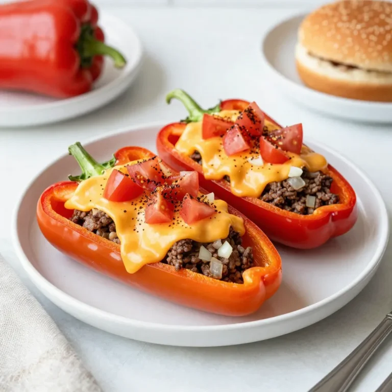 - 4 large bell peppers (any vibrant color you prefer) - 1 lb ground beef or ground turkey - 1 small onion, finely chopped - 2 cloves garlic, minced - 1 cup shredded cheddar cheese (plus more for topping) - 1/2 cup diced tomatoes (canned or fresh) - 1 tablespoon Worcestershire sauce - 1 teaspoon smoked paprika - Salt and pepper to taste - Optional toppings (pickles, lettuce, ketchup, mustard) Cheeseburger stuffed peppers are fun and easy to make. The first step is picking your peppers. Choose big, bright ones that catch your eye. They will be the base for your tasty filling. The filling starts with ground beef or turkey. I prefer beef for its rich flavor, but turkey keeps it lean. Next, you need a small onion and garlic. Chop them fine so they blend well. The onion adds sweetness, and garlic gives a nice kick. You will also need shredded cheddar cheese. I love using a good amount because it melts so well. Tomatoes add moisture and freshness. Don’t forget Worcestershire sauce! It adds a savory taste. Smoked paprika gives a hint of warmth. Finally, season with salt and pepper to get the best flavor. If you like, add toppings like pickles, lettuce, ketchup, and mustard for a classic burger touch. Gather these ingredients, and you are ready to cook! {{ingredient_image_2}} First, you need to preheat your oven to 375°F (190°C). Preheating is key to cooking the peppers evenly. While the oven warms up, grease a baking dish lightly. This step helps prevent sticking and makes cleanup easier. Next, take four large bell peppers. Cut the tops off and remove the seeds inside. Make sure to set the prepared peppers aside. They will hold your delicious filling later. Now, grab a large skillet. Over medium heat, add your ground beef or turkey, chopped onion, and minced garlic. Sauté this mixture until the meat browns. The onions should turn soft and clear. This usually takes about 5 to 7 minutes. Once the meat is cooked, drain any extra fat. Return the skillet to medium heat. Add diced tomatoes, Worcestershire sauce, smoked paprika, salt, and pepper. Stir everything well and let it cook for 2 to 3 minutes. This helps the flavors blend together nicely. Now, it’s time to add cheese. Take the skillet off the heat and stir in half of the shredded cheddar cheese. Mix until the cheese melts and blends into the filling. This step adds a rich, creamy texture. Next, take your prepared peppers and fill them generously with the cheeseburger mixture. Press the filling down a bit to pack it tightly. Stand the stuffed peppers upright in the greased baking dish. Top each pepper with the remaining shredded cheddar cheese. Cover the baking dish with aluminum foil. Bake in the oven for 25 minutes. This helps the peppers become tender. After that time, carefully remove the foil and bake for another 10 to 15 minutes. This step makes the cheese bubbly and golden. Once done, let the peppers cool for a few minutes before serving. You can add optional toppings like pickles, lettuce, ketchup, or mustard for extra flavor. For your cheeseburger stuffed peppers, you can choose between ground beef and ground turkey. Ground beef gives you a rich flavor. It has nice fat that adds moisture. Ground turkey is leaner and healthier. It still tastes great when cooked well. You can also mix them for a unique taste. This way, you get the best of both worlds. The choice depends on what you like and need. Cheese is key to making these peppers delicious. Cheddar cheese is classic and melts beautifully. You might also try Swiss cheese for a nutty flavor. Pepper Jack adds a spicy kick. Feel free to mix cheeses for more flavor layers. Make sure to add some cheese on top for a golden, bubbly finish. This extra melt adds texture and taste to your dish. Cooking the peppers just right is essential. Bake them until they are tender but not mushy. You want them to keep their shape. This helps hold all the tasty filling inside. After baking, let the peppers rest for a few minutes. This waiting time allows the filling to settle and cool. It makes for easier serving and a better eating experience. Pro Tips Choose Colorful Peppers: Using a mix of red, yellow, and green bell peppers not only enhances the visual appeal of your dish but also adds a subtle variation in flavor. Customize Your Filling: Feel free to add in other ingredients such as mushrooms, zucchini, or even cooked quinoa to make the filling more nutritious and hearty. Experiment with Cheese: While cheddar is classic, try mixing in other types of cheese like pepper jack for a spicy kick or mozzarella for a milder flavor. Serve with Sides: Pair your stuffed peppers with a refreshing side salad or crispy fries to complete the meal and offer a variety of textures and flavors. {{image_4}} You can make a tasty vegetarian version of cheeseburger stuffed peppers. Here’s how: - Use quinoa or brown rice instead of meat. - Add black beans for protein and fiber. - Mix in corn, diced zucchini, and bell peppers for crunch. - Replace cheese with a dairy-free option, like cashew cheese. This way, you keep the same flavors but make it meatless and healthy. If you like heat, try making spicy cheeseburger stuffed peppers. Here are some ideas: - Add chopped jalapeños to the meat mixture for a kick. - Stir in hot sauce to give it extra spice. - Top the peppers with pepper jack cheese for a zesty finish. - Serve with a side of spicy dipping sauce for more flavor. These options will make your meal exciting and packed with flavor. For a low-carb option, swap out bell peppers with other veggies. Consider these: - Use zucchini instead of peppers. Cut them in half and scoop out some flesh. - Eggplant also works well; slice it into thick rounds and scoop out the center. - Stuff them the same way as the peppers, using the same filling. These alternatives keep the taste but lower the carbs, making it a perfect choice for those watching their intake. To keep your cheeseburger stuffed peppers fresh, store them in an airtight container. This method helps maintain their flavor and texture. Place the stuffed peppers in the fridge within two hours of cooking. They will last for about three to four days in the fridge. If you want to enjoy them later, make sure to check for any signs of spoilage before you eat. Freezing is a great option if you want to save some for later. Start by letting the stuffed peppers cool completely. Then, wrap each pepper tightly in plastic wrap. For extra protection, place them in a freezer-safe bag or container. This way, they can last for up to three months in the freezer. When it's time to eat, take the peppers out and let them thaw in the fridge overnight. To reheat, place them in a baking dish and cover with foil. Heat in a preheated oven at 350°F (175°C) for about 30 minutes or until heated through. You can also microwave them, but they may not get crispy like in the oven. Bake the stuffed peppers for 25 minutes covered with foil. This helps them cook evenly. After that, remove the foil and bake for another 10 to 15 minutes. This makes the cheese bubbly and golden. To check for doneness, the peppers should be tender when pierced with a fork. Yes, you can use other types of peppers. Try poblano, Anaheim, or even jalapeño peppers for a spicy kick. Each type will add a different flavor to your dish. Just make sure to choose peppers that are big enough to hold the filling. Add jalapeños or a dash of hot sauce to the filling. You can also use spicy cheese, like Pepper Jack. For an extra kick, sprinkle red pepper flakes on top before baking. Test the heat level as you go, so it matches your taste. These stuffed peppers pair well with a fresh salad or crispy fries. You can also serve them with a side of coleslaw for crunch. Another option is a simple dipping sauce, like ranch or ketchup, for added flavor. This blog post covers the tasty cheeseburger stuffed peppers. We discussed ingredients, step-by-step cooking, and helpful tips. You can use various meats and cheeses or make them vegetarian. Remember to store leftovers properly. Enjoy customizing your stuffed peppers to suit your taste. These simple changes make a big difference in flavor. Now, gather your ingredients and get cooking! You’ll impress yourself and anyone you serve.
