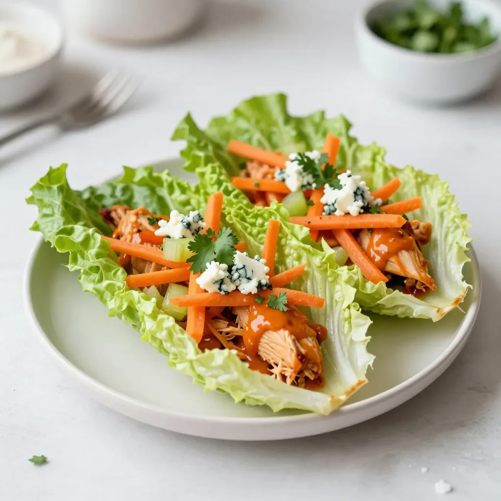 - 1 pound boneless, skinless chicken breasts - 1/2 cup buffalo sauce - 1 tablespoon olive oil - 1 head of iceberg or butter lettuce - 1 cup shredded carrots - 1/2 cup diced celery - 1/4 cup crumbled blue cheese - Fresh cilantro or parsley for garnish When I make Buffalo Chicken Lettuce Wraps, I start with the main ingredients. The chicken breasts give a lean protein base. I always choose boneless and skinless to keep things easy. The buffalo sauce adds that spicy kick, which I love. Olive oil helps to keep the chicken moist while it cooks. Next, I gather my additional ingredients for assembly. I prefer using iceberg or butter lettuce for the wraps. These leaves hold the filling well and add crunch. Shredded carrots and diced celery bring extra texture and freshness to each bite. Lastly, I consider optional ingredients for flavor. Crumbled blue cheese offers a nice creamy contrast to the heat. Fresh herbs like cilantro or parsley can brighten the dish. Each ingredient plays a role in making these wraps fresh and tasty. {{ingredient_image_2}} 1. First, preheat your grill or skillet to medium heat. This step is key. It helps cook the chicken evenly. 2. Next, take 1 pound of boneless, skinless chicken breasts. Drizzle them with 1 tablespoon of olive oil. Season both sides with 1 teaspoon of garlic powder, 1 teaspoon of onion powder, salt, and freshly ground pepper. Make sure to coat them well. 1. Place the seasoned chicken on the grill or skillet. Cook for about 5 to 7 minutes on each side. The chicken should not be pink inside when done. The juices should run clear. 2. After cooking, remove the chicken from heat. Let it rest for about 5 minutes. Resting helps keep the chicken juicy. 1. Shred the chicken using two forks. Pull apart the meat into bite-sized pieces. 2. In a large mixing bowl, combine the shredded chicken with 1/2 cup of buffalo sauce. Toss the chicken until every piece is coated. You can adjust the sauce amount for spiciness. 3. While mixing, separate your lettuce leaves. Use iceberg or butter lettuce for the wraps. Keep them intact. 4. To assemble, take a lettuce leaf and spoon some buffalo chicken into the center. 5. Add shredded carrots and diced celery for crunch. If you like, sprinkle some crumbled blue cheese on top. 6. Finish your wraps with fresh cilantro or parsley for a nice touch. Enjoy your tasty buffalo chicken lettuce wraps! To ensure your chicken is cooked through, check the center. It should not be pink, and juices must run clear. I cook the chicken on medium heat for about 5-7 minutes per side. This method gives you juicy and tender chicken. For shredding chicken effectively, let it rest first. After cooking, let the chicken sit for about 5 minutes. This helps keep the juices in. Use two forks to pull apart the chicken into bite-sized pieces easily. You can modify the buffalo sauce to fit your spice preference. If you like a milder flavor, add less sauce. For extra heat, add more sauce or a dash of hot sauce. Consider adding or omitting blue cheese based on your taste. It adds a creamy flavor, but it’s not for everyone. Try it without first, then decide if you want to add it later. Creative garnish ideas can make your wraps pop. Try using fresh cilantro or parsley for a bright touch. You can also add lime wedges on the side for a zesty kick. For parties, serve the wraps on a large platter. Arrange them nicely and add extra buffalo sauce for dipping. This makes it easy for guests to grab and enjoy! Pro Tips Adjust the Heat: If you prefer a milder flavor, try using a mild buffalo sauce or mixing it with a bit of ranch dressing to tone down the heat. Perfectly Shredded Chicken: For easier shredding, let the chicken rest for a few minutes after cooking. The meat will be tender and easier to pull apart. Fresh Lettuce Leaves: Choose crisp and vibrant lettuce leaves for wraps. Iceberg or butter lettuce works best as they hold the filling well. Customize Your Toppings: Feel free to add other toppings like diced tomatoes or sliced avocados to enhance the flavor and texture of your wraps. {{image_4}} If you want to make Buffalo chicken lettuce wraps healthier, consider these options: - Low-carb wraps: Instead of lettuce, you can use collard greens or cabbage leaves. They hold the filling well and add a nice crunch. - Buffalo sauce substitutes: Try using hot sauce mixed with Greek yogurt for a creamy, lower-calorie sauce. You can also mix in some honey for a sweet twist. Adding new flavors can elevate your Buffalo chicken wraps. Here are some ideas: - Vegetables: Mix in diced bell peppers, corn, or even black beans with the chicken. This adds color and nutrition. - Cheeses: Experiment with different cheeses like feta or pepper jack. They can bring a new flavor and texture to the dish. If you have specific dietary needs, you can easily adjust this recipe: - Gluten-free options: Ensure the buffalo sauce is gluten-free. Many brands offer gluten-free sauces, so read the labels. - Vegan alternatives: Swap the chicken for shredded jackfruit or tofu. These options soak up the buffalo sauce well and provide a great texture. To store your buffalo chicken lettuce wraps, keep the chicken and veggies separate from the lettuce. This keeps the lettuce crisp. Use airtight containers to hold each part. For the chicken mixture, a glass container works well. It seals tightly and keeps the flavors fresh. When you’re ready to enjoy leftovers, use the microwave for the chicken. Heat it in short bursts of 30 seconds. Stir between each burst to ensure even warming. For the lettuce wraps, do not microwave them. Instead, eat them cold or at room temperature to keep their crunch. You can freeze the buffalo chicken mixture for later. Place it in a freezer bag and remove as much air as possible. Label the bag with the date. It stays good for up to three months. For lettuce wraps, it’s best to freeze only the chicken. Lettuce does not freeze well and will become mushy when thawed. Yes, you can! Use turkey or pork instead of chicken. Both work well with buffalo sauce. Ground meat is also an option. Just cook it until it’s brown and fully done. Shredded beef can add a nice twist too. Make sure to season it like the chicken for good flavor. You have many tasty options! Try serving them with: - Fresh veggie sticks (carrots, cucumbers, or bell peppers) - A side salad with a light dressing - Sweet potato fries for a fun crunch - A bowl of ranch or blue cheese dressing for dipping These sides will add color and flavor to your meal. Buffalo chicken lettuce wraps stay fresh for about 2 to 3 days in the fridge. Store them in an airtight container. Keep the chicken mixture separate from the lettuce leaves. This way, the lettuce stays crisp. If you notice any change in smell or color, it’s best to toss them. Buffalo chicken lettuce wraps are a tasty, fun dish to make. You learned about the main ingredients and how to prep them. Cooking tips helped you perfect your chicken and adjust the heat. We explored variations for different diets and flavors, plus storage info for your leftovers. Try these wraps for your next meal; they are easy and full of flavor. Enjoy them with friends or family for a great time. Making these wraps lets you explore your cooking skills while creating something delicious.