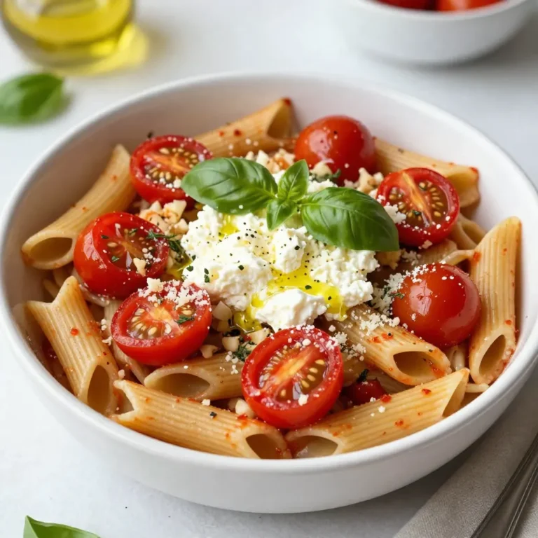 - 200g pasta (penne or fusilli) - 200g block of feta cheese - 500g cherry tomatoes, halved - 3 cloves of garlic, minced - 4 tablespoons extra virgin olive oil - 1 teaspoon dried oregano - 1/2 teaspoon red pepper flakes (optional) - Salt and freshly ground black pepper, to taste - Fresh basil leaves, for garnish - Grated Parmesan cheese, for serving (optional) - Red pepper flakes add heat. Use them if you like it spicy. - Grated Parmesan cheese gives extra flavor. Serve it on the side. - Use gluten-free pasta if you need. It works just as well. - Swap feta with goat cheese for a different taste. - If you don’t have cherry tomatoes, use regular tomatoes cut into pieces. This dish is all about freshness and flavor. Each ingredient plays an important role in creating a rich and tasty meal. Feel free to get creative with your substitutions! {{ingredient_image_2}} First, preheat your oven to 200°C (400°F). This step is key for a great bake. Next, grab a medium baking dish. Add the halved cherry tomatoes and minced garlic to the dish. Drizzle 2 tablespoons of olive oil over this mix. Season with salt, black pepper, dried oregano, and red pepper flakes if you like heat. Toss everything so each piece is covered well. Make a little space in the center of the dish for the feta cheese. Place the feta block there. Drizzle the remaining olive oil over it. This helps the cheese soak up all those yummy flavors. Now, put the baking dish in your preheated oven. Bake it for 25-30 minutes. You want the feta to turn golden and the tomatoes to become blistered. This step creates a perfect blend of taste and texture. While your dish bakes, fill a large pot with water and add salt. Bring it to a rolling boil. Once boiling, add the pasta. Cook according to the package instructions until it is al dente. After cooking, drain the pasta and let it sit. This helps get rid of extra water. After the baking time, carefully take the dish from the oven. Use a fork to mash the feta into the blistered tomatoes. Mix them until you have a creamy sauce. Now, add the cooked pasta right into the baking dish. Toss everything together until the pasta is fully coated with the feta and tomato sauce. Serve the pasta hot. Add fresh basil leaves on top for a lovely aroma. If you want, you can also offer grated Parmesan cheese on the side. This dish tastes great with a green salad or some toasted garlic bread. Enjoy your meal! To get the best taste from Baked Feta Tomato Pasta, use fresh ingredients. Fresh cherry tomatoes burst with flavor. When you bake them, they become sweet and juicy. Use good-quality feta cheese. A block of feta melts beautifully, making a creamy sauce. Don't skip the garlic; it adds depth. Red pepper flakes give a nice kick. Adjust the amount to your taste. Finally, add fresh basil for a fragrant finish. It brightens every bite. Many people overcook the feta and tomatoes. Keep an eye on them while they bake. If the feta gets too brown, it can become dry. Also, avoid using too much salt at the start. Feta is salty on its own. Taste your dish before adding more. Lastly, don't forget to mix the pasta well with the sauce. This ensures every piece gets coated in that delicious flavor. This dish pairs well with a crisp green salad. The freshness of the salad balances the richness of the pasta. You can also serve it with toasted garlic bread. The crunchy bread soaks up the extra sauce. For drinks, a light white wine works great. If you prefer non-alcoholic options, try sparkling water with lemon. Enjoy your meal with friends and family! Pro Tips Use Fresh Ingredients: Always opt for fresh, ripe cherry tomatoes as they will contribute to the overall flavor and juiciness of the dish. Experiment with Cheese: Try different cheeses like goat cheese or ricotta for a unique twist on the classic feta flavor. Customize the Heat: Adjust the amount of red pepper flakes depending on your preference for spice; you can also add fresh chili for an extra kick. Perfect Pasta Texture: Make sure to cook the pasta al dente to ensure it holds up well when mixed with the creamy feta and tomatoes. {{image_4}} You can easily add vegetables to this dish. Try using spinach, zucchini, or bell peppers. Just chop them into small pieces. Mix them with the tomatoes before baking. These additions boost flavor and nutrition. Plus, they add color to your plate. Feta cheese is great, but there are other options. Goat cheese adds a tangy flavor. Mozzarella gives you a stretchy texture. You can also use ricotta for creaminess. Each cheese brings its own taste, so feel free to experiment. If you need a gluten-free option, choose gluten-free pasta. Many brands offer good choices now. You can also use zucchini noodles for a fresh twist. They pair well with the sauce and keep it light. Enjoy your dish without worry! To store any leftover baked feta tomato pasta, let it cool first. Place it in an airtight container. This helps keep it fresh. Store it in the fridge for up to three days. Make sure to cover it well to avoid drying out. When you’re ready to enjoy your leftovers, you can reheat them easily. Use the microwave for quick warming. Heat on medium power for about 2-3 minutes. If you prefer the oven, preheat it to 180°C (350°F). Place the pasta in an oven-safe dish and cover it with foil. Bake for around 15-20 minutes until it's hot throughout. Freezing baked feta tomato pasta is a great way to save it for later. First, let it cool completely. Then, divide it into portion-sized containers. Make sure to use freezer-safe containers. It can last up to three months in the freezer. To reheat, thaw it overnight in the fridge before using the microwave or oven. Yes, you can use crumbled feta. It will melt into the sauce differently. You may not get the same creamy texture. However, it will still taste great. If you use crumbled feta, add it halfway through baking. This helps it blend well with the tomatoes. I love using penne or fusilli. Both shapes catch the sauce well. Penne has a nice bite, while fusilli twists hold onto the creamy mixture. You can also try other short pasta shapes if you prefer. To spice things up, add more red pepper flakes. You can start with one teaspoon and adjust to your taste. Adding a pinch of cayenne pepper also works well. Just be careful not to overdo it! You can prep the dish ahead of time. Just make the tomato and feta mixture and store it in the fridge. When you're ready to cook, bake it as usual. Cook the pasta fresh for the best texture. This dish is already vegetarian! The ingredients include pasta, tomatoes, garlic, and feta cheese. Just ensure the feta is made without animal rennet. This way, everyone can enjoy this tasty meal. In this article, I shared how to create a simple and tasty feta pasta dish. I covered the key ingredients, step-by-step instructions, and helpful tips. Remember, experimenting with flavors and variations can enhance your meal. Store leftovers properly and enjoy them later. Making this dish can be fun and rewarding. With a few tricks, you can impress your family and friends. Try this recipe, and you might discover a new favorite!