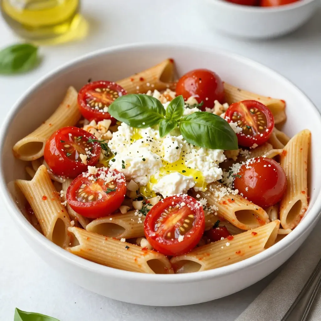 - 200g pasta (penne or fusilli) - 200g block of feta cheese - 500g cherry tomatoes, halved - 3 cloves of garlic, minced - 4 tablespoons extra virgin olive oil - 1 teaspoon dried oregano - 1/2 teaspoon red pepper flakes (optional) - Salt and freshly ground black pepper, to taste - Fresh basil leaves, for garnish - Grated Parmesan cheese, for serving (optional) - Red pepper flakes add heat. Use them if you like it spicy. - Grated Parmesan cheese gives extra flavor. Serve it on the side. - Use gluten-free pasta if you need. It works just as well. - Swap feta with goat cheese for a different taste. - If you don’t have cherry tomatoes, use regular tomatoes cut into pieces. This dish is all about freshness and flavor. Each ingredient plays an important role in creating a rich and tasty meal. Feel free to get creative with your substitutions! {{ingredient_image_2}} First, preheat your oven to 200°C (400°F). This step is key for a great bake. Next, grab a medium baking dish. Add the halved cherry tomatoes and minced garlic to the dish. Drizzle 2 tablespoons of olive oil over this mix. Season with salt, black pepper, dried oregano, and red pepper flakes if you like heat. Toss everything so each piece is covered well. Make a little space in the center of the dish for the feta cheese. Place the feta block there. Drizzle the remaining olive oil over it. This helps the cheese soak up all those yummy flavors. Now, put the baking dish in your preheated oven. Bake it for 25-30 minutes. You want the feta to turn golden and the tomatoes to become blistered. This step creates a perfect blend of taste and texture. While your dish bakes, fill a large pot with water and add salt. Bring it to a rolling boil. Once boiling, add the pasta. Cook according to the package instructions until it is al dente. After cooking, drain the pasta and let it sit. This helps get rid of extra water. After the baking time, carefully take the dish from the oven. Use a fork to mash the feta into the blistered tomatoes. Mix them until you have a creamy sauce. Now, add the cooked pasta right into the baking dish. Toss everything together until the pasta is fully coated with the feta and tomato sauce. Serve the pasta hot. Add fresh basil leaves on top for a lovely aroma. If you want, you can also offer grated Parmesan cheese on the side. This dish tastes great with a green salad or some toasted garlic bread. Enjoy your meal! To get the best taste from Baked Feta Tomato Pasta, use fresh ingredients. Fresh cherry tomatoes burst with flavor. When you bake them, they become sweet and juicy. Use good-quality feta cheese. A block of feta melts beautifully, making a creamy sauce. Don't skip the garlic; it adds depth. Red pepper flakes give a nice kick. Adjust the amount to your taste. Finally, add fresh basil for a fragrant finish. It brightens every bite. Many people overcook the feta and tomatoes. Keep an eye on them while they bake. If the feta gets too brown, it can become dry. Also, avoid using too much salt at the start. Feta is salty on its own. Taste your dish before adding more. Lastly, don't forget to mix the pasta well with the sauce. This ensures every piece gets coated in that delicious flavor. This dish pairs well with a crisp green salad. The freshness of the salad balances the richness of the pasta. You can also serve it with toasted garlic bread. The crunchy bread soaks up the extra sauce. For drinks, a light white wine works great. If you prefer non-alcoholic options, try sparkling water with lemon. Enjoy your meal with friends and family! Pro Tips Use Fresh Ingredients: Always opt for fresh, ripe cherry tomatoes as they will contribute to the overall flavor and juiciness of the dish. Experiment with Cheese: Try different cheeses like goat cheese or ricotta for a unique twist on the classic feta flavor. Customize the Heat: Adjust the amount of red pepper flakes depending on your preference for spice; you can also add fresh chili for an extra kick. Perfect Pasta Texture: Make sure to cook the pasta al dente to ensure it holds up well when mixed with the creamy feta and tomatoes. {{image_4}} You can easily add vegetables to this dish. Try using spinach, zucchini, or bell peppers. Just chop them into small pieces. Mix them with the tomatoes before baking. These additions boost flavor and nutrition. Plus, they add color to your plate. Feta cheese is great, but there are other options. Goat cheese adds a tangy flavor. Mozzarella gives you a stretchy texture. You can also use ricotta for creaminess. Each cheese brings its own taste, so feel free to experiment. If you need a gluten-free option, choose gluten-free pasta. Many brands offer good choices now. You can also use zucchini noodles for a fresh twist. They pair well with the sauce and keep it light. Enjoy your dish without worry! To store any leftover baked feta tomato pasta, let it cool first. Place it in an airtight container. This helps keep it fresh. Store it in the fridge for up to three days. Make sure to cover it well to avoid drying out. When you’re ready to enjoy your leftovers, you can reheat them easily. Use the microwave for quick warming. Heat on medium power for about 2-3 minutes. If you prefer the oven, preheat it to 180°C (350°F). Place the pasta in an oven-safe dish and cover it with foil. Bake for around 15-20 minutes until it's hot throughout. Freezing baked feta tomato pasta is a great way to save it for later. First, let it cool completely. Then, divide it into portion-sized containers. Make sure to use freezer-safe containers. It can last up to three months in the freezer. To reheat, thaw it overnight in the fridge before using the microwave or oven. Yes, you can use crumbled feta. It will melt into the sauce differently. You may not get the same creamy texture. However, it will still taste great. If you use crumbled feta, add it halfway through baking. This helps it blend well with the tomatoes. I love using penne or fusilli. Both shapes catch the sauce well. Penne has a nice bite, while fusilli twists hold onto the creamy mixture. You can also try other short pasta shapes if you prefer. To spice things up, add more red pepper flakes. You can start with one teaspoon and adjust to your taste. Adding a pinch of cayenne pepper also works well. Just be careful not to overdo it! You can prep the dish ahead of time. Just make the tomato and feta mixture and store it in the fridge. When you're ready to cook, bake it as usual. Cook the pasta fresh for the best texture. This dish is already vegetarian! The ingredients include pasta, tomatoes, garlic, and feta cheese. Just ensure the feta is made without animal rennet. This way, everyone can enjoy this tasty meal. In this article, I shared how to create a simple and tasty feta pasta dish. I covered the key ingredients, step-by-step instructions, and helpful tips. Remember, experimenting with flavors and variations can enhance your meal. Store leftovers properly and enjoy them later. Making this dish can be fun and rewarding. With a few tricks, you can impress your family and friends. Try this recipe, and you might discover a new favorite!
