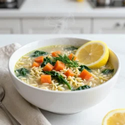 - 1 cup orzo pasta - 6 cups low-sodium chicken or vegetable broth - 1 small onion, finely chopped - 2 cloves garlic, minced - 2 stalks celery, diced - 2 large carrots, diced - 1 cup fresh spinach, roughly chopped - 1 lemon (zest and juice separated) - 1 teaspoon dried oregano - Salt and pepper to taste - 2 tablespoons olive oil - Fresh dill or parsley for garnish I love the fresh flavors in Greek lemon orzo soup. It starts with simple, wholesome ingredients that offer a bright taste. The orzo pasta adds a nice texture, while the broth gives the soup depth. Using low-sodium broth keeps it healthy and tasty. Chop the onion, garlic, celery, and carrots finely. This helps them cook evenly. Fresh spinach adds color and nutrients. The lemon zest and juice give the soup a zesty kick. You can adjust the salt and pepper to your liking. I recommend using fresh herbs like dill or parsley for garnish. They improve the look and taste of the soup. The mix of flavors from these ingredients makes every spoonful comforting and satisfying. {{ingredient_image_2}} - First, heat 2 tablespoons of olive oil in a large pot over medium heat. - Add 1 small, finely chopped onion, 2 diced stalks of celery, and 2 diced large carrots. - Saut&eacute; these veggies for about 5 minutes. They should soften and turn a bit clear. - Next, add 2 minced garlic cloves. Cook for another minute. The smell will be great! - Now, pour in 6 cups of low-sodium chicken or vegetable broth. - Turn up the heat and bring this mix to a rolling boil. - Once boiling, add 1 cup of orzo pasta. - Lower the heat to a gentle simmer. Cook the orzo for about 8 to 10 minutes. It should be al dente. - Stir in 1 cup of roughly chopped fresh spinach. - Add the zest and juice from 1 lemon. - Sprinkle in 1 teaspoon of dried oregano, along with salt and pepper to taste. - Let the soup simmer for 2 to 3 minutes. This helps the flavors blend well. - Taste the soup and adjust the seasonings as needed. - Serve it warm with fresh dill or parsley on top for a lovely finish. Using fresh ingredients makes this soup shine. Fresh veggies boost flavor and nutrition. Choose bright, crisp greens and ripe lemons for the best taste. Cooking the orzo to al dente is key. This means it should be firm but not hard. If you overcook orzo, it will become mushy. Follow the package instructions closely for perfect pasta. One big mistake is overcooking the orzo. This can change the soup's texture. Check it a minute or two before the time is up. Another mistake is skipping lemon zest. This zest adds a bright flavor that makes the soup special. Always zest your lemon before juicing it. Garnishing with fresh herbs adds color and flavor. Dill or parsley works well for this soup. Sprinkle them on top just before serving. Serving suggestions include adding a slice of lemon on the side. This adds a pop of color and allows guests to add more lemon if they want. A drizzle of good olive oil also enhances the look and taste. Pro Tips Use Fresh Ingredients: For the best flavor, opt for fresh vegetables and herbs. The freshness will enhance the soup&rsquo;s overall taste. Adjust the Lemon: Depending on your preference, you can increase or decrease the amount of lemon juice and zest to customize the soup&rsquo;s brightness. Storage Tips: This soup can be stored in the refrigerator for up to 3 days. However, the orzo may absorb too much broth over time, so consider cooking the pasta separately if you plan to reheat leftovers. Garnish Wisely: Fresh dill or parsley not only adds color but also enhances the flavor. Consider adding a dollop of yogurt for creaminess and extra tang. {{image_4}} You can make Greek lemon orzo soup heartier with protein. Chicken is a great choice. Simply add cooked, shredded chicken to the soup after the orzo cooks. This adds flavor and makes the soup filling. Shrimp is another tasty option. Just add it during the last minutes of cooking. The shrimp cooks quickly and adds a nice touch. For a vegetarian option, use chickpeas instead of meat. They add protein and texture. You can also toss in some cubes of firm tofu. This will give your soup a nice twist while keeping it plant-based. You can boost the flavor by adding more herbs and spices. Fresh thyme or basil works well with the lemon. You can also try adding a pinch of cumin for warmth. This gives your soup a unique taste. Adding more veggies is another great idea. You can include bell peppers or zucchini for extra nutrients. Just chop them up and add them with the carrots. This makes the soup even more colorful and healthy. If you need a gluten-free option, swap the orzo for gluten-free pasta. Many brands offer great pasta that cooks well and holds its shape. Just check the package for the cooking time. This way, you can enjoy the soup without worrying about gluten. To keep your Greek Lemon Orzo Soup fresh, store it in the fridge. Use a sealed container to avoid spills. The soup stays good for up to three days. If you want to save it longer, freezing is a great option. Pour the cooled soup into freezer-safe bags or containers. Leave some space at the top, as the soup will expand when it freezes. You can freeze it for up to three months. When it's time to enjoy your soup again, reheating is easy. The best method is on the stove. Pour the soup into a pot and heat it over medium-low heat. Stir often to keep it from sticking. If the soup seems too thick, add a splash of broth or water. You can also use a microwave. Place the soup in a microwave-safe bowl and heat it in short bursts, stirring in between. To keep the flavors vibrant, add a dash of fresh lemon juice before serving. Enjoy your comforting bowl of soup just like the first time! Greek Lemon Orzo Soup is a bright, flavorful dish. It blends tender orzo pasta with fresh veggies and lemon. This soup has roots in Greek cuisine, where lemon adds a fresh touch. It&rsquo;s often enjoyed for lunch or dinner. The warm broth comforts you on chilly days. Yes, you can easily make this soup vegetarian. Simply swap chicken broth for vegetable broth. You can also skip any meat and add more veggies. Try chickpeas or beans for protein. This keeps the soup hearty and filling while keeping it plant-based. This soup lasts about 3 to 5 days in the fridge. Store it in an airtight container to keep it fresh. If you want to keep it longer, freeze it. The soup can stay in the freezer for 2 to 3 months. Just reheat it on the stove when you&rsquo;re ready to enjoy it again. This blog post covered the key steps to make Greek Lemon Orzo Soup. We discussed ingredients, preparation, and tips for the best flavors. Fresh ingredients and proper cooking help create a tasty dish. Remember to avoid overcooking the pasta and don't skip lemon zest. You can customize the soup with protein or different veggies too. This hearty soup is easy to store and reheat. Enjoy making it at home, and savor each warm bowlful!
