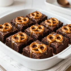 - 1 cup unsalted butter - 1 cup granulated sugar - 1 cup packed brown sugar - 4 large eggs - 1 teaspoon vanilla extract - 1 cup all-purpose flour - 1 cup cocoa powder - 1 teaspoon baking powder - 1/2 teaspoon salt - 1 cup crushed pretzels (plus extra for garnish) - 1 cup salted caramel sauce (store-bought or homemade) - Flaky sea salt (for topping) The first step in making these brownies is gathering your ingredients. You need unsalted butter for richness. The mix of granulated and brown sugar gives sweetness and depth. You will use four large eggs to bind everything together and add moisture. Vanilla extract brings out the flavors in your batter. For the dry mix, all-purpose flour and cocoa powder are key. Baking powder adds lift, while salt enhances taste. Crushed pretzels give a salty crunch that pairs well with sweetness. You can use store-bought salted caramel sauce or make your own for extra flair. Don't forget flaky sea salt to sprinkle on top for a savory finish. With these ingredients, you&rsquo;ll create a treat that balances sweet and salty perfectly. Each bite is a delightful mix of flavors and textures. {{ingredient_image_2}} Start by preheating your oven to 350&deg;F (175&deg;C). Next, take a 9x13 inch baking pan. Grease it well or line it with parchment paper. This makes it super easy to remove the brownies later. In a large mixing bowl, melt 1 cup of unsalted butter. You can do this in the microwave or on the stovetop. Let the butter cool a bit, so it does not cook the eggs. Whisk in 1 cup of granulated sugar and 1 cup of packed brown sugar. Make sure the mixture is smooth. Then, add 4 large eggs one at a time. Mix well after each egg. Finally, stir in 1 teaspoon of vanilla extract until blended. In a separate bowl, sift together 1 cup of all-purpose flour, 1 cup of cocoa powder, 1 teaspoon of baking powder, and 1/2 teaspoon of salt. Gradually add this dry mix into the wet ingredients. Stir gently until just combined. Be careful! Overmixing can make brownies dense. Fold in 1 cup of crushed pretzels into the batter. Save a small handful for later. Pour half of the brownie batter into your prepared pan. Spread it evenly. Drizzle half of the salted caramel sauce over this layer. Pour the remaining brownie batter on top, covering the caramel. Drizzle the rest of the salted caramel sauce over this layer. Now, sprinkle the reserved crushed pretzels on top for a crunchy finish. Use a knife or toothpick to gently swirl the caramel into the brownie batter. Bake these brownies for 25-30 minutes. Check if they are ready by inserting a toothpick. It should come out with moist crumbs, not wet batter. Once baked, sprinkle flaky sea salt on top while they are still warm. Let them cool in the pan for at least 30 minutes. Now, cut them into squares and enjoy! To get soft and chewy brownies, follow these tips. Use unsalted butter for a rich flavor. Melt it gently; do not let it boil. Combine both sugars well with the butter for a smooth mix. Add eggs one at a time, mixing each in fully. Sift the dry ingredients to avoid lumps. Mix just until combined, as overmixing makes brownies dense. For a stunning look, drizzle caramel carefully. Pour half of the batter, then use half the caramel. Spread the second layer evenly, then drizzle again. Take a knife or toothpick and swirl gently. Don&rsquo;t mix too much; you want swirls, not a blend. This keeps the caramel distinct in each bite. Here are some tools that make baking easier: - Mixing bowls - Measuring cups and spoons - Whisk for blending - Sifter for dry ingredients - Rubber spatula for folding - 9x13 inch baking pan - Parchment paper for easy removal - Knife or toothpick for marbling Serve these brownies on a rustic wooden board for charm. Drizzle extra salted caramel on top for more flavor. Add a sprinkle of crushed pretzels on the side for crunch. You can also pair them with vanilla ice cream for a treat. Enjoy them warm for the best experience! Pro Tips Use Room Temperature Ingredients: Allow your eggs and butter to come to room temperature before mixing. This helps to create a smoother batter and leads to better incorporation of ingredients. Don&rsquo;t Overmix: Once you add the dry ingredients to the wet mixture, mix just until combined. Overmixing can lead to dense brownies rather than the desired fudgy texture. Check for Doneness: Instead of relying solely on baking time, check your brownies a few minutes before the recommended time. A toothpick should come out with a few moist crumbs for perfectly baked brownies. Store Properly: To keep your brownies fresh and fudgy, store them in an airtight container at room temperature. You can also freeze them for longer storage, just make sure to wrap them well. {{image_4}} You can make these brownies your own with fun add-ins. Try adding nuts like walnuts or pecans for crunch. Mini chocolate chips can add extra sweetness. Want a kick? A touch of espresso powder can enhance the chocolate flavor. If you love peanut butter, swirl it in with the caramel for a rich taste. To make these brownies gluten-free, use a gluten-free flour blend. Many brands work well in baking. For a dairy-free version, replace the butter with coconut oil or a vegan butter. Use a dairy-free caramel sauce to keep the flavor intact. These swaps help everyone enjoy this treat. Get creative with your toppings! Instead of just flaky sea salt, try crushed pretzels mixed with toffee bits. Drizzle melted chocolate over the top for a sweet touch. You could even add a scoop of ice cream on top when serving. Each option brings a new layer of flavor and fun. To keep your salted caramel pretzel brownies fresh, store them in an airtight container. This helps prevent them from drying out. Place a piece of parchment paper between layers if stacking. Store them at room temperature for up to four days. If you want to keep them longer, refrigeration is an option. Just remember, cold brownies can become a bit firmer. Freezing brownies is simple and effective. First, let them cool completely. Then, cut them into squares. Wrap each square tightly in plastic wrap. You can also place them in a freezer-safe bag for extra protection. When stored this way, they can last up to three months. To enjoy, just thaw them in the fridge overnight or at room temperature for a few hours. When you want to enjoy your brownies again, reheating is key. Preheat your oven to 350&deg;F (175&deg;C). Place the brownies on a baking sheet and cover them with foil. Heat for about 10-15 minutes. This warms them up while keeping them soft. If you prefer the microwave, heat them in short bursts of 10 seconds. This way, you avoid overheating and can enjoy the gooey goodness without losing texture. You can use butterscotch sauce or chocolate sauce. These options will add sweetness. You might also try making your own caramel. Just melt sugar until golden, then mix in cream. This gives a fresh taste to your brownies. These brownies last about five days when stored properly. Keep them in an airtight container at room temperature. You can also refrigerate them for up to a week. Just let them warm up before eating for the best taste. Yes, you can make these brownies a day or two in advance. Just store them as mentioned above. This allows the flavors to meld together. They taste even better after a day! Use a sharp knife for the best cuts. Dip the knife in hot water, then wipe it dry. This helps make clean edges. Cut the brownies while they are cool, but not cold. Absolutely! These brownies are a crowd-pleaser. Their sweet and salty combo is hard to resist. Serve them on a platter, and watch everyone enjoy. They add a fun touch to any event. Salted caramel pretzel brownies combine sweet and salty in every bite. You learned about the essential ingredients, such as unsalted butter and crushed pretzels. We covered step-by-step baking instructions to guide you through the process. Tips helped you achieve the perfect texture and marbling with caramel. You also explored variations and storage methods. Enjoy making your brownies, and remember, you can customize them to fit your taste!