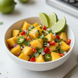 For a vibrant Chili Lime Mango Salsa, you need just a few fresh ingredients: - 2 ripe mangoes, peeled and diced - 1 medium red bell pepper, finely diced - 1 fresh jalape&ntilde;o, seeded and minced - 1/4 cup red onion, finely minced - 1/4 cup fresh cilantro leaves, coarsely chopped - Juice from 2 juicy limes - Zest from 1 lime - 1 teaspoon chili powder - Salt, to taste Start by measuring your ingredients carefully. Use ripe mangoes for the best flavor. Dice the mangoes into small pieces. Then, finely chop the red bell pepper. Seed and mince the jalape&ntilde;o to control the spice. Mince the red onion finely for a nice bite. Coarsely chop the cilantro to add freshness. You will need lime juice and zest to give the salsa its zesty kick. When selecting mangoes, look for ones that yield slightly to gentle pressure. They should smell sweet at the stem. For bell peppers, choose ones with smooth skin and no blemishes. Pick jalape&ntilde;os that are firm and bright green. Check red onions for a crisp texture and an even color. Fresh cilantro should be vibrant and fragrant. Choosing the freshest produce makes a big difference in flavor and enjoyment. {{ingredient_image_2}} Start by gathering your fresh ingredients. You will need: - 2 ripe mangoes, peeled and diced - 1 medium red bell pepper, finely diced - 1 fresh jalape&ntilde;o, seeded and minced - 1/4 cup red onion, finely minced - 1/4 cup fresh cilantro leaves, coarsely chopped Once you have everything, place the diced mangoes in a large mixing bowl. Add the finely diced red bell pepper next. Then, stir in the minced jalape&ntilde;o and red onion. Finally, toss in the coarsely chopped cilantro. Gently stir the mixture to blend all the colors and flavors well. For the dressing, grab a small bowl. You will need: - Juice from 2 juicy limes - Zest from 1 lime - 1 teaspoon chili powder - Salt, to taste Squeeze the juice from the limes into the bowl. Add the lime zest and chili powder. Mix in a pinch of salt. Whisk the ingredients until they blend together smoothly. This zesty dressing will bring your salsa to life. Now, it&rsquo;s time to bring it all together. Drizzle the zesty lime dressing over the mango mixture in the large bowl. Use a spatula or wooden spoon to gently toss everything. Make sure each piece gets coated with the dressing. After tossing, taste the salsa. If it needs more kick, add a bit more lime juice or salt to enhance the flavor. Let the salsa rest for about 15 minutes at room temperature. This resting time helps all the flavors meld together. Enjoy the vibrant taste of your chili lime mango salsa! To make your chili lime mango salsa shine, focus on balance. The sweet mango pairs well with the spicy jalape&ntilde;o. You can tweak the heat by adding more or less jalape&ntilde;o. Want more zing? Add extra lime juice or zest. This brightens the salsa. For a deeper flavor, try using smoked chili powder instead of regular. It adds a unique twist that many love. Chili lime mango salsa is a versatile dish. Serve it as a dip with tortilla chips. It pairs well with grilled chicken or fish, too. You can even use it as a topping for tacos or burritos. If you're feeling creative, try it on a fresh salad for a fruity kick. This salsa also makes a great side dish at barbecues or parties. Presentation matters! Use a colorful bowl to serve the salsa. It looks fresh and inviting. Place it next to a plate of crispy tortilla chips for contrast. Garnish the salsa with extra cilantro leaves and lime wedges. This adds a pop of color. For an extra touch, consider adding slices of avocado on the side. It not only looks good, but it adds creaminess to the dish. Enjoy the vibrant display! Pro Tips Choose Ripe Mangoes: Select mangoes that are slightly soft to the touch and have a fragrant aroma for the best sweetness and flavor. Adjust Heat Levels: If you prefer a milder salsa, remove the seeds and membranes from the jalape&ntilde;o, or substitute with a less spicy pepper. Fresh Ingredients Matter: Use fresh lime juice and herbs for a brighter flavor. Dried herbs won't provide the same freshness. Let It Rest: Allowing the salsa to sit for at least 15 minutes enhances the flavors as they meld together, making it even tastier. {{image_4}} You can make this salsa even more exciting by adding fruits. Pineapple adds sweetness and tang. Diced avocado gives creaminess. Try chopped strawberries for a berry twist. Each fruit brings its own flavor, making the salsa unique. Just remember to keep the balance. Pair sweeter fruits with the zesty lime for a perfect mix. If you want more heat, add more jalape&ntilde;o. For a milder salsa, skip the jalape&ntilde;o or use less. You can also use a pinch of cayenne for warmth. Some like it hot, while others prefer a milder taste. Adjust the spice to fit your personal preference. Just remember, taste as you go! This salsa is easy to adapt for different diets. If you can&rsquo;t have mango, try peaches or nectarines. For a low-carb option, use zucchini instead of fruit. If you're vegan, this salsa is already perfect as is. Always feel free to swap ingredients based on what you have. The key is to keep the zest and flavor alive! To keep your chili lime mango salsa fresh, store it in an airtight container. Glass jars work great for this. Make sure to seal the lid tightly. Keep the salsa in the fridge. This will help preserve the flavors and crispness of the ingredients. When stored properly, your salsa will last about 3 to 5 days in the fridge. After a few days, check for any signs of spoilage. If it smells off or looks strange, throw it away. Fresh salsa tastes best, so enjoy it soon! You can freeze your salsa if you want to keep it longer. Use a freezer-safe container or zip-top bag. Leave some space at the top, as the salsa will expand when it freezes. It will stay good for about 2 to 3 months. When ready to use, thaw it in the fridge overnight. Keep in mind, the texture may change slightly after freezing. Yes, you can use frozen mangoes. They are a great option when fresh ones are not available. Just make sure to thaw them before using. Frozen mangoes may be softer, but they still add great flavor to the salsa. Chili lime mango salsa pairs well with many dishes. Here are some ideas: - Grilled chicken or fish - Tacos or burritos - Crispy tortilla chips - Salads or grain bowls - Sandwiches or wraps This salsa adds a fresh and zesty touch to any meal! The spice level of this salsa depends on the jalape&ntilde;o you use. A fresh jalape&ntilde;o adds a mild heat. If you want more spice, you can leave some seeds in. If you prefer a milder salsa, use less jalape&ntilde;o or remove all seeds. Adjust it to your taste! In this article, I shared how to make a delicious chili lime mango salsa. We covered fresh ingredients, how to prepare them, and tips for choosing the best produce. Step-by-step, you learned how to whip up a zesty lime dressing and combine it all for a tasty treat. I also discussed serving and storage tips, along with variations to customize your salsa. Remember, this salsa is versatile and can be adjusted to fit your taste. Enjoy making it your own!