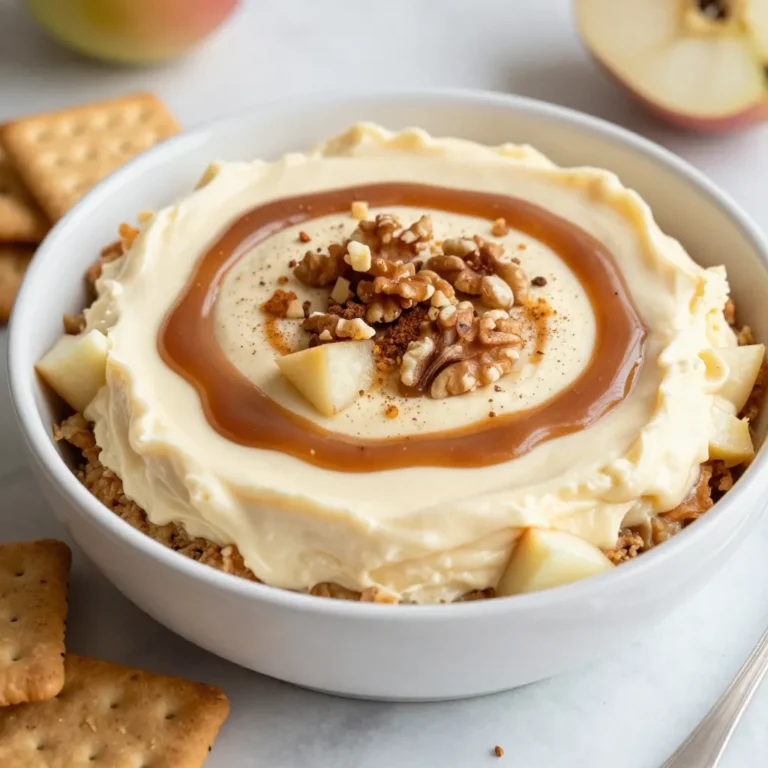 - 8 oz cream cheese, softened to room temperature - 1/2 cup powdered sugar - 1 teaspoon pure vanilla extract - 1 cup sour cream - 1 cup caramel sauce (plus extra for drizzling) - 1 fresh apple (preferably Granny Smith or Honeycrisp), diced into small pieces - 1/2 teaspoon ground cinnamon - 1/4 cup chopped nuts (such as walnuts or pecans) - Graham crackers or pretzel sticks for serving You need simple yet tasty ingredients for this dip. The cream cheese gives a rich, creamy base. Powdered sugar adds sweetness without grittiness. Vanilla extract boosts flavor. Sour cream makes it smooth and tangy. Caramel sauce adds that sweet, gooey goodness. Use a fresh apple for crunch and freshness. Optional ingredients can elevate your dip. Ground cinnamon adds warmth and spice. Chopped nuts give a nice crunch and flavor contrast. Serve with graham crackers or pretzel sticks for the perfect dipping experience. These ingredients will help you create a delightful and easy treat that everyone will love. {{ingredient_image_2}} 1. Start with 8 oz of softened cream cheese. Place it in a large bowl. 2. Use an electric mixer on medium speed to beat the cream cheese until it is smooth. 3. Gradually add 1/2 cup of powdered sugar and 1 teaspoon of pure vanilla extract. 4. Mix well until there are no lumps left. The texture should be creamy and fluffy. 1. Carefully fold in 1 cup of sour cream using a spatula. Mix until the dip is smooth and creamy. 2. Next, add 1 diced fresh apple, 1/2 teaspoon of ground cinnamon, and 1/4 cup of chopped nuts. 3. Make sure to mix gently. This helps to distribute the apples, cinnamon, and nuts evenly. 1. Transfer the dip mixture into a serving dish. Use a spatula to smooth the top. 2. Create a small well in the center for the caramel sauce. 3. Generously drizzle 1 cup of caramel sauce over the top. Let it flow into the well. 4. For a pretty touch, sprinkle some chopped nuts and a little ground cinnamon on top. 5. Serve right away with graham crackers or pretzel sticks. Enjoy the sweet and creamy dip! To get the right creaminess, start with softened cream cheese. Beat it well in a bowl until it’s smooth. Mixing in powdered sugar helps sweeten and lighten the dip. Add sour cream next. This gives the dip a nice tangy taste and rich texture. When it comes to balancing sweetness with apples, choose tart apples like Granny Smith. Their tartness cuts through the sweet caramel and creaminess. Dice the apples small so they mix well with the dip. This way, every bite has a bit of apple. For creative serving ideas, use a pretty dish to showcase the dip. You can even create a well in the center and fill it with extra caramel sauce. This makes it look inviting and tasty. Enhance flavor with toppings. Sprinkle chopped nuts and a dash of cinnamon on top for crunch and spice. You can also drizzle more caramel over the dip for a sweet finishing touch. Serve with graham crackers or pretzel sticks for fun, crunchy dippers. Pro Tips Use Room Temperature Ingredients: Allow your cream cheese and sour cream to come to room temperature before mixing. This helps achieve a smoother and creamier dip. Choose the Right Apples: For a balanced flavor, opt for tart apples like Granny Smith or Honeycrisp, which complement the sweetness of the caramel and cheesecake. Customize Your Toppings: Feel free to add your favorite toppings such as chocolate chips, crushed toffee, or seasonal spices for a unique twist on the flavor profile. Chill Before Serving: For the best texture and flavor, let the dip chill in the refrigerator for at least 30 minutes before serving to allow the flavors to meld. {{image_4}} You can switch up the flavor of your caramel apple cheesecake dip in fun ways. First, try using different types of apples. Granny Smith apples add a nice tartness. Honeycrisp apples bring a sweet crunch. You can even mix apples for a unique taste. Another option is to add chocolate or butterscotch. Drizzle melted chocolate over the top for a rich twist. Butterscotch sauce can also blend well with apples and caramel. Both options add a new layer of flavor and sweetness. If you want to make a nut-free version, it's easy! You can replace nuts with seeds. Sunflower seeds or pumpkin seeds add a nice crunch without nuts. They also give good nutrition. If you prefer, you can simply omit nuts entirely. This makes the dip smooth and creamy. You won't lose any flavor, and everyone can enjoy it. This way, your dip can be safe for all guests. To keep your caramel apple cheesecake dip fresh, store it in the fridge. Place the dip in an airtight container. This helps prevent any odors from the fridge from affecting its taste. Make sure the lid fits snugly to keep it sealed. If you don’t have an airtight container, cover it tightly with plastic wrap. Your dip will last about three days in the fridge. After that, it may lose its flavor and texture. Before serving leftovers, give it a quick stir to bring back the creaminess. If it looks a bit dry, add a touch more caramel sauce or sour cream to refresh it. To make this dip, follow these key steps: 1. Start with softened cream cheese in a bowl. Beat it until smooth. 2. Add powdered sugar and vanilla extract. Mix until no lumps remain. 3. Fold in sour cream gently with a spatula. 4. Add diced apple, ground cinnamon, and chopped nuts. Mix well. 5. Transfer the mixture to a serving dish. Create a well for the caramel. 6. Drizzle caramel sauce over the dip. Add more nuts and cinnamon on top. This dip is creamy, sweet, and has a nice crunch from the apples and nuts. Yes, you can make the dip ahead of time. Here are some tips: - Prepare the dip and store it in an airtight container. - Keep it in the fridge for up to two days. - Add the caramel sauce just before serving for the best taste. This way, your dip stays fresh and delicious for your guests. For the best experience, serve the dip with these options: - Graham crackers provide a sweet, crunchy bite. - Pretzel sticks add a salty contrast to the sweet dip. - Fresh fruit slices like pears or additional apples work well too. These accompaniments make the dip even more fun to enjoy! This blog post outlined how to create a tasty Caramel Apple Cheesecake Dip. We explored main and optional ingredients, step-by-step instructions, and tips for perfecting the dip. You learned about serving options and variations to suit your taste. Finally, we discussed storage and answered common questions. Overall, this dip is easy to make and fun to share. Dive into your kitchen and make this delightful treat for your next gathering! Enjoy the flavors of creamy cheesecake, fresh apples, and sweet caramel in every bite.