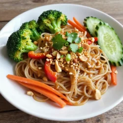 - Main ingredients for Spicy Thai Peanut Noodles - 8 ounces rice noodles - 1 cup broccoli florets - 1 red bell pepper, thinly sliced - 1 carrot, julienned - 1 cucumber, julienned - 1 tablespoon sesame oil - 1 tablespoon vegetable oil - 2 green onions, chopped - 1/4 cup crushed peanuts (for garnish) - Fresh cilantro, for garnish - Peanut sauce ingredients - 1/2 cup peanut butter (smooth or crunchy) - 3 tablespoons soy sauce - 2 tablespoons honey or agave syrup - 1 tablespoon rice vinegar - 2 teaspoons sriracha (adjust for heat) - 1 tablespoon freshly grated ginger - 1 clove garlic, minced - Water (as needed to thin the sauce) - Optional garnishes - Extra chopped green onions - More crushed peanuts - Lime wedges for serving Gather these ingredients before you start. Fresh produce makes a big difference in flavor. The peanut sauce is the star. Adjust the sriracha to match your heat level. You can use crunchy peanut butter for a fun texture. Make sure to have a sharp knife for julienning the vegetables. This will help in cooking and presentation. Also, feel free to add any veggies you love. Think snap peas, bell peppers, or carrots. The more colorful, the better! {{ingredient_image_2}} First, we need to cook the rice noodles. Bring a large pot of salted water to a boil. Add the noodles and cook them for about 6 to 8 minutes. Check the package instructions for the exact time. Once they are al dente, drain them. Rinsing the noodles under cold water is key. This stops the cooking and keeps them from getting sticky. Set the rinsed noodles aside to cool. Next, we prepare the vegetables. Start with the broccoli. If you have a steamer basket, place the broccoli in it. Steam it for about 2 to 3 minutes. You want the broccoli to be tender but still bright green. If you prefer, you can use a microwave. Just put the broccoli in a bowl with a little water, cover it, and steam it. After steaming, add the broccoli to a bowl with the sliced red bell pepper and julienned carrot. For the carrots and cucumber, julienning means cutting them into thin strips. Use a sharp knife for this. It helps with even cooking and makes your dish look nice. Now, let's make the peanut sauce. In a medium bowl, combine the peanut butter, soy sauce, honey, rice vinegar, sriracha, grated ginger, and minced garlic. Whisk these ingredients together until they mix well. If the sauce is too thick, you can add a bit of water. Do this one tablespoon at a time until you like the texture. You can also adjust the sriracha for more or less spice. Once the noodles and sauce are ready, it&rsquo;s time to mix them. In a large bowl, gently combine the cooled noodles with the steamed vegetables. Pour the peanut sauce over the top. Toss everything lightly to coat the noodles and veggies evenly. This helps ensure each bite is packed with flavor. For the final touch, drizzle sesame oil over the noodle mix. This adds a nice flavor boost. Toss it lightly again to mix in the oil. When serving, place the noodles in bowls. Top each bowl with chopped green onions, crushed peanuts, and fresh cilantro. These garnishes not only add flavor but also make your dish look colorful and inviting. - Overcooking noodles: Don't let your rice noodles cook too long. Follow the package time. Usually, 6 to 8 minutes is just right. If they become mushy, your dish will lose texture. - Underusing ingredients in sauce: Use all the sauce ingredients. Each one adds a unique flavor. If you skip an ingredient, the sauce won&rsquo;t be as rich or balanced. - Adding protein options: You can add chicken, shrimp, or tofu. Cook them before mixing with noodles. This adds heartiness and makes the dish more filling. - Incorporating seasonal vegetables: Use veggies that are fresh and in season. Snow peas, bell peppers, or zucchini work well. They add color and crunch to your dish. - Pairing with side dishes: Serve your noodles with a light salad or spring rolls. These side dishes complement the meal's flavors without being too heavy. - Best drinks to complement the meal: I recommend iced tea or a light beer. These drinks refresh your palate and balance the heat of the noodles. Pro Tips Choosing the Right Noodles: For the best texture, use rice noodles specifically marked for stir-frying, as they hold up well in sauces. Customizing the Spice Level: Adjust the amount of sriracha in the peanut sauce to suit your heat preference, or add fresh sliced chilies for an extra kick. Fresh Ingredients Matter: Use fresh vegetables for a vibrant and crunchy texture, enhancing the overall flavor and presentation of the dish. Meal Prep Friendly: Prepare the peanut sauce in advance and store it in the fridge for up to a week. Just toss it with freshly cooked noodles and veggies when ready to serve. {{image_4}} To make this dish vegan, you can swap regular peanut butter for almond or sunflower seed butter. These options work well and still provide a creamy texture. For a gluten-free version, use gluten-free soy sauce or tamari in the peanut sauce. When it comes to noodles, rice noodles are already gluten-free. If you want to try something new, you can use zucchini noodles or quinoa noodles. They add a unique twist to the dish while keeping it light and fresh. If you like heat, play with the sriracha in the sauce. Start with two teaspoons, then taste and add more if you want it spicier. You can also use chili paste or red pepper flakes to add heat. For a milder dish, reduce the sriracha to one teaspoon or leave it out entirely. Fresh ginger and garlic can also add flavor without too much heat. You can give this dish a fun twist by adding different flavors. For a Korean vibe, try adding kimchi or gochujang to the sauce. If you want an Italian flair, mix in some pesto instead of the peanut sauce. You can also add grilled chicken or shrimp for a protein boost. These fusion ideas keep the dish exciting and open to your creativity. To keep your spicy Thai peanut noodles fresh, follow these steps: - Cool the noodles: Let them cool to room temperature before storing. - Use airtight containers: Store the noodles and veggies in separate airtight containers. This helps keep them fresh longer. - Add sauce later: Keep the peanut sauce in a separate container to prevent sogginess. When you're ready to enjoy your leftovers, use these methods: - Microwave: Place noodles in a microwave-safe bowl. Heat for 1-2 minutes, stirring halfway through. - Stovetop: Heat a pan over low heat. Add a splash of water and noodles. Stir until warm. - Avoid soggy noodles: To prevent this, don&rsquo;t add too much water when reheating. Your leftovers can last in the fridge for about 3-4 days. Look for these signs to know if they&rsquo;ve gone bad: - Smell: A sour or off smell means it&rsquo;s time to toss them. - Texture: If the noodles feel mushy or slimy, it&rsquo;s best to discard them. - Color: Any unusual discoloration can indicate spoilage. You can use sunflower seed butter for a nut-free option. It has a similar creaminess. Almond butter works well too, giving a unique flavor. Cashew butter is another great choice if you want to stick with nuts. Each spread has its own taste, so choose one you like best. Yes, you can make this ahead. Store the sauce and noodles separately. This keeps everything fresh and tasty. Prepare the sauce a day before and keep it in the fridge. You can also chop your veggies and store them in a container. Just mix everything when you&rsquo;re ready to eat. To reduce heat, use less sriracha in the sauce. You can also skip it entirely if you prefer. Adding more peanut butter can help balance the spice. Consider using sweet soy sauce for a milder flavor. Try substituting with a dash of coconut milk for creaminess without the heat. In this blog post, we explored how to make delicious Spicy Thai Peanut Noodles. We covered key ingredients, step-by-step cooking, and tips to avoid mistakes. You learned how to customize your dish and store leftovers effectively. Cooking can be simple and joyful with the right methods. Embrace these tips and impress your friends. Enjoy your tasty meal and share it with loved ones! The experience will brighten your time in the kitchen.