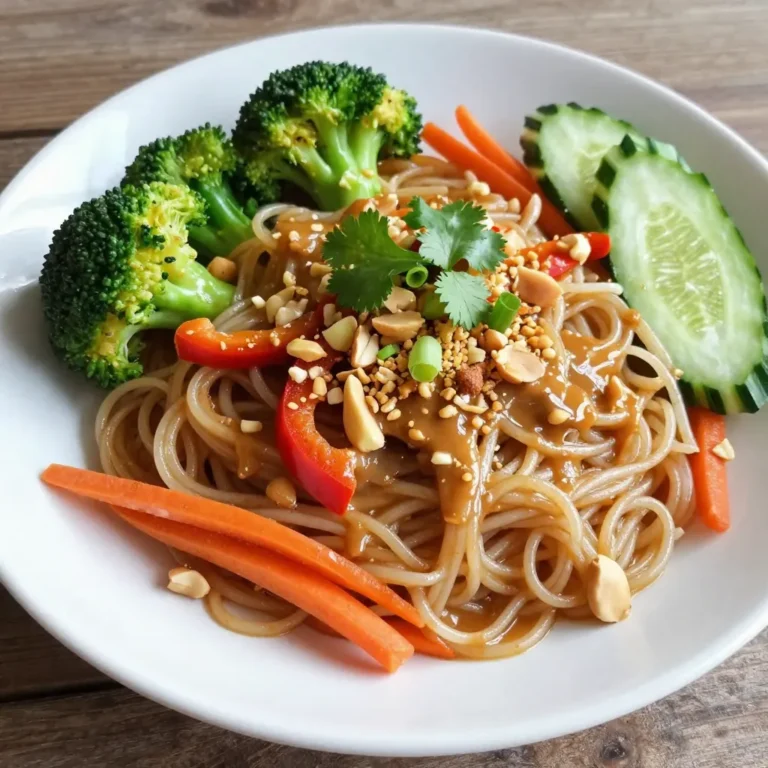 - Main ingredients for Spicy Thai Peanut Noodles - 8 ounces rice noodles - 1 cup broccoli florets - 1 red bell pepper, thinly sliced - 1 carrot, julienned - 1 cucumber, julienned - 1 tablespoon sesame oil - 1 tablespoon vegetable oil - 2 green onions, chopped - 1/4 cup crushed peanuts (for garnish) - Fresh cilantro, for garnish - Peanut sauce ingredients - 1/2 cup peanut butter (smooth or crunchy) - 3 tablespoons soy sauce - 2 tablespoons honey or agave syrup - 1 tablespoon rice vinegar - 2 teaspoons sriracha (adjust for heat) - 1 tablespoon freshly grated ginger - 1 clove garlic, minced - Water (as needed to thin the sauce) - Optional garnishes - Extra chopped green onions - More crushed peanuts - Lime wedges for serving Gather these ingredients before you start. Fresh produce makes a big difference in flavor. The peanut sauce is the star. Adjust the sriracha to match your heat level. You can use crunchy peanut butter for a fun texture. Make sure to have a sharp knife for julienning the vegetables. This will help in cooking and presentation. Also, feel free to add any veggies you love. Think snap peas, bell peppers, or carrots. The more colorful, the better! {{ingredient_image_2}} First, we need to cook the rice noodles. Bring a large pot of salted water to a boil. Add the noodles and cook them for about 6 to 8 minutes. Check the package instructions for the exact time. Once they are al dente, drain them. Rinsing the noodles under cold water is key. This stops the cooking and keeps them from getting sticky. Set the rinsed noodles aside to cool. Next, we prepare the vegetables. Start with the broccoli. If you have a steamer basket, place the broccoli in it. Steam it for about 2 to 3 minutes. You want the broccoli to be tender but still bright green. If you prefer, you can use a microwave. Just put the broccoli in a bowl with a little water, cover it, and steam it. After steaming, add the broccoli to a bowl with the sliced red bell pepper and julienned carrot. For the carrots and cucumber, julienning means cutting them into thin strips. Use a sharp knife for this. It helps with even cooking and makes your dish look nice. Now, let's make the peanut sauce. In a medium bowl, combine the peanut butter, soy sauce, honey, rice vinegar, sriracha, grated ginger, and minced garlic. Whisk these ingredients together until they mix well. If the sauce is too thick, you can add a bit of water. Do this one tablespoon at a time until you like the texture. You can also adjust the sriracha for more or less spice. Once the noodles and sauce are ready, it’s time to mix them. In a large bowl, gently combine the cooled noodles with the steamed vegetables. Pour the peanut sauce over the top. Toss everything lightly to coat the noodles and veggies evenly. This helps ensure each bite is packed with flavor. For the final touch, drizzle sesame oil over the noodle mix. This adds a nice flavor boost. Toss it lightly again to mix in the oil. When serving, place the noodles in bowls. Top each bowl with chopped green onions, crushed peanuts, and fresh cilantro. These garnishes not only add flavor but also make your dish look colorful and inviting. - Overcooking noodles: Don't let your rice noodles cook too long. Follow the package time. Usually, 6 to 8 minutes is just right. If they become mushy, your dish will lose texture. - Underusing ingredients in sauce: Use all the sauce ingredients. Each one adds a unique flavor. If you skip an ingredient, the sauce won’t be as rich or balanced. - Adding protein options: You can add chicken, shrimp, or tofu. Cook them before mixing with noodles. This adds heartiness and makes the dish more filling. - Incorporating seasonal vegetables: Use veggies that are fresh and in season. Snow peas, bell peppers, or zucchini work well. They add color and crunch to your dish. - Pairing with side dishes: Serve your noodles with a light salad or spring rolls. These side dishes complement the meal's flavors without being too heavy. - Best drinks to complement the meal: I recommend iced tea or a light beer. These drinks refresh your palate and balance the heat of the noodles. Pro Tips Choosing the Right Noodles: For the best texture, use rice noodles specifically marked for stir-frying, as they hold up well in sauces. Customizing the Spice Level: Adjust the amount of sriracha in the peanut sauce to suit your heat preference, or add fresh sliced chilies for an extra kick. Fresh Ingredients Matter: Use fresh vegetables for a vibrant and crunchy texture, enhancing the overall flavor and presentation of the dish. Meal Prep Friendly: Prepare the peanut sauce in advance and store it in the fridge for up to a week. Just toss it with freshly cooked noodles and veggies when ready to serve. {{image_4}} To make this dish vegan, you can swap regular peanut butter for almond or sunflower seed butter. These options work well and still provide a creamy texture. For a gluten-free version, use gluten-free soy sauce or tamari in the peanut sauce. When it comes to noodles, rice noodles are already gluten-free. If you want to try something new, you can use zucchini noodles or quinoa noodles. They add a unique twist to the dish while keeping it light and fresh. If you like heat, play with the sriracha in the sauce. Start with two teaspoons, then taste and add more if you want it spicier. You can also use chili paste or red pepper flakes to add heat. For a milder dish, reduce the sriracha to one teaspoon or leave it out entirely. Fresh ginger and garlic can also add flavor without too much heat. You can give this dish a fun twist by adding different flavors. For a Korean vibe, try adding kimchi or gochujang to the sauce. If you want an Italian flair, mix in some pesto instead of the peanut sauce. You can also add grilled chicken or shrimp for a protein boost. These fusion ideas keep the dish exciting and open to your creativity. To keep your spicy Thai peanut noodles fresh, follow these steps: - Cool the noodles: Let them cool to room temperature before storing. - Use airtight containers: Store the noodles and veggies in separate airtight containers. This helps keep them fresh longer. - Add sauce later: Keep the peanut sauce in a separate container to prevent sogginess. When you're ready to enjoy your leftovers, use these methods: - Microwave: Place noodles in a microwave-safe bowl. Heat for 1-2 minutes, stirring halfway through. - Stovetop: Heat a pan over low heat. Add a splash of water and noodles. Stir until warm. - Avoid soggy noodles: To prevent this, don’t add too much water when reheating. Your leftovers can last in the fridge for about 3-4 days. Look for these signs to know if they’ve gone bad: - Smell: A sour or off smell means it’s time to toss them. - Texture: If the noodles feel mushy or slimy, it’s best to discard them. - Color: Any unusual discoloration can indicate spoilage. You can use sunflower seed butter for a nut-free option. It has a similar creaminess. Almond butter works well too, giving a unique flavor. Cashew butter is another great choice if you want to stick with nuts. Each spread has its own taste, so choose one you like best. Yes, you can make this ahead. Store the sauce and noodles separately. This keeps everything fresh and tasty. Prepare the sauce a day before and keep it in the fridge. You can also chop your veggies and store them in a container. Just mix everything when you’re ready to eat. To reduce heat, use less sriracha in the sauce. You can also skip it entirely if you prefer. Adding more peanut butter can help balance the spice. Consider using sweet soy sauce for a milder flavor. Try substituting with a dash of coconut milk for creaminess without the heat. In this blog post, we explored how to make delicious Spicy Thai Peanut Noodles. We covered key ingredients, step-by-step cooking, and tips to avoid mistakes. You learned how to customize your dish and store leftovers effectively. Cooking can be simple and joyful with the right methods. Embrace these tips and impress your friends. Enjoy your tasty meal and share it with loved ones! The experience will brighten your time in the kitchen.