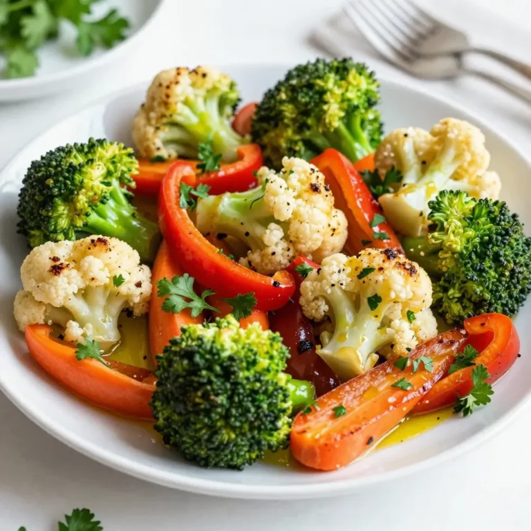 - 2 cups broccoli florets - 2 cups cauliflower florets - 1 cup bell peppers (any color), diced - 1 cup carrots, sliced into thin rounds - 1 red onion, cut into wedges I love using a mix of colorful veggies. Broccoli and cauliflower add great texture. Bell peppers bring sweetness, while carrots add crunch. The red onion gives a nice bite, making this dish bright and tasty. - 4 tablespoons extra virgin olive oil - 1 tablespoon dried thyme - 1 tablespoon dried rosemary - 1 teaspoon garlic powder - 1 teaspoon smoked paprika - Sea salt and freshly cracked black pepper, to taste Olive oil helps the vegetables roast well. Thyme and rosemary add earthy notes. Garlic powder gives a savory touch, and smoked paprika adds warmth. Salt and pepper enhance all these flavors, making each bite better. - Fresh parsley, finely chopped (for garnish) - Balsamic glaze Garnishes can elevate your dish. Fresh parsley adds color and a fresh taste. A drizzle of balsamic glaze gives a sweet and tangy kick. Use these to make your dish pop visually and flavor-wise. {{ingredient_image_2}} Start by preheating your oven to 425°F (220°C). This high heat is key. It helps the vegetables roast evenly and develop great flavor. If your oven isn’t hot enough, the veggies will steam instead of roast. You want them to be crisp and golden. Wash your vegetables well under cool water. Make sure to dry them off to remove excess water. For cutting, chop the broccoli and cauliflower into bite-sized florets. Slice the carrots into thin rounds. Dice the bell peppers and cut the red onion into wedges. Uniform sizes help them cook evenly. In a large bowl, add all your prepared vegetables. Drizzle the extra virgin olive oil over them. Use your hands or a spatula to toss everything together. Make sure each piece gets a nice coat of oil. This helps the seasonings stick and adds flavor. Spread the coated vegetables in a single layer on a large sheet pan. Avoid crowding them. When they have space, they get better color and crispness. Place the pan in the oven and roast for 25-30 minutes. Stir the veggies halfway through to ensure they roast evenly. Look for a tender texture with caramelized edges. Once roasted, take the pan out of the oven. Let the vegetables cool for a few minutes. This makes them easier to handle. Transfer them to a serving dish, and sprinkle freshly chopped parsley on top. This adds a pop of color and fresh taste. Enjoy these vibrant veggies as a perfect side dish! To get the best roast, aim for 25-30 minutes at 425°F (220°C). Halfway through, stir the veggies. You want them tender and caramelized. Look for a golden-brown color on the edges. This shows they are ready to eat. You can boost the flavor with extras like fresh basil or oregano. Try adding a dash of red pepper flakes for heat. If you like sweet, a touch of cinnamon can add warmth. Feel free to mix in lemon zest for a bright twist. Serve the veggies on a bright platter. Keep each type of vegetable separate for color. Drizzle balsamic glaze over the top for a fancy touch. You can also sprinkle some fresh parsley for added flair. Your guests will love the look! Pro Tips Choose Fresh Vegetables: Opt for in-season vegetables for the best flavor and texture. Fresh produce not only tastes better but also retains more nutrients. Customize Your Seasoning: Feel free to experiment with different herbs and spices. Adding a pinch of chili flakes or lemon zest can elevate the flavor profile. Don’t Overcrowd the Pan: Ensure that the vegetables are in a single layer on the sheet pan. Overcrowding will lead to steaming rather than roasting, which affects the texture. Rest Before Serving: Allow the roasted vegetables to rest for a few minutes before serving. This helps the flavors to settle and enhances the overall taste. {{image_4}} You can change your vegetables based on the season. For spring, use fresh asparagus or snap peas. In summer, try zucchini and tomatoes. Fall brings sweet potatoes and Brussels sprouts. Winter is perfect for root veggies like parsnips and turnips. This way, you always enjoy fresh flavors and colors. You can easily make this dish vegan by using only plant-based ingredients. The olive oil is already vegan. To make it gluten-free, ensure your spices are labeled gluten-free. For a low-carb option, swap out carrots with more broccoli or cauliflower. This keeps the dish tasty and aligned with your diet. You can roast these veggies in different ways. To use a stove-top, heat a large skillet over medium heat. Add the vegetables and seasonings with a bit of oil. Stir often until they are tender and golden. For an air fryer, set it to 400°F (200°C). Cook for about 15-20 minutes, shaking halfway through. Each method gives a unique taste and texture, so try them all! To store leftovers safely, let the vegetables cool. Place them in an airtight container. You can keep them in the fridge for up to four days. Make sure the lid is secure to prevent moisture loss. For the best flavor and texture, reheat in the oven. Preheat your oven to 350°F (175°C). Spread the veggies on a baking sheet. Heat them for 10-15 minutes, stirring halfway through. This method keeps them crispy and delicious. To freeze, allow the vegetables to cool completely. Place them in a freezer-safe bag. Remove as much air as possible before sealing. They can last in the freezer for up to three months. When ready to use, thaw them in the fridge overnight. Roasting vegetables on a sheet pan takes about 25 to 30 minutes. The exact time can change based on the type and size of the vegetables. For instance, broccoli and cauliflower cook quickly, while carrots may take a bit longer. Always stir the veggies halfway through roasting. This helps them cook evenly. Look for a nice golden-brown color on the edges. That means they are ready! Yes, you can use fresh herbs! Fresh herbs provide a bright flavor. They can make your dish taste more vibrant. However, fresh herbs have a shorter shelf life and may lose flavor faster than dried herbs. If you use fresh thyme or rosemary, double the amount since they are less concentrated. This can enhance your roasted vegetables even more! Roasted vegetables pair well with many dishes. You can serve them alongside grilled chicken, fish, or steak. They also work great in salads or grain bowls. If you have leftovers, try adding them to sandwiches or wraps. They can add flavor and nutrition to your meals. Enjoy experimenting with different pairings! In this blog post, we explored how to make delicious roasted vegetables. We covered key ingredients like broccoli and carrots, along with essential seasonings like olive oil and garlic powder. I shared step-by-step instructions for prepping and roasting the veggies perfectly. Tips for enhancing flavors and serving ideas were also included. Remember, you can customize this dish with seasonal ingredients and dietary needs. Follow the storage guidelines to keep leftovers fresh. Enjoy your flavorful and healthy meals!