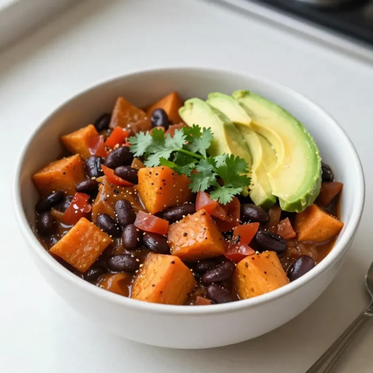 To make Vegan Sweet Potato Black Bean Chili, you need these key ingredients: - 2 medium sweet potatoes, peeled and diced into 1-inch cubes - 1 can (15 oz) black beans, thoroughly drained and rinsed - 1 can (15 oz) diced tomatoes with green chilies - 1 medium onion, finely chopped - 3 cloves garlic, minced - 1 bell pepper (red or green), chopped into bite-sized pieces - 1 tablespoon extra virgin olive oil - 2 cups vegetable broth - 2 teaspoons chili powder - 1 teaspoon ground cumin - 1/2 teaspoon smoked paprika - Salt and freshly ground pepper to taste These ingredients bring a rich and hearty flavor to the chili. The sweet potatoes add sweetness, while the black beans offer protein. The spices, like chili powder and cumin, give it a warm kick. You can also add some optional toppings to enhance your chili: - Fresh cilantro, chopped, for garnish - Slices of ripe avocado, for serving (optional) The cilantro adds freshness, and avocado gives a creamy texture. These toppings make the dish even more enjoyable. {{ingredient_image_2}} 1. Start by heating the extra virgin olive oil in a large pot over medium heat. 2. Once hot, add the finely chopped onion. Sauté it for about 5 minutes. The onion should soften and turn a bit clear. 3. Next, add the minced garlic and chopped bell pepper. Cook these for another 2-3 minutes until they smell great and feel soft. 4. Now, toss in the diced sweet potatoes. Mix them well with the onion and bell pepper. Ensure they blend together nicely. 5. Sprinkle in the chili powder, ground cumin, smoked paprika, salt, and pepper. Stir the sweet potato mix until every piece gets coated in spices. 6. Pour in the can of diced tomatoes with green chilies, along with the vegetable broth. Bring this mixture to a strong boil. 7. Once boiling, lower the heat and cover the pot. Let the chili simmer for 20-25 minutes. The sweet potatoes should become soft and fork-tender. 8. After the sweet potatoes are tender, stir in the drained black beans. Let the chili cook for another 5 minutes to warm the beans. 9. Taste the chili and adjust the seasoning. Add more salt, pepper, or spices if you want it different. 10. Serve the chili hot. Garnish with fresh cilantro on top. You can add slices of ripe avocado for a creamy touch if you like. This chili is a colorful and tasty dish. It’s easy to make and packed with flavor! To make your sweet potatoes perfectly tender, cut them into equal 1-inch cubes. This size helps them cook evenly. Cook them until you can easily pierce them with a fork. For added flavor, use spices like chili powder, cumin, and smoked paprika. These spices bring warmth and depth to your chili. To make your chili visually appealing, ladle it into bright bowls. Sprinkle fresh cilantro on top for a burst of green. If you like, add slices of ripe avocado for creaminess. Serve your chili with crusty bread or tortilla chips for a nice crunch. These sides make the meal even more delightful. Pro Tips Use Fresh Spices: Freshly ground spices can significantly enhance the flavor of your chili. Consider grinding your cumin and chili powder just before cooking for a bolder taste. Adjust the Heat: If you prefer a spicier chili, add chopped jalapeños or a dash of cayenne pepper. Start with a small amount and increase to your taste. Texture Variation: For a creamier consistency, you can blend a portion of the chili after cooking. This will create a velvety texture while still having chunky pieces. Make it a Meal: Serve your chili with a side of cornbread or over a bed of cooked quinoa for added protein and a fulfilling meal. {{image_4}} If you want to change things up, consider using butternut squash instead of sweet potatoes. This swap gives a nice sweetness and creamy texture. You can also add greens like spinach or kale for extra nutrients. Toss them in during the last few minutes of cooking. They will wilt nicely and blend in with the chili. To make your chili spicier, try adding diced jalapeños or a pinch of cayenne pepper. For a milder dish, reduce the chili powder. If you want to explore different flavors, think about adding smoked chipotle for a smoky taste or a splash of lime juice for tang. These simple tweaks can create a new flavor experience without losing the chili's heartiness. To keep your vegan sweet potato black bean chili fresh, start by letting it cool. Once cool, divide the chili into portions. Use airtight containers for easy storage. Glass or BPA-free plastic containers work well. You can refrigerate the chili for up to five days. For longer storage, freeze it. Place the chili in freezer-safe bags or containers. Label them with the date. This way, you can enjoy it later. When reheating, keep the flavor and texture intact. You can use a pot on the stove or a microwave. If using the stove, add a splash of vegetable broth. This helps maintain moisture. Heat on low to prevent burning. Stir often to heat evenly. If using a microwave, cover the bowl. Heat in short bursts, stirring in between. This helps the chili heat through without drying out. Enjoy your delicious chili just as much the second time! How long can I store Vegan Sweet Potato Black Bean Chili? You can store this chili in the fridge for up to 5 days. Make sure to place it in an airtight container. If you want to keep it longer, freeze it. It will last for about 3 months in the freezer. Can I make this chili in a slow cooker? Yes, you can make this chili in a slow cooker. Start by sautéing the onion and garlic in a pan. Then, add all ingredients to the slow cooker. Cook on low for 6 hours or high for 3 hours. Is this chili gluten-free? Yes, this chili is gluten-free. All the ingredients are safe for a gluten-free diet. Make sure to check any canned products to ensure they are labeled gluten-free. What can I serve with this chili? You can serve this chili with crusty bread, tortilla chips, or over rice. For a fresh touch, add slices of avocado or a sprinkle of cilantro on top. How do I adjust the recipe for a larger batch? To make a larger batch, simply double all the ingredients. Use a larger pot and adjust the cooking time if needed. Make sure to taste and tweak the seasonings as you go. This vegan sweet potato black bean chili is both hearty and simple to make. We covered the key ingredients, from sweet potatoes to black beans, and discussed optional toppings like avocado. I outlined step-by-step preparation to ensure you achieve great flavor and texture. Remember, you can customize it with different spices or greens. Store any leftovers properly and enjoy them later. This chili is flexible, so feel free to make it your own. Try it out, and enjoy cozy meals that warm your heart.