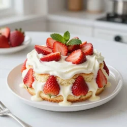 - 1 box of vanilla cake mix - 3 large eggs - 1 cup of water - 1 cup of heavy cream - 1 cup of sweetened condensed milk - 1 teaspoon of vanilla extract - 2 cups of fresh strawberries, hulled and sliced - 1 &frac12; cups of whipped cream (store-bought or homemade) - Fresh mint leaves for garnish (optional) To make this yummy strawberry shortcake poke cake, you need a few simple items. First, grab a box of vanilla cake mix. This will be the base of your cake. You need three large eggs and one cup of water to mix in. For the creamy layer, use one cup of heavy cream and one cup of sweetened condensed milk. Add one teaspoon of vanilla extract for flavor. You will also need two cups of fresh strawberries. Make sure to hull and slice them. For the topping, use one and a half cups of whipped cream&mdash;this can be store-bought or made at home. If you want, add fresh mint leaves as a nice touch on top. These ingredients come together to create a treat that is both light and full of flavor. Enjoy making this cake with these easy-to-find items! {{ingredient_image_2}} 1. Preheat your oven to 350&deg;F (175&deg;C). Grease and flour a 9x13 inch baking dish. This step helps the cake not stick. 2. In a large mixing bowl, combine the vanilla cake mix, eggs, and water. Beat the mixture on medium speed for 2 minutes. It should be smooth. 3. Carefully pour the batter into the prepared dish. Bake for 25-30 minutes. Check if it&rsquo;s done by inserting a toothpick. If it comes out clean, it&rsquo;s ready. Let the cake cool in the pan for 10 minutes. Then, move it to a wire rack to cool completely. 4. Once cool, poke holes in the cake with a wooden spoon handle or a long skewer. Space the holes about 1 inch apart for even soaking. 1. In a separate bowl, whisk together the heavy cream, sweetened condensed milk, and vanilla extract. Mix until it is creamy and well blended. 2. Gently pour the cream mixture over the cake. Make sure the holes fill with the cream. Let the cake soak in the fridge for at least 30 minutes. For best results, soak it overnight. 1. After soaking, spread a layer of whipped cream on top of the cake. Use as much as you like for a fluffy layer. 2. Decoratively arrange the sliced strawberries over the whipped cream. Feel free to use as many as you want for a colorful look. 3. For extra flair, scatter fresh mint leaves on top. This adds a nice touch and some flavor. To make a moist and tasty poke cake, follow these key tips: - Use fresh eggs for a fluffier texture. - Measure water carefully to ensure the right consistency. - Allow the cake to cool fully before poking holes. - Space holes about 1 inch apart for even soaking. When it comes to whipping cream, you have two great options: - Store-bought: This is quick and easy. Look for high-quality brands. - Homemade: Whip heavy cream until soft peaks form. This adds freshness. Both options work well, but homemade cream gives a richer taste. For a beautiful presentation, serve your poke cake in square slices. - Drizzle strawberry syrup on the plate for added flair. - Consider topping it with extra strawberries for color and taste. - You can also sprinkle some crushed cookies on top for crunch. Pair your cake with refreshing drinks like lemonade or iced tea. This complements the sweetness well. For a fun twist, serve with vanilla ice cream. It adds a creamy touch that everyone loves! Pro Tips Check Cake Doneness: Use a toothpick to test if the cake is done. It should come out clean or with a few moist crumbs, but no wet batter. Soak for Best Flavor: Allow the cake to soak in the cream mixture for at least 30 minutes, but overnight is even better for maximizing flavor. Fresh Strawberries: Use ripe, fresh strawberries for the best flavor and sweetness. If they're not in season, consider using frozen strawberries that have been thawed and drained. Presentation Matters: For an impressive look, consider piping the whipped cream on top instead of spreading it, and arrange the strawberries in a decorative pattern. {{image_4}} You can change up the flavor of your cake mix. Try using lemon or chocolate cake mixes for a fresh twist. Lemon adds a bright, zesty flavor, while chocolate brings a rich taste. Both options will give you a unique poke cake experience. You can also play with the fruits in your cake. Instead of strawberries, use blueberries or raspberries. These fruits add a different color and taste. Blueberries are sweet and juicy, while raspberries offer a nice tartness. Don't be afraid to mix and match your favorite fruits! For those who need gluten-free options, simply use a gluten-free cake mix. Many brands offer great alternatives that taste just as good. This way, everyone can enjoy your poke cake. If you prefer dairy-free, swap the heavy cream and milk with coconut cream or almond milk. These substitutes work well and keep the cake creamy. You still get that delicious flavor without the dairy! To keep your strawberry shortcake poke cake fresh, refrigerate it. Cover the cake with plastic wrap or foil. This keeps it moist and prevents other odors from mixing in. If you have extra pieces, place them in an airtight container. You can also freeze the cake. To do this, slice it and wrap each piece in plastic wrap. Then, place the slices in a freezer bag. This helps keep the cake fresh for up to three months. When you're ready to eat, let the cake thaw in the fridge overnight. In the fridge, this poke cake stays fresh for about five days. After that, it may lose its taste and texture. Look for signs of spoilage. If the cake smells sour or has mold, discard it. Also, if the strawberries look mushy or brown, it's time to let go of the cake. Always trust your senses to keep your treats safe and tasty! A poke cake is a cake with holes poked into it. You pour a liquid over the cake, which soaks in. This makes the cake very moist and flavorful. It&rsquo;s fun and easy to make. You can use many flavors in a poke cake. Yes, you can make this cake ahead of time. It tastes great after sitting in the fridge. I suggest making it a day before serving. This gives the cake time to soak up the cream. It will be even more delicious! You can adjust the sweetness by changing the sweetened condensed milk. Use less for a less sweet cake. You can also add more whipped cream to balance the flavor. Taste as you go to find the right level for you. Yes, you can use frozen strawberries. Thaw them first and drain any extra juice. This helps keep the cake from getting too soggy. Fresh strawberries do add a nice texture, but frozen ones work well too. You can use coconut milk mixed with sugar as a substitute. Another option is evaporated milk with sugar added. This gives a similar flavor and texture. Homemade versions can work too if you prefer. You now know how to create a tasty poke cake with simple steps. We covered the ingredients, preparation, and tips to make it great. Remember, you can customize your cake with different flavors or dietary needs. Always store it right to keep it fresh. Enjoy making this fun dessert for yourself or to share with friends. Your poke cake adventures have just begun!