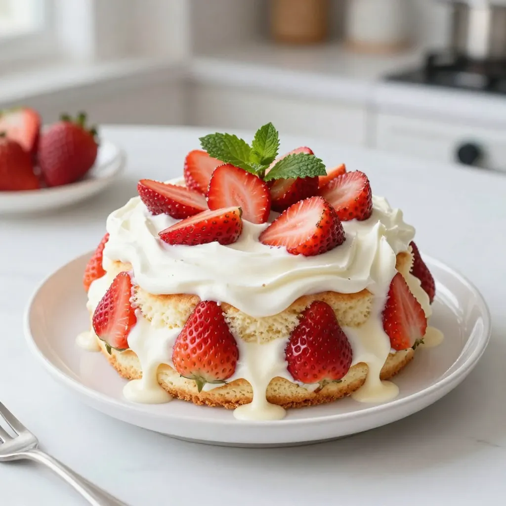 - 1 box of vanilla cake mix - 3 large eggs - 1 cup of water - 1 cup of heavy cream - 1 cup of sweetened condensed milk - 1 teaspoon of vanilla extract - 2 cups of fresh strawberries, hulled and sliced - 1 ½ cups of whipped cream (store-bought or homemade) - Fresh mint leaves for garnish (optional) To make this yummy strawberry shortcake poke cake, you need a few simple items. First, grab a box of vanilla cake mix. This will be the base of your cake. You need three large eggs and one cup of water to mix in. For the creamy layer, use one cup of heavy cream and one cup of sweetened condensed milk. Add one teaspoon of vanilla extract for flavor. You will also need two cups of fresh strawberries. Make sure to hull and slice them. For the topping, use one and a half cups of whipped cream—this can be store-bought or made at home. If you want, add fresh mint leaves as a nice touch on top. These ingredients come together to create a treat that is both light and full of flavor. Enjoy making this cake with these easy-to-find items! {{ingredient_image_2}} 1. Preheat your oven to 350°F (175°C). Grease and flour a 9x13 inch baking dish. This step helps the cake not stick. 2. In a large mixing bowl, combine the vanilla cake mix, eggs, and water. Beat the mixture on medium speed for 2 minutes. It should be smooth. 3. Carefully pour the batter into the prepared dish. Bake for 25-30 minutes. Check if it’s done by inserting a toothpick. If it comes out clean, it’s ready. Let the cake cool in the pan for 10 minutes. Then, move it to a wire rack to cool completely. 4. Once cool, poke holes in the cake with a wooden spoon handle or a long skewer. Space the holes about 1 inch apart for even soaking. 1. In a separate bowl, whisk together the heavy cream, sweetened condensed milk, and vanilla extract. Mix until it is creamy and well blended. 2. Gently pour the cream mixture over the cake. Make sure the holes fill with the cream. Let the cake soak in the fridge for at least 30 minutes. For best results, soak it overnight. 1. After soaking, spread a layer of whipped cream on top of the cake. Use as much as you like for a fluffy layer. 2. Decoratively arrange the sliced strawberries over the whipped cream. Feel free to use as many as you want for a colorful look. 3. For extra flair, scatter fresh mint leaves on top. This adds a nice touch and some flavor. To make a moist and tasty poke cake, follow these key tips: - Use fresh eggs for a fluffier texture. - Measure water carefully to ensure the right consistency. - Allow the cake to cool fully before poking holes. - Space holes about 1 inch apart for even soaking. When it comes to whipping cream, you have two great options: - Store-bought: This is quick and easy. Look for high-quality brands. - Homemade: Whip heavy cream until soft peaks form. This adds freshness. Both options work well, but homemade cream gives a richer taste. For a beautiful presentation, serve your poke cake in square slices. - Drizzle strawberry syrup on the plate for added flair. - Consider topping it with extra strawberries for color and taste. - You can also sprinkle some crushed cookies on top for crunch. Pair your cake with refreshing drinks like lemonade or iced tea. This complements the sweetness well. For a fun twist, serve with vanilla ice cream. It adds a creamy touch that everyone loves! Pro Tips Check Cake Doneness: Use a toothpick to test if the cake is done. It should come out clean or with a few moist crumbs, but no wet batter. Soak for Best Flavor: Allow the cake to soak in the cream mixture for at least 30 minutes, but overnight is even better for maximizing flavor. Fresh Strawberries: Use ripe, fresh strawberries for the best flavor and sweetness. If they're not in season, consider using frozen strawberries that have been thawed and drained. Presentation Matters: For an impressive look, consider piping the whipped cream on top instead of spreading it, and arrange the strawberries in a decorative pattern. {{image_4}} You can change up the flavor of your cake mix. Try using lemon or chocolate cake mixes for a fresh twist. Lemon adds a bright, zesty flavor, while chocolate brings a rich taste. Both options will give you a unique poke cake experience. You can also play with the fruits in your cake. Instead of strawberries, use blueberries or raspberries. These fruits add a different color and taste. Blueberries are sweet and juicy, while raspberries offer a nice tartness. Don't be afraid to mix and match your favorite fruits! For those who need gluten-free options, simply use a gluten-free cake mix. Many brands offer great alternatives that taste just as good. This way, everyone can enjoy your poke cake. If you prefer dairy-free, swap the heavy cream and milk with coconut cream or almond milk. These substitutes work well and keep the cake creamy. You still get that delicious flavor without the dairy! To keep your strawberry shortcake poke cake fresh, refrigerate it. Cover the cake with plastic wrap or foil. This keeps it moist and prevents other odors from mixing in. If you have extra pieces, place them in an airtight container. You can also freeze the cake. To do this, slice it and wrap each piece in plastic wrap. Then, place the slices in a freezer bag. This helps keep the cake fresh for up to three months. When you're ready to eat, let the cake thaw in the fridge overnight. In the fridge, this poke cake stays fresh for about five days. After that, it may lose its taste and texture. Look for signs of spoilage. If the cake smells sour or has mold, discard it. Also, if the strawberries look mushy or brown, it's time to let go of the cake. Always trust your senses to keep your treats safe and tasty! A poke cake is a cake with holes poked into it. You pour a liquid over the cake, which soaks in. This makes the cake very moist and flavorful. It’s fun and easy to make. You can use many flavors in a poke cake. Yes, you can make this cake ahead of time. It tastes great after sitting in the fridge. I suggest making it a day before serving. This gives the cake time to soak up the cream. It will be even more delicious! You can adjust the sweetness by changing the sweetened condensed milk. Use less for a less sweet cake. You can also add more whipped cream to balance the flavor. Taste as you go to find the right level for you. Yes, you can use frozen strawberries. Thaw them first and drain any extra juice. This helps keep the cake from getting too soggy. Fresh strawberries do add a nice texture, but frozen ones work well too. You can use coconut milk mixed with sugar as a substitute. Another option is evaporated milk with sugar added. This gives a similar flavor and texture. Homemade versions can work too if you prefer. You now know how to create a tasty poke cake with simple steps. We covered the ingredients, preparation, and tips to make it great. Remember, you can customize your cake with different flavors or dietary needs. Always store it right to keep it fresh. Enjoy making this fun dessert for yourself or to share with friends. Your poke cake adventures have just begun!
