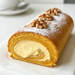 - Dry Ingredients - 1 cup all-purpose flour - 1 teaspoon baking powder - 1 teaspoon baking soda - 1 teaspoon ground cinnamon - 1/2 teaspoon ground nutmeg - 1/2 teaspoon ground ginger - 1/4 teaspoon salt - Wet Ingredients - 3 large eggs - 1 cup granulated sugar - 1 cup pure pumpkin puree - 1 teaspoon vanilla extract - 8 oz cream cheese, softened - 1/2 cup powdered sugar - 1/2 teaspoon vanilla extract (for filling) - 1/4 teaspoon ground cinnamon (for filling) - Optional Garnishes - Chopped walnuts or pecans for garnish Each ingredient plays a key role in making this Pumpkin Spice Cream Cheese Roll delightful. The flour gives structure, while the eggs add moisture and fluffiness. Pumpkin puree brings a rich flavor and lovely color, making it perfect for fall. The spices create that cozy autumn aroma we all love. Lastly, the cream cheese filling adds a sweet and creamy touch, making every bite a treat. {{ingredient_image_2}} - Preheat the oven and prepare the pan: Start by preheating your oven to 350&deg;F (175&deg;C). Grease a 15x10-inch jelly roll pan. Line the bottom with parchment paper and grease it again. This helps the cake come out easily after baking. - Mix dry ingredients: In a medium bowl, mix together 1 cup of all-purpose flour, 1 teaspoon of baking powder, 1 teaspoon of baking soda, 1 teaspoon of ground cinnamon, 1/2 teaspoon of ground nutmeg, 1/2 teaspoon of ground ginger, and 1/4 teaspoon of salt. Whisk until combined, then set aside. - Beat eggs and sugar: In a large mixing bowl, beat 3 large eggs with 1 cup of granulated sugar. Use an electric mixer for about 2-3 minutes until the mix is light and fluffy. - Incorporate pumpkin and vanilla: Add 1 cup of pure pumpkin puree and 1 teaspoon of vanilla extract to the egg-sugar mix. Stir until everything is mixed well and smooth. - Combine wet and dry mixtures: Gradually fold the dry mixture into the wet mixture with a spatula. Mix until you no longer see dry flour. Be gentle to keep the cake light. - Spread batter in the pan: Pour the batter into the greased jelly roll pan. Use a spatula to spread it evenly. This helps the cake bake evenly. - Bake and check for doneness: Place the pan in the oven and bake for 12-15 minutes. Check doneness by inserting a toothpick in the center. If it comes out clean, the cake is ready. - Cool the cake: Once the cake is done, take it out of the oven. Let it cool in the pan for 5 minutes. Then, flip it onto a clean kitchen towel dusted with powdered sugar. Peel off the parchment paper. - Prepare cream cheese filling: While the cake cools, mix 8 oz of softened cream cheese with 1/2 cup of powdered sugar, 1/2 teaspoon of vanilla extract, and 1/4 teaspoon of ground cinnamon in a bowl. Beat until smooth and creamy. - Roll the cake with a towel: Starting from the short end of the towel, roll the cake tightly, using the towel to help. Let it cool completely in the towel for about 30 minutes. - Unroll and fill: Once cool, gently unroll the cake and remove the towel. Spread the cream cheese filling evenly over the cake. - Re-roll the cake: Carefully roll the cake back up without the towel. Make sure it is tightly rolled. Wrap the rolled cake in plastic wrap and refrigerate for at least 1 hour. - Refrigerate before serving: Chilling helps the filling set and makes slicing easier. - Serving suggestions: Before serving, slice the roll into neat pieces. You can sprinkle chopped walnuts or pecans on top for extra flavor and texture. To make a great Pumpkin Spice Cream Cheese Roll, avoid common mistakes. One mistake is overmixing the batter. This can make your cake tough and dry. Mix until you no longer see dry flour. Another issue is baking time. Check your cake at 12 minutes. If a toothpick comes out clean, it&rsquo;s done. For even baking, spread the batter evenly in the pan. Use a spatula to smooth the top. This helps the cake rise evenly. Also, ensure your oven is preheated. A hot oven gives the best rise. For a smooth cream cheese filling, use softened cream cheese. Cold cream cheese can lead to lumps. Beat the cream cheese first before adding other ingredients. This helps it blend better. When mixing in powdered sugar, add it slowly. This will help avoid clumps. You want a creamy, smooth filling that spreads easily. Presentation can make your dessert shine. Serve the slices on a decorative plate. Lightly dust them with powdered sugar for flair. A sprinkle of cinnamon adds a nice touch too. You can also garnish with chopped walnuts or pecans. This adds crunch and flavor. For a festive look, arrange slices in a circle. This way, everyone can see the beautiful swirls inside the roll. Pro Tips Use Fresh Spices: For the best flavor, opt for fresh ground spices rather than pre-ground ones. This will enhance the aromatic profile of your Pumpkin Spice Cream Cheese Roll. Chill Before Slicing: Allow the rolled cake to chill in the refrigerator for at least an hour. This helps the filling set and makes slicing much easier without squishing the cake. Experiment with Fillings: Don't hesitate to customize your filling! Consider adding a touch of orange zest or a swirl of chocolate for a unique flavor twist. Presentation Matters: For an elegant presentation, dust the top of the roll with powdered sugar and sprinkle with chopped nuts or a pinch of cinnamon before serving. {{image_4}} If you want a gluten-free Pumpkin Spice Cream Cheese Roll, use gluten-free flour. This swap keeps the taste while making it safe for those with gluten issues. For healthier options, replace granulated sugar with maple syrup or honey. These natural sweeteners add flavor and cut down on processed sugars. You can also use low-fat cream cheese for a lighter filling. To add more spice, try mixing in a pinch of nutmeg or ginger. A drop of almond or maple extract can also boost the flavor. If you prefer different fillings, consider using mascarpone or ricotta cheese. You can also add chocolate chips or dried fruits for a new twist. Pair your Pumpkin Spice Cream Cheese Roll with coffee or spiced chai. These drinks enhance the flavors and make a cozy combo. For festive serving, arrange the slices on a fall-themed platter. Sprinkle some cinnamon or powdered sugar for a beautiful touch. You can even add fresh apple slices as a crunchy side. - Refrigeration tips: After making the Pumpkin Spice Cream Cheese Roll, wrap it tightly in plastic wrap. This keeps it fresh. Store it in the fridge if you plan to eat it within a few days. - Best container practices: Use an airtight container for added protection. This helps prevent it from drying out or picking up other smells. - Freezing instructions: If you want to save some for later, freeze the roll before cutting it. Wrap it in plastic wrap, then cover with aluminum foil. This keeps it safe from freezer burn. - Thawing guide: To thaw, move the roll from the freezer to the fridge. Let it sit overnight. This helps the texture stay nice. - How long can it be stored? The Pumpkin Spice Cream Cheese Roll lasts about 3-5 days in the fridge. In the freezer, it can last up to 3 months. - Signs of spoilage: Look for signs like mold, a sour smell, or a change in color. If you see any, it&rsquo;s best to toss it. Always trust your senses when checking for spoilage. What can I substitute for pumpkin puree? You can use mashed sweet potatoes or butternut squash as a substitute. Both have a similar texture and flavor. You may also try using apple sauce for a different taste. Just keep in mind that the spices may need adjustment. Can I make this ahead of time? Yes, you can make this roll a day in advance. Just wrap it well in plastic wrap and store it in the fridge. This allows the flavors to blend nicely, making it even better the next day. Why is my cake cracking? Cake cracking usually happens if it bakes too long or at too high a temperature. Make sure to check it a few minutes before the end of the baking time. If you see cracks, don&rsquo;t worry! You can always cover them with the cream cheese filling. How do I fix a soggy roll? A soggy roll may happen if the cake isn&rsquo;t baked long enough. If you find this issue, try baking it a bit longer next time. For a quick fix, let it chill in the fridge uncovered for a bit to help it set. How to slice without damaging the roll? Use a sharp serrated knife to cut the roll. Start from the ends and work your way in. This helps keep the slices neat and avoids squishing the cake. Best ways to decorate for occasions? For decoration, you can dust the slices with powdered sugar or sprinkle chopped walnuts. You can also add a drizzle of caramel sauce for a festive touch. If it's a special event, consider using edible flowers to brighten the plate. You&rsquo;ve learned how to make a delicious pumpkin roll cake from scratch. We covered the main ingredients, step-by-step instructions, useful tips, and storage info. Remember to avoid common mistakes and keep the filling smooth for the best results. With variations for different diets, there&rsquo;s something here for everyone. Try pairing with a hot drink or a sweet treat for added joy. Enjoy the process and share your masterpiece with others. Happy baking!