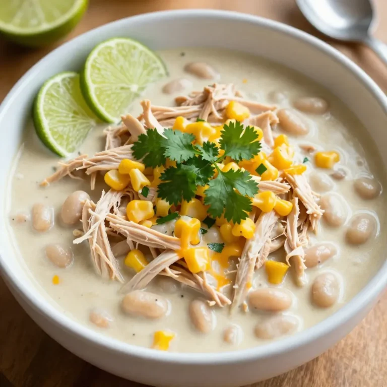 - 2 cups cooked chicken, shredded - 1 can (15 oz) white beans, drained and rinsed - 1 cup corn kernels (fresh, canned, or frozen) - 1 medium onion, diced - 2 cloves garlic, minced - 1 can (4 oz) diced green chilies - 1 teaspoon ground cumin - 1 teaspoon dried oregano - 1/2 teaspoon smoked paprika - 2 cups chicken broth - 1 cup heavy cream (or substitute with coconut milk for a lighter option) - 1 cup shredded Monterey Jack cheese - Salt and black pepper to taste - Fresh cilantro, chopped (for garnish) - Lime wedges (for serving) To make the best creamy white chicken chili, start with fresh, quality ingredients. The chicken provides protein, while the beans offer fiber. Corn adds sweetness, and the spices bring warmth. The heavy cream or coconut milk creates a rich texture. Using Monterey Jack cheese gives a nice melt and flavor. The cilantro and lime add freshness when serving. Gather these items before starting to cook. This helps you stay organized and focused. {{ingredient_image_2}} Sautéing the Onion and Garlic Start by heating about 1 tablespoon of olive oil in a large pot over medium heat. Add the diced onion and cook for 4-5 minutes. You want the onion to be soft and clear. Then, add the minced garlic and cook for another 1-2 minutes. Stir it often, but don’t let it brown. Combining Ingredients in the Pot Now it's time to add the main ingredients. Add the shredded chicken, drained white beans, corn, and diced green chilies to the pot. Then, sprinkle in the ground cumin, oregano, smoked paprika, and pour in the chicken broth. Stir everything together well so that each ingredient mixes into the pot. Simmering for Flavor Development Raise the heat to medium-high and let the mixture gently simmer. Once it bubbles, lower the heat to low. Leave it uncovered and let it simmer for about 15 minutes. This time helps all the flavors blend and become rich. Adding Cream and Cheese After simmering, it’s time for the creamy part. Stir in the heavy cream or coconut milk, along with the shredded Monterey Jack cheese. Mix it until the cheese melts and the chili becomes creamy. Adjusting Seasoning Always taste your chili. Add salt and black pepper to your liking. This step is key to making the dish perfect for you. Cooking to Perfect Consistency Let the chili cook for another 5 minutes on low heat. Stir it often to prevent sticking. Once it’s rich, creamy, and smooth, take it off the heat. How to Avoid Lumpy Chili To keep your chili smooth, mix the cream in slowly. Stir it well as you add it. This helps the cream blend without lumps. If you see lumps, use an immersion blender. It makes the chili creamy and smooth. Best Practices for Shredding Chicken For easy shredding, use warm chicken. Let it cool slightly, then pull it apart with two forks. You can also use your hands if they are clean. Shred in small pieces for the best texture in your chili. Adjusting Thickness of Chili If your chili is too thick, add more chicken broth. Stir well to combine. For a thicker chili, simmer it longer without a lid. This helps the liquid reduce and the flavors concentrate. Adding Spices for Extra Heat Want some heat? Add a pinch of cayenne pepper or red chili flakes. You can also stir in some diced jalapeños. Start with a little, then taste and add more if needed. This way, you can control the spice level. Suggested Garnishes Top your chili with fresh cilantro for a burst of flavor. You can also add a sprinkle of shredded cheese. Squeeze fresh lime juice on top for a tangy finish. These garnishes make the dish look great and enhance the taste. Serving Suggestions Serve your chili in warm bowls for the best experience. Add extra cheese and cilantro on top. Pair it with warm tortillas or crusty bread. This makes a comforting meal that everyone will love. Pro Tips Use Rotisserie Chicken: For an even quicker meal, use store-bought rotisserie chicken. It adds flavor and saves prep time! Adjust the Spice Level: If you prefer a spicier chili, add more diced green chilies or a pinch of cayenne pepper to taste. Make it Ahead: This chili tastes even better the next day! Make a batch in advance and store it in the refrigerator for quick meals. Garnish Creatively: Enhance your presentation by adding toppings like avocado slices, jalapeños, or sour cream along with cilantro. {{image_4}} Slow Cooker Recipe Adaptation You can make this creamy white chicken chili in a slow cooker. First, add all the ingredients except the cream and cheese into the slow cooker. Set it to low for 6-8 hours or high for 3-4 hours. About 30 minutes before serving, stir in the heavy cream and cheese. This method allows the flavors to blend nicely over time. Instant Pot Recipe Adaptation Using an Instant Pot makes cooking faster. Start by using the sauté function. Cook the onion and garlic until soft. Then add the rest of the ingredients, except for the cream and cheese. Seal the lid and cook on high pressure for 10 minutes. Quick release the pressure and stir in the cream and cheese before serving. Gluten-Free Alternatives This chili is naturally gluten-free. Always check your broth and any canned ingredients to ensure they are gluten-free. You can use cornstarch to thicken if needed. Vegan Version Suggestions To make a vegan version, replace the chicken with chickpeas or tofu. Use vegetable broth instead of chicken broth. Swap the cream for coconut milk and skip the cheese. You will still enjoy a rich and creamy chili that is plant-based! - Refrigeration Guidelines: Store any leftover creamy white chicken chili in an airtight container. This keeps it fresh for up to four days in the fridge. Make sure it cools to room temperature before sealing it. - Freezing Instructions: If you want to keep it longer, freeze the chili. Use freezer-safe containers or bags. It can stay good for about three months. When freezing, leave some space at the top for expansion. - Best Methods for Reheating: For best results, reheat your chili on the stove over medium heat. Stir often to heat evenly. You can also use the microwave. Heat in short bursts, stirring between each one. - How to Keep Chili Creamy When Reheating: To keep the creamy texture, add a splash of chicken broth or cream while reheating. Mix well to avoid separation. This helps maintain its rich flavor and smooth consistency. Yes, you can use canned chicken. Just drain it well. Canned chicken saves time and works great. However, using fresh cooked chicken gives more flavor and texture. If you choose canned, look for low-sodium options for a healthier choice. You can use coconut milk for a lighter option. It adds a nice flavor and keeps the chili creamy. Other substitutes include half-and-half or Greek yogurt. If using yogurt, add it at the end to avoid curdling. It lasts about 3 to 4 days in the fridge. Store it in an airtight container to keep it fresh. Always check for signs of spoilage before eating. If it smells off or looks strange, it’s best to discard it. Yes, you can freeze it! Cool the chili completely before freezing. Use freezer-safe bags or containers. It can last up to 3 months in the freezer. To reheat, thaw it overnight in the fridge first for best results. In this post, I shared a simple recipe for Creamy White Chicken Chili. We covered the key ingredients, cooking steps, and helpful tips to enhance flavor. I also presented variations for different diets and storage tips for leftovers. This dish is versatile and perfect for any meal. Don’t shy away from trying new flavors or methods. Enjoy this chili hot and fresh, or save it for later. Happy cooking!
