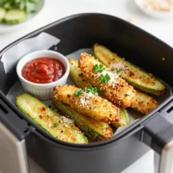 - 2 medium zucchinis - 1 cup panko breadcrumbs - 1/2 cup freshly grated Parmesan cheese - 2 large eggs - 1 teaspoon garlic powder - 1 teaspoon onion powder - 1 teaspoon dried Italian seasoning - 1/2 teaspoon sea salt - 1/4 teaspoon freshly ground black pepper - Cooking spray or a light drizzle of olive oil When picking zucchinis, look for firm ones. They should have a bright color. Avoid any that feel soft or have blemishes. Fresh zucchinis are key for great fries. Choose medium-sized zucchinis, as they have the best flavor and texture. If they are too large, they can be watery and less tasty. {{ingredient_image_2}} Start by preheating your air fryer to 400&deg;F (200&deg;C). This step is key. It helps the fries cook evenly. Let it heat for about 5 minutes. This way, you get that nice crispy texture. While the air fryer warms up, wash the zucchinis well. Trim off the ends first. Then slice each zucchini into sticks, about 1/2 inch thick. Aim for uniformity to help them cook evenly. Grab two shallow bowls for the breading. In one bowl, whisk the eggs until smooth. In the second bowl, mix the panko breadcrumbs, Parmesan cheese, garlic powder, onion powder, Italian seasoning, salt, and pepper. Make sure it&rsquo;s well blended. This mix brings out great flavors. Take a zucchini stick and dip it in the egg mixture. Let any excess egg drip off. Next, roll the stick in the breadcrumb mix. Ensure it&rsquo;s fully coated. This step is crucial for crispiness. Place the coated zucchini fries in a single layer in the air fryer basket. Avoid overcrowding. This ensures each fry gets crispy and golden. You may have to cook in batches if your fryer is smaller. Lightly mist the tops of the zucchini fries with cooking spray. This helps them achieve that golden-brown color. Cook the fries for about 10-12 minutes. Remember to shake the basket halfway through. This step promotes even cooking and crisping. Once they look golden, they are ready to enjoy! To get that perfect crunch on your zucchini fries, start with dry zucchini. After slicing, pat them with a paper towel. This helps remove excess moisture. When breading, make sure to coat each stick well. The panko breadcrumbs add great texture. A light mist of cooking spray before cooking also helps them crisp up. Overcrowding the air fryer basket can ruin your fries. If the fries are too close, they won&rsquo;t crisp well. Instead, place them in a single layer. If you have a lot of zucchini fries, cook them in batches. This gives each fry enough space to cook evenly. Using the right cooking spray can make a big difference. Look for sprays that have no added chemicals. Olive oil spray is a great choice for flavor. You can also use avocado oil spray for a high smoke point. Just a light mist will do the trick for that crispy finish. Pro Tips Choose Firm Zucchini: Select firm zucchinis that are free of blemishes for the best texture and flavor. Experiment with Seasonings: Feel free to customize the seasoning mix by adding your favorite spices or herbs for a personal touch. Maintain Airflow: Ensure that the zucchini fries are not overcrowded in the air fryer to allow for proper airflow and even cooking. Check for Doneness: Keep an eye on the fries during the last few minutes of cooking to avoid over-browning and achieve the perfect crispiness. {{image_4}} You can mix things up with seasonings. Try adding a sprinkle of smoked paprika for a smoky taste. Chili powder adds heat if you like spice. For a zestier option, use lemon zest or a pinch of cayenne pepper. These changes give your fries a unique twist. While Parmesan is classic, other cheeses work well too. Use mozzarella for a melty pull. Cheddar adds a sharp flavor that many love. Pecorino Romano brings a salty kick. Mixing cheeses can create a rich flavor profile. Experiment and find what you like best. Dipping sauces elevate your zucchini fries. Marinara is a popular choice. It's tangy and pairs well with the crunch. Ranch dressing offers a creamy option that many enjoy. For something different, try a spicy aioli or garlic dip. These sauces make each bite even better. To keep your Air Fryer Parmesan Zucchini Fries fresh, store them in an airtight container. Make sure they cool to room temperature before sealing. This helps prevent moisture build-up. You can keep these fries in the fridge for about 3 days. If you want them to last longer, consider freezing them. When you&rsquo;re ready to enjoy leftovers, reheating is key. Preheat your air fryer to 350&deg;F (175&deg;C). Place the zucchini fries in the basket in a single layer. Heat for 5 to 7 minutes. This method helps regain that crispy texture. Avoid the microwave; it makes them soggy. To freeze your zucchini fries, first let them cool completely. Arrange them in a single layer on a baking sheet. Freeze them for about 1 hour, then transfer to a freezer bag. This process prevents them from sticking together. You can keep them in the freezer for up to 2 months. When you&rsquo;re ready to cook, no need to thaw; just air fry directly from frozen. Adjust cooking time to about 14-16 minutes for best results. To make these fries gluten-free, simply use gluten-free panko breadcrumbs. Many brands offer this option. Check the label to ensure it fits your needs. You can also use ground almonds or crushed rice cereal as a substitute. The best way to serve zucchini fries is hot and crispy. I like to arrange them on a colorful platter. Pair them with warm marinara sauce or a creamy dip. A sprinkle of fresh parsley adds a nice touch. These zucchini fries typically cook in about 10 to 12 minutes. Be sure to shake the basket halfway through. This helps them cook evenly and get extra crispy. Yes, you can use fresh breadcrumbs, but the texture may differ. Panko gives a crunchier finish. If you prefer fresh breadcrumbs, pulse day-old bread in a food processor until coarse. While Parmesan adds great flavor, you can skip it if needed. For a dairy-free option, try nutritional yeast for a cheesy taste. However, using Parmesan will make the fries extra tasty and crispy. Air Fryer Parmesan Zucchini Fries are simple and fun to make. We covered ingredients, from fresh zucchini to spices and cheese. I walked you through each step, from preheating to crisping. Don&rsquo;t forget the tips for perfect fries and storage. In the end, you can enjoy these tasty fries in many ways. Feel free to experiment with flavors and sauces. The air fryer makes crisp, healthy snacks easy. So, gather your ingredients and start cooking today!