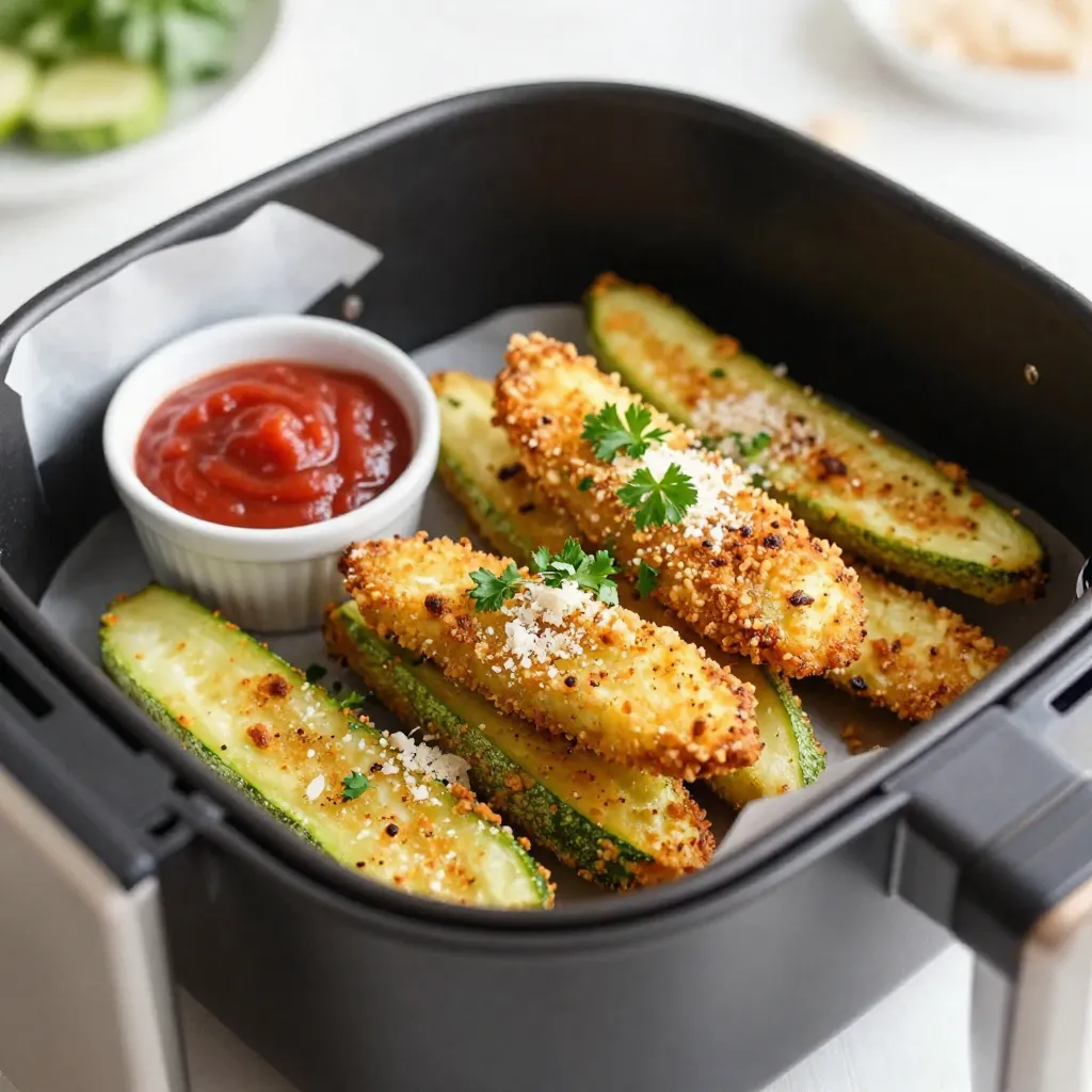- 2 medium zucchinis - 1 cup panko breadcrumbs - 1/2 cup freshly grated Parmesan cheese - 2 large eggs - 1 teaspoon garlic powder - 1 teaspoon onion powder - 1 teaspoon dried Italian seasoning - 1/2 teaspoon sea salt - 1/4 teaspoon freshly ground black pepper - Cooking spray or a light drizzle of olive oil When picking zucchinis, look for firm ones. They should have a bright color. Avoid any that feel soft or have blemishes. Fresh zucchinis are key for great fries. Choose medium-sized zucchinis, as they have the best flavor and texture. If they are too large, they can be watery and less tasty. {{ingredient_image_2}} Start by preheating your air fryer to 400&deg;F (200&deg;C). This step is key. It helps the fries cook evenly. Let it heat for about 5 minutes. This way, you get that nice crispy texture. While the air fryer warms up, wash the zucchinis well. Trim off the ends first. Then slice each zucchini into sticks, about 1/2 inch thick. Aim for uniformity to help them cook evenly. Grab two shallow bowls for the breading. In one bowl, whisk the eggs until smooth. In the second bowl, mix the panko breadcrumbs, Parmesan cheese, garlic powder, onion powder, Italian seasoning, salt, and pepper. Make sure it&rsquo;s well blended. This mix brings out great flavors. Take a zucchini stick and dip it in the egg mixture. Let any excess egg drip off. Next, roll the stick in the breadcrumb mix. Ensure it&rsquo;s fully coated. This step is crucial for crispiness. Place the coated zucchini fries in a single layer in the air fryer basket. Avoid overcrowding. This ensures each fry gets crispy and golden. You may have to cook in batches if your fryer is smaller. Lightly mist the tops of the zucchini fries with cooking spray. This helps them achieve that golden-brown color. Cook the fries for about 10-12 minutes. Remember to shake the basket halfway through. This step promotes even cooking and crisping. Once they look golden, they are ready to enjoy! To get that perfect crunch on your zucchini fries, start with dry zucchini. After slicing, pat them with a paper towel. This helps remove excess moisture. When breading, make sure to coat each stick well. The panko breadcrumbs add great texture. A light mist of cooking spray before cooking also helps them crisp up. Overcrowding the air fryer basket can ruin your fries. If the fries are too close, they won&rsquo;t crisp well. Instead, place them in a single layer. If you have a lot of zucchini fries, cook them in batches. This gives each fry enough space to cook evenly. Using the right cooking spray can make a big difference. Look for sprays that have no added chemicals. Olive oil spray is a great choice for flavor. You can also use avocado oil spray for a high smoke point. Just a light mist will do the trick for that crispy finish. Pro Tips Choose Firm Zucchini: Select firm zucchinis that are free of blemishes for the best texture and flavor. Experiment with Seasonings: Feel free to customize the seasoning mix by adding your favorite spices or herbs for a personal touch. Maintain Airflow: Ensure that the zucchini fries are not overcrowded in the air fryer to allow for proper airflow and even cooking. Check for Doneness: Keep an eye on the fries during the last few minutes of cooking to avoid over-browning and achieve the perfect crispiness. {{image_4}} You can mix things up with seasonings. Try adding a sprinkle of smoked paprika for a smoky taste. Chili powder adds heat if you like spice. For a zestier option, use lemon zest or a pinch of cayenne pepper. These changes give your fries a unique twist. While Parmesan is classic, other cheeses work well too. Use mozzarella for a melty pull. Cheddar adds a sharp flavor that many love. Pecorino Romano brings a salty kick. Mixing cheeses can create a rich flavor profile. Experiment and find what you like best. Dipping sauces elevate your zucchini fries. Marinara is a popular choice. It's tangy and pairs well with the crunch. Ranch dressing offers a creamy option that many enjoy. For something different, try a spicy aioli or garlic dip. These sauces make each bite even better. To keep your Air Fryer Parmesan Zucchini Fries fresh, store them in an airtight container. Make sure they cool to room temperature before sealing. This helps prevent moisture build-up. You can keep these fries in the fridge for about 3 days. If you want them to last longer, consider freezing them. When you&rsquo;re ready to enjoy leftovers, reheating is key. Preheat your air fryer to 350&deg;F (175&deg;C). Place the zucchini fries in the basket in a single layer. Heat for 5 to 7 minutes. This method helps regain that crispy texture. Avoid the microwave; it makes them soggy. To freeze your zucchini fries, first let them cool completely. Arrange them in a single layer on a baking sheet. Freeze them for about 1 hour, then transfer to a freezer bag. This process prevents them from sticking together. You can keep them in the freezer for up to 2 months. When you&rsquo;re ready to cook, no need to thaw; just air fry directly from frozen. Adjust cooking time to about 14-16 minutes for best results. To make these fries gluten-free, simply use gluten-free panko breadcrumbs. Many brands offer this option. Check the label to ensure it fits your needs. You can also use ground almonds or crushed rice cereal as a substitute. The best way to serve zucchini fries is hot and crispy. I like to arrange them on a colorful platter. Pair them with warm marinara sauce or a creamy dip. A sprinkle of fresh parsley adds a nice touch. These zucchini fries typically cook in about 10 to 12 minutes. Be sure to shake the basket halfway through. This helps them cook evenly and get extra crispy. Yes, you can use fresh breadcrumbs, but the texture may differ. Panko gives a crunchier finish. If you prefer fresh breadcrumbs, pulse day-old bread in a food processor until coarse. While Parmesan adds great flavor, you can skip it if needed. For a dairy-free option, try nutritional yeast for a cheesy taste. However, using Parmesan will make the fries extra tasty and crispy. Air Fryer Parmesan Zucchini Fries are simple and fun to make. We covered ingredients, from fresh zucchini to spices and cheese. I walked you through each step, from preheating to crisping. Don&rsquo;t forget the tips for perfect fries and storage. In the end, you can enjoy these tasty fries in many ways. Feel free to experiment with flavors and sauces. The air fryer makes crisp, healthy snacks easy. So, gather your ingredients and start cooking today!