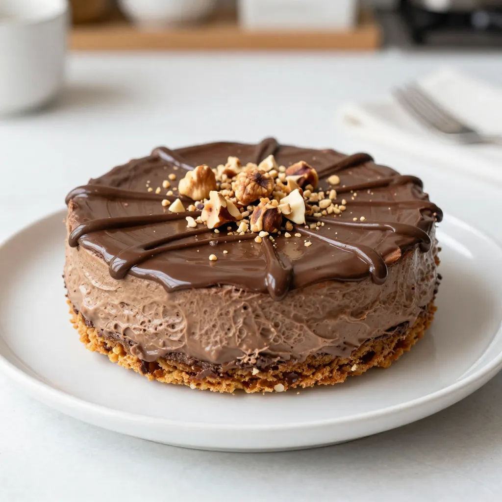 - 200g digestive biscuits, finely crushed - 100g unsalted butter, melted - 300g cream cheese, at room temperature - 200g Nutella - 100g powdered sugar - 200ml heavy whipping cream - 1 teaspoon pure vanilla extract - A pinch of salt - Extra Nutella - Crushed hazelnuts To make a No-Bake Nutella Cheesecake, you need simple, delicious ingredients. First, the digestive biscuits create a crunchy base. They add texture and flavor. You mix them with melted unsalted butter to form the crust. This crust must be tightly packed in your springform pan. Next, you'll need cream cheese at room temperature. This helps it mix smoothly. Nutella is the star of this recipe. It gives the cheesecake its rich, chocolatey taste. Powdered sugar adds sweetness and balances the flavors. Heavy whipping cream is essential. It makes the cheesecake light and fluffy. Make sure to whip it until stiff peaks form. This step is key for a nice texture. Pure vanilla extract enhances the flavors, and a pinch of salt brings it all together. For garnishing, extra Nutella adds a lovely drizzle on top. Crushed hazelnuts provide a nice crunch and visual appeal. Use these garnishes to make your cheesecake look even more tempting. {{ingredient_image_2}} - Combine 200g of finely crushed digestive biscuits and 100g of melted unsalted butter in a bowl. - Stir well until all crumbs are coated. - Transfer the mixture into a 9-inch springform pan. - Use a measuring cup or spatula to pack the mixture tightly. - In a large bowl, mix 300g of cream cheese, 200g of Nutella, 100g of powdered sugar, and 1 teaspoon of pure vanilla extract. - Add a pinch of salt. Beat with an electric mixer until smooth. - In another bowl, pour 200ml of heavy whipping cream. Whip the cream until stiff peaks form. - Fold the whipped cream into the Nutella mixture gently with a spatula. - Start with a small amount to lighten the mix, then fold in the rest. - Carefully pour the filling over the crust in the springform pan. - Use an offset spatula to smooth the top. - Cover and refrigerate for at least 4 hours, or overnight for best results. - Ensure cream cheese is at room temperature: This step makes mixing much easier. Cold cream cheese clumps and can ruin the smooth texture you want. Leave it out for about 30 minutes before starting. - Avoid overwhipping the cream: Whipping cream is fun, but too much can turn it into butter. Stop when you see stiff peaks form. This keeps your cheesecake light and fluffy. - How to serve elegantly: For a fancy touch, slice the cheesecake into neat pieces. Place each slice on a plate. Drizzle a bit of extra Nutella on top. Add a dollop of whipped cream and some crushed hazelnuts for flair. - Pairing ideas for desserts: This cheesecake pairs well with fresh fruit. Strawberries or raspberries add a nice tartness. A cup of coffee or tea also complements the rich flavors. Pro Tips Chill the Ingredients: Ensure your cream cheese and heavy cream are at room temperature before mixing. This will help create a smoother filling without lumps. Use a Quality Nutella: The flavor of your cheesecake heavily relies on the quality of Nutella used. Choose a premium brand for the best taste. Don't Overwhip the Cream: Pay attention while whipping the cream; stopping at stiff peaks ensures a light and airy texture in the cheesecake. Let it Set Overnight: For the best texture and flavor, allow the cheesecake to set in the refrigerator overnight. This will enhance the taste and make it easier to slice. {{image_4}} You can easily switch up the flavor of your no-bake Nutella cheesecake. If you love coffee, try adding a bit of espresso. This will give your cheesecake a rich mocha flavor. You can mix in one or two teaspoons of instant coffee or espresso powder. Just make sure to blend it well into the Nutella mixture. Another option is to swap out Nutella for other chocolate spreads. Brands like Biscoff or peanut butter chocolate spreads work great too. Each spread brings a unique taste, making your dessert fun and different every time. If you need a gluten-free option, you can use gluten-free biscuits instead of regular digestive biscuits. Many stores sell gluten-free digestive biscuits. Just crush them and follow the same steps for the crust. For a vegan version, swap out the cream cheese and heavy cream for plant-based alternatives. Look for vegan cream cheese and whipping cream at your local store. These swaps still make a creamy and delicious cheesecake without any animal products. To keep your no-bake Nutella cheesecake fresh, cover it well. Use plastic wrap or a lid. This prevents it from absorbing other smells in the fridge. Store it in the fridge for up to five days. The cheesecake tastes best when enjoyed within the first three days. After that, the texture may change slightly. You can freeze slices of the cheesecake for later enjoyment. Wrap each slice in plastic wrap. Then, place them in an airtight container. This keeps them fresh for up to three months. When you want to enjoy a slice, move it to the fridge. Let it thaw overnight. If you’re in a hurry, you can leave it at room temperature for about an hour. Yes, you can make this cheesecake ahead of time. It is great for parties or gatherings. Just prepare it and chill it in the fridge. It tastes even better after resting overnight. If you don't have digestive biscuits, try graham crackers or Oreos. You can crush them the same way. Each will give a unique taste to your crust. The cheesecake will last about 5 days in the fridge. Make sure to cover it well to keep it fresh. It may lose some fluffiness over time, but it will still taste great. Yes, you can use a different chocolate spread. Brands like Hershey's or Jif work well. Just note that the taste will change slightly based on what you choose. Heavy whipping cream is key for a light and fluffy texture. It helps the cheesecake set well. If you want a lighter option, you can use whipped topping instead, but the result will differ. This cheesecake is simple to make with just a few key ingredients. You blend biscuits with butter for a tasty crust, then whip together cream cheese and Nutella for a rich filling. Remember, let your cream cheese warm up before mixing. You can add flavors or keep it classic. Store it well and enjoy it fresh. This cheesecake is perfect for any celebration or a sweet night in. Get creative with toppings, and make it your own. Enjoy every creamy, delicious bite!