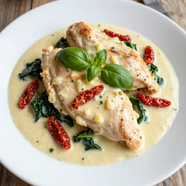 For this Creamy Garlic Tuscan Chicken, gather the following ingredients: - 4 boneless, skinless chicken breasts - 3 tablespoons extra virgin olive oil - 4 cloves garlic, finely minced - 1 cup sun-dried tomatoes, roughly chopped - 1 cup heavy cream - 1 cup fresh spinach, coarsely chopped - 1 cup grated Parmigiano-Reggiano cheese - 1 teaspoon Italian seasoning blend - Sea salt and freshly cracked black pepper to taste - Fresh basil leaves for garnish You can swap some ingredients based on your taste: - Chicken: Use boneless thighs for extra flavor and moisture. - Olive oil: Substitute with avocado oil for a light taste. - Sun-dried tomatoes: Fresh tomatoes can work if you want a fresher taste. - Heavy cream: Use half-and-half for a lighter sauce. - Spinach: Kale or arugula can add a nice twist. Choosing the right ingredients is key for great flavor: - Chicken: Look for bright pink meat with no smell. - Olive oil: Choose extra virgin for rich flavor and health benefits. - Garlic: Fresh garlic should be firm and dry, not sprouted. - Tomatoes: Pick sun-dried tomatoes that are plump and not too dry. - Cheese: Go for fresh Parmigiano-Reggiano; it adds depth to the dish. {{ingredient_image_2}} 1. Heat 2 tablespoons of olive oil in a large skillet over medium-high heat. 2. Season both sides of the chicken breasts with sea salt and black pepper. 3. Place the seasoned chicken in the skillet. Sear for 6-7 minutes on each side. 4. Remove the chicken from the skillet and set it aside on a plate. 5. Add the remaining tablespoon of olive oil to the same skillet. 6. Add the minced garlic, cooking for about 1 minute until fragrant. 7. Stir in the chopped sun-dried tomatoes and Italian seasoning. Cook for 2 more minutes. 8. Lower the heat and pour in the heavy cream, stirring to combine. 9. Gradually add the grated cheese, stirring until melted and creamy. 10. Add the chopped spinach and stir until wilted. 11. Return the chicken to the skillet and spoon sauce over it. 12. Simmer for 3-5 minutes until heated through. 13. Taste the sauce and adjust seasoning if needed. - Prep Time: 10 minutes - Cook Time: 20 minutes - Total Time: 30 minutes - Use medium-high heat for searing chicken. This gives it a golden crust. - Lower heat when adding cream to prevent boiling. Always check the chicken’s internal temperature. It should reach 165°F. Cut into chicken at the thickest part. The juices should run clear, with no pink. This ensures your chicken is safe and tasty. To achieve a smooth sauce, always use fresh ingredients. Fresh garlic is key here. Mince it finely to release its full flavor. When cooking, lower the heat after adding garlic. This prevents burning and keeps the taste bright. Stir continuously when adding cream and cheese. This helps create a creamy, rich sauce. Don’t rush the melting process. Slow and steady is the way to go. Using the right tools makes cooking easier. Here’s what you need: - A heavy-bottomed skillet for even heat. - A sharp chef's knife for chopping. - A cutting board for prep. - Measuring spoons for accurate ingredient amounts. - A spatula for stirring and serving. These tools enhance your cooking experience. They help you create the best version of this dish. To boost the flavor, consider these tips: - Add a splash of white wine for depth. - Mix in fresh herbs like parsley or thyme for brightness. - If you like a bit of heat, sprinkle in some crushed red pepper flakes. - Adjust salt and pepper to taste. Start with a little and add more as needed. Experimenting with flavors keeps the dish exciting. Trust your taste buds, and enjoy the process! Pro Tips Perfectly Sear the Chicken: Ensure your skillet is hot enough before adding the chicken; this helps achieve a beautiful golden crust while keeping the inside juicy. Enhance the Garlic Flavor: Add minced garlic towards the end of cooking to maintain its pungent flavor. If you prefer a milder taste, sauté it longer before adding other ingredients. Cheese Alternatives: If Parmigiano-Reggiano isn’t available, consider using Pecorino Romano for a sharper flavor or a blend of mozzarella and parmesan for a creamier texture. Make it Your Own: Feel free to add other vegetables like bell peppers or mushrooms to the sauce for extra nutrition and flavor. Just sauté them along with the garlic. {{image_4}} You can easily change this dish to fit your taste. Here are some fun swaps: - Instead of sun-dried tomatoes, try roasted red peppers for a sweet touch. - Swap the heavy cream with coconut milk for a lighter, dairy-free version. - Use feta cheese instead of Parmigiano-Reggiano for a tangy twist. - Add olives for a briny flavor that pairs well with the cream. If you want to make this meal fit special diets, here are some ideas: - For a low-carb version, serve the chicken with zucchini noodles instead of pasta. - To make it dairy-free, use almond milk and a dairy-free cheese. - For a gluten-free option, ensure your chicken broth or stock is gluten-free if you choose to add it. - Vegans can replace chicken with grilled tofu or chickpeas and use plant-based cream. The right sides can make your meal shine. Consider these options: - Serve with a fresh green salad to balance the creaminess. - Garlic bread is perfect for dipping into the sauce. - Roasted veggies like asparagus or Brussels sprouts add color and crunch. - Pair it with a light pasta tossed in olive oil and herbs for a filling meal. After cooking, let the creamy garlic Tuscan chicken cool down to room temperature. Place it in an airtight container. Store it in the fridge for up to 3 days. This way, it stays fresh and tasty. When you're ready to eat, check for any off smells or changes in color. You can freeze leftovers for longer storage. First, let the dish cool completely. Then, place it in a freezer-safe container. Make sure to label it with the date. It will keep well for about 2 months. For best taste, try to eat it sooner than that. When ready to enjoy your creamy garlic Tuscan chicken, reheating is key. Thaw it in the fridge overnight if frozen. Then, heat it in a skillet over low heat. Stir often and add a splash of cream or broth to keep it moist. You can also microwave it in short bursts. Just make sure it heats evenly. Check that it reaches 165°F before serving. This keeps it safe and delicious! You can serve Creamy Garlic Tuscan Chicken with a variety of sides. Here are some great options: - Pasta: Cooked al dente. It soaks up the creamy sauce well. - Rice: Fluffy white or brown rice works nicely. - Bread: Crusty artisan bread is perfect for dipping. - Salad: A fresh green salad adds a nice crunch. - Vegetables: Roasted or steamed veggies can balance the meal. Each of these sides enhances the chicken's rich flavors. Yes, you can use fresh tomatoes. However, fresh tomatoes have more water. This can change the sauce's texture. To use fresh tomatoes: - Dice about 1 to 1.5 cups of ripe tomatoes. - Sauté them with garlic until soft. - Add them to the cream sauce just like sun-dried tomatoes. Fresh tomatoes will give a different taste. The sauce will be lighter and fresher. To add heat to Creamy Garlic Tuscan Chicken, try these tips: - Red Pepper Flakes: Add a pinch while cooking the garlic. - Hot Sauce: Stir in a splash when adding the cream. - Spicy Sausage: Use spicy Italian sausage instead of chicken. - Fresh Jalapeños: Chop and add them for a fresh kick. These options let you control the spice level to your liking. This blog post covered how to make a tasty Creamy Garlic Tuscan Chicken. We looked at the best ingredients, substitutes, and tips for choosing quality items. I shared the step-by-step cooking process, including checking the doneness of chicken. You learned useful cooking tips, tools, and ways to boost flavor. We also explored variations, storage tips, and answered common questions. Enjoy trying out this recipe, and have fun adding your twist to it! Cooking should be about joy and creativity.