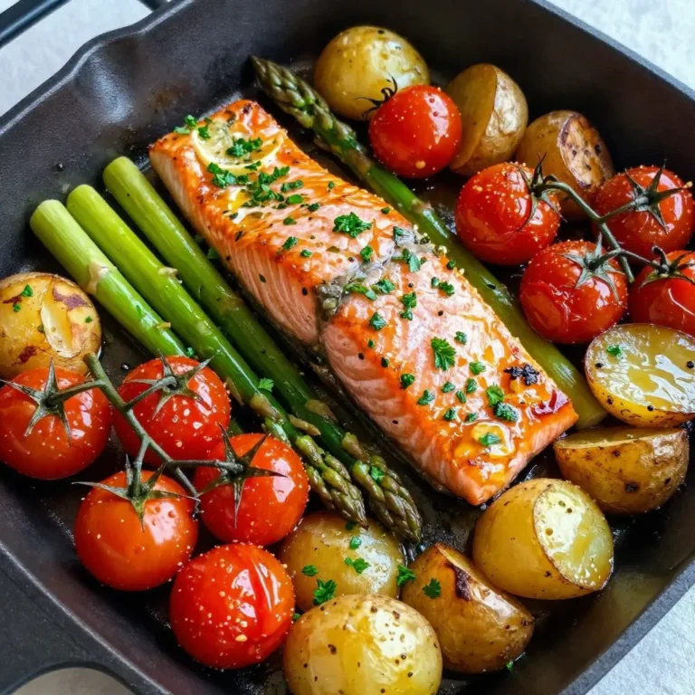 Here is what you need for a tasty sheet pan lemon herb salmon: - 4 salmon fillets (6 ounces each) - 2 tablespoons extra virgin olive oil - 2 tablespoons freshly squeezed lemon juice - Zest of 1 medium lemon - 2 cloves fresh garlic, finely minced - 1 teaspoon dried oregano - 1 teaspoon dried thyme - Sea salt and freshly cracked black pepper, to taste - 1 cup cherry tomatoes, halved - 1 cup asparagus spears, ends trimmed - 1 cup baby potatoes, halved or quartered - Fresh parsley, chopped, for garnish These ingredients work together to create a bright and fresh flavor. Salmon is rich in omega-3 fatty acids, which are great for your heart. The lemon adds a nice zing, while the herbs bring warmth to the dish. Cherry tomatoes and asparagus not only taste great but also add color and nutrition. Baby potatoes round out the meal, making it hearty and filling. Using extra virgin olive oil helps bind the flavors. Fresh garlic adds depth, while the dried herbs enhance the overall taste. This recipe is simple yet full of flavor. You can easily find all these ingredients at your local grocery store. Enjoy cooking this delightful meal that’s perfect for any night! {{ingredient_image_2}} - Preheat your oven to 400°F (200°C). - In a bowl, mix the olive oil, lemon juice, lemon zest, garlic, oregano, thyme, salt, and pepper. This mix gives your dish a bright flavor. - Spread out halved baby potatoes on a large sheet pan. - Drizzle some of the lemon herb mixture over the potatoes. Toss gently to coat them well. This step makes the potatoes tasty and crispy. - Next, add trimmed asparagus and halved cherry tomatoes around the potatoes. - Place the salmon fillets on top of the veggies, skin-side down. Use the remaining lemon herb mixture to coat the salmon. This adds flavor and keeps it moist. - Roast everything in the oven for 12 to 15 minutes. - The salmon should be cooked through and flake easily with a fork. The asparagus will be bright green and tender. This ensures a healthy and delicious meal. To check if your salmon is done, use a fork. Gently press the thickest part of the fillet. If it flakes easily, it’s ready. Salmon should reach an internal temperature of 145°F (63°C). You can choose skin-on or skinless salmon. Skin-on salmon stays moist and adds flavor. It also protects the fish during cooking. Skinless salmon cooks faster, but it may dry out. Choose based on your taste and cooking style. The best vegetables to pair with salmon include asparagus, cherry tomatoes, and broccoli. These veggies cook well and add color to your dish. Feel free to mix in bell peppers or zucchini for extra flavor. Adjust vegetable cooking times to ensure everything is ready together. For example, baby potatoes need more time. Start cooking them first, then add quicker-cooking veggies like asparagus and tomatoes later. This way, all ingredients finish at the same time. To elevate the taste of your salmon, try additional herbs and spices. Fresh dill or basil can brighten the dish. A pinch of red pepper flakes adds a nice kick. For marinade variations, swap lemon juice for lime or orange juice. You can also try adding honey for sweetness. These small changes make a big difference in flavor. Experiment to find your favorite version! Pro Tips Fresh Ingredients Matter: Always opt for the freshest salmon and seasonal vegetables to enhance the overall flavor of your dish. Don’t Overcrowd the Pan: Ensure there's enough space between the salmon and vegetables on the sheet pan to allow for even roasting and to prevent steaming. Check for Doneness: Use a fork to gently flake the salmon at its thickest part; it should flake easily and be opaque to indicate it's fully cooked. Customize Your Veggies: Feel free to substitute or add your favorite vegetables such as bell peppers or zucchini for a personalized twist on this dish. {{image_4}} You can easily switch out salmon for other proteins. Chicken breast works great! It absorbs flavors well and cooks evenly. If you prefer plant-based options, try tofu. Press it to remove water, then cut it into cubes. Coat it with the lemon herb mix just like salmon. Each protein brings a new taste and texture. Want to change the flavor? Use mustard or honey in place of lemon juice. Mustard adds a tangy bite, while honey gives a sweet touch. For a spicy kick, add some red pepper flakes or cayenne. These simple swaps can take your dish to a new level. Seasonal veggies are fresh and tasty. In spring, use snap peas or radishes. Summer calls for zucchini or bell peppers. Autumn is perfect for Brussels sprouts or butternut squash. Winter brings hearty root veggies like carrots and parsnips. Frozen vegetables can also work well. They are quick and easy, plus they keep their nutrients. Just remember to adjust cooking times as needed. To keep your leftovers fresh, place them in an airtight container. Refrigerate them right away. Use your leftovers within three days for the best taste. If you want to store them longer, freezing is a good choice. Wrap each portion tightly in plastic wrap, then place it in a freezer-safe bag or container. This helps prevent freezer burn. You can freeze salmon leftovers for up to three months. When you are ready to eat, choose the oven for reheating. Preheat it to 350°F (175°C). Place the salmon and veggies on a baking sheet. Cover them with foil to keep moisture in. Heat for about 15 minutes or until everything is warm. You can also use the microwave. Place the leftovers in a microwave-safe dish. Heat for 1-2 minutes, checking often to avoid overcooking. Enjoy your meal just like the first time! Salmon cooking time varies with thickness. For fillets about 1 inch thick, cook for 12 to 15 minutes. Thicker fillets may need 15 to 20 minutes. Always check for doneness by ensuring the salmon flakes easily with a fork. Yes, you can use frozen salmon. Just remember to thaw it first. Place the salmon in the fridge overnight or in cold water for a faster option. This helps the salmon cook evenly and keeps it flaky and tender. This dish pairs well with many sides. Here are some great options: - Quinoa salad with cucumber and feta - Steamed green beans or broccoli - Garlic bread for a nice crunch - A fresh green salad with lemon vinaigrette These sides complement the flavors of the salmon and make for a balanced meal. This blog post covered how to make a tasty sheet pan lemon herb salmon dish. We discussed the ingredients you need, from fresh salmon to vibrant veggies. I shared step-by-step instructions for cooking and tips for perfect results. Don’t forget the variations to customize your meal! You can swap proteins or tweak flavors. Proper storage and reheating advice help you enjoy leftovers too. With these easy steps, you can create a delicious meal that’s healthy and satisfying. Happy cooking!