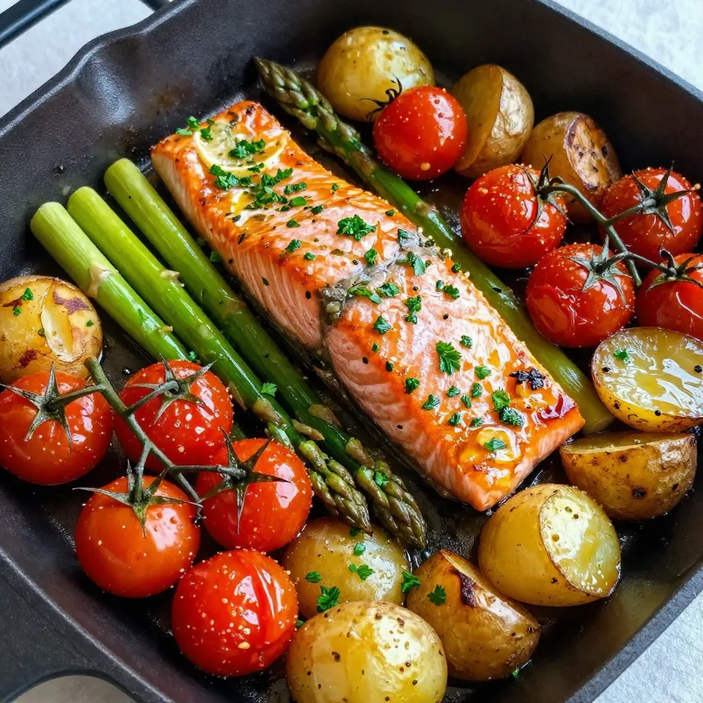 Here is what you need for a tasty sheet pan lemon herb salmon: - 4 salmon fillets (6 ounces each) - 2 tablespoons extra virgin olive oil - 2 tablespoons freshly squeezed lemon juice - Zest of 1 medium lemon - 2 cloves fresh garlic, finely minced - 1 teaspoon dried oregano - 1 teaspoon dried thyme - Sea salt and freshly cracked black pepper, to taste - 1 cup cherry tomatoes, halved - 1 cup asparagus spears, ends trimmed - 1 cup baby potatoes, halved or quartered - Fresh parsley, chopped, for garnish These ingredients work together to create a bright and fresh flavor. Salmon is rich in omega-3 fatty acids, which are great for your heart. The lemon adds a nice zing, while the herbs bring warmth to the dish. Cherry tomatoes and asparagus not only taste great but also add color and nutrition. Baby potatoes round out the meal, making it hearty and filling. Using extra virgin olive oil helps bind the flavors. Fresh garlic adds depth, while the dried herbs enhance the overall taste. This recipe is simple yet full of flavor. You can easily find all these ingredients at your local grocery store. Enjoy cooking this delightful meal that’s perfect for any night! {{ingredient_image_2}} - Preheat your oven to 400°F (200°C). - In a bowl, mix the olive oil, lemon juice, lemon zest, garlic, oregano, thyme, salt, and pepper. This mix gives your dish a bright flavor. - Spread out halved baby potatoes on a large sheet pan. - Drizzle some of the lemon herb mixture over the potatoes. Toss gently to coat them well. This step makes the potatoes tasty and crispy. - Next, add trimmed asparagus and halved cherry tomatoes around the potatoes. - Place the salmon fillets on top of the veggies, skin-side down. Use the remaining lemon herb mixture to coat the salmon. This adds flavor and keeps it moist. - Roast everything in the oven for 12 to 15 minutes. - The salmon should be cooked through and flake easily with a fork. The asparagus will be bright green and tender. This ensures a healthy and delicious meal. To check if your salmon is done, use a fork. Gently press the thickest part of the fillet. If it flakes easily, it’s ready. Salmon should reach an internal temperature of 145°F (63°C). You can choose skin-on or skinless salmon. Skin-on salmon stays moist and adds flavor. It also protects the fish during cooking. Skinless salmon cooks faster, but it may dry out. Choose based on your taste and cooking style. The best vegetables to pair with salmon include asparagus, cherry tomatoes, and broccoli. These veggies cook well and add color to your dish. Feel free to mix in bell peppers or zucchini for extra flavor. Adjust vegetable cooking times to ensure everything is ready together. For example, baby potatoes need more time. Start cooking them first, then add quicker-cooking veggies like asparagus and tomatoes later. This way, all ingredients finish at the same time. To elevate the taste of your salmon, try additional herbs and spices. Fresh dill or basil can brighten the dish. A pinch of red pepper flakes adds a nice kick. For marinade variations, swap lemon juice for lime or orange juice. You can also try adding honey for sweetness. These small changes make a big difference in flavor. Experiment to find your favorite version! Pro Tips Fresh Ingredients Matter: Always opt for the freshest salmon and seasonal vegetables to enhance the overall flavor of your dish. Don’t Overcrowd the Pan: Ensure there's enough space between the salmon and vegetables on the sheet pan to allow for even roasting and to prevent steaming. Check for Doneness: Use a fork to gently flake the salmon at its thickest part; it should flake easily and be opaque to indicate it's fully cooked. Customize Your Veggies: Feel free to substitute or add your favorite vegetables such as bell peppers or zucchini for a personalized twist on this dish. {{image_4}} You can easily switch out salmon for other proteins. Chicken breast works great! It absorbs flavors well and cooks evenly. If you prefer plant-based options, try tofu. Press it to remove water, then cut it into cubes. Coat it with the lemon herb mix just like salmon. Each protein brings a new taste and texture. Want to change the flavor? Use mustard or honey in place of lemon juice. Mustard adds a tangy bite, while honey gives a sweet touch. For a spicy kick, add some red pepper flakes or cayenne. These simple swaps can take your dish to a new level. Seasonal veggies are fresh and tasty. In spring, use snap peas or radishes. Summer calls for zucchini or bell peppers. Autumn is perfect for Brussels sprouts or butternut squash. Winter brings hearty root veggies like carrots and parsnips. Frozen vegetables can also work well. They are quick and easy, plus they keep their nutrients. Just remember to adjust cooking times as needed. To keep your leftovers fresh, place them in an airtight container. Refrigerate them right away. Use your leftovers within three days for the best taste. If you want to store them longer, freezing is a good choice. Wrap each portion tightly in plastic wrap, then place it in a freezer-safe bag or container. This helps prevent freezer burn. You can freeze salmon leftovers for up to three months. When you are ready to eat, choose the oven for reheating. Preheat it to 350°F (175°C). Place the salmon and veggies on a baking sheet. Cover them with foil to keep moisture in. Heat for about 15 minutes or until everything is warm. You can also use the microwave. Place the leftovers in a microwave-safe dish. Heat for 1-2 minutes, checking often to avoid overcooking. Enjoy your meal just like the first time! Salmon cooking time varies with thickness. For fillets about 1 inch thick, cook for 12 to 15 minutes. Thicker fillets may need 15 to 20 minutes. Always check for doneness by ensuring the salmon flakes easily with a fork. Yes, you can use frozen salmon. Just remember to thaw it first. Place the salmon in the fridge overnight or in cold water for a faster option. This helps the salmon cook evenly and keeps it flaky and tender. This dish pairs well with many sides. Here are some great options: - Quinoa salad with cucumber and feta - Steamed green beans or broccoli - Garlic bread for a nice crunch - A fresh green salad with lemon vinaigrette These sides complement the flavors of the salmon and make for a balanced meal. This blog post covered how to make a tasty sheet pan lemon herb salmon dish. We discussed the ingredients you need, from fresh salmon to vibrant veggies. I shared step-by-step instructions for cooking and tips for perfect results. Don’t forget the variations to customize your meal! You can swap proteins or tweak flavors. Proper storage and reheating advice help you enjoy leftovers too. With these easy steps, you can create a delicious meal that’s healthy and satisfying. Happy cooking!