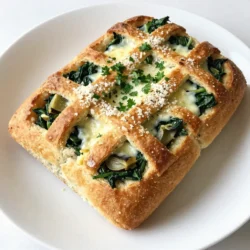 - 1 loaf of fresh Italian or pull-apart bread - 1 cup fresh spinach, finely chopped - 1 cup canned artichoke hearts, rinsed, drained, and roughly chopped - 1 cup cream cheese, softened to room temperature - 1 cup shredded mozzarella cheese - 1/2 cup grated Parmesan cheese - 2 cloves garlic, minced - 1 teaspoon onion powder - 1/2 teaspoon red pepper flakes (optional for a spicy kick) - Salt and black pepper to taste - 2 tablespoons olive oil - Fresh parsley, chopped for garnish If you want to change things up, use these simple swaps: - Swap cream cheese for ricotta for a lighter taste. - Use cheddar instead of mozzarella for a sharper flavor. - Try fresh garlic instead of minced for a bolder bite. - If you can't find artichokes, use mushrooms for a different twist. Selecting fresh ingredients is key. Here&rsquo;s how to choose the best: - Spinach: Look for bright, crisp leaves. Avoid yellow or wilted ones. - Artichokes: Choose ones that feel heavy for their size. This shows they are fresh. - Cheese: Opt for blocks of cheese over pre-shredded for better melting. - Bread: Select a loaf with a golden crust and soft inside. This ensures a chewy pull-apart texture. With these tips, you can set up for a tasty spinach artichoke pull-apart bread. {{ingredient_image_2}} To start making your Spinach Artichoke Pull-Apart Bread, preheat your oven to 350&deg;F (175&deg;C). This step is key for a nice bake. Next, take your loaf of bread and slice it. Make a grid pattern using shallow cuts, but don't cut all the way through. You want to keep the loaf whole. Now, let's prepare the filling. In a medium skillet, heat 2 tablespoons of olive oil over medium heat. Add 2 minced garlic cloves and saut&eacute; them for about 1 minute. The aroma will fill your kitchen! Next, toss in 1 cup of finely chopped spinach and 1 cup of chopped artichoke hearts. Cook until the spinach wilts, which should take around 2-3 minutes. In a large bowl, mix together 1 cup of softened cream cheese, 1 cup of shredded mozzarella, and 1/2 cup of grated Parmesan. Add 1 teaspoon of onion powder, 1/2 teaspoon of red pepper flakes for spice (if you want), and a pinch of salt and black pepper. Blend everything until smooth. Finally, gently fold in the saut&eacute;ed spinach and artichoke mixture. Now, it&rsquo;s time to stuff the bread! Use a spoon to fill the crevices of the sliced bread with the creamy mixture. Make sure to pack it in well. Wrap the stuffed bread tightly in aluminum foil to keep it moist and flavorful. Place it on a baking sheet for easy handling. Bake the bread in your preheated oven for 15-20 minutes. Keep an eye on it! When the cheese is melted and bubbling, it&rsquo;s done. Carefully take it out and unwrap the foil. Let it cool for a few minutes to help it set. For a beautiful presentation, serve your warm pull-apart bread on a rustic wooden cutting board. It looks great and makes for a fun centerpiece. To add to the experience, set out a small bowl of marinara sauce for dipping. This adds a nice flavor and a touch of color to your dish, making it even more inviting. Enjoy every cheesy, flavorful bite! When making spinach artichoke pull-apart bread, avoid cutting the bread too deep. If you cut through the bottom crust, the loaf will fall apart. Also, don&rsquo;t skip softening the cream cheese. If it is cold, it won&rsquo;t blend well. Lastly, be careful with salt. The cheeses are salty, so taste before adding more. To get the best flavor, use fresh spinach. It adds a bright taste. If you want a kick, add more red pepper flakes. For a richer flavor, try mixing in some garlic powder. When stuffing the bread, pack the filling tightly. This ensures every piece is full of flavor. You can prepare the filling a day before. Store it in the fridge in an airtight container. When you're ready to bake, stuff the bread and wrap it. If you want to freeze it, do so before baking. Wrap the bread well, and it can last up to three months. When ready, thaw and bake as directed. Pro Tips Choose the Right Bread: Opt for a fresh Italian or pull-apart bread that has a soft interior and a crusty exterior to hold the filling well. Customize the Cheese: Feel free to mix different types of cheese, such as gouda or cheddar, for a unique flavor profile. Make it Ahead: Prepare the filling a day in advance and store it in the fridge. Just stuff and bake the bread when you're ready to serve. Experiment with Add-ins: Consider adding cooked bacon, sun-dried tomatoes, or olives for extra flavor and texture. {{image_4}} You can swap cheeses to change the flavor. For a creamier texture, try using goat cheese. It gives a tangy taste that pairs well with spinach. If you love sharp flavors, use aged cheddar. It melts beautifully and adds depth. For a lighter option, consider ricotta. It has a mild flavor and lightens the dish. Feel free to mix different cheeses for a fun twist. You can boost the flavor with simple add-ins. Consider adding sun-dried tomatoes for a sweet, tangy bite. Fresh herbs like basil or dill can brighten the dish. If you like a kick, toss in some jalape&ntilde;os. They add heat without overpowering the other flavors. For a heartier addition, saut&eacute; mushrooms with the spinach. They bring umami and texture that everyone will love. Making this dish gluten-free is easy. Just use gluten-free bread instead of regular bread. For a vegan version, swap cream cheese and mozzarella with vegan alternatives. Many brands offer great plant-based cheeses now. You can also use cashew cream for a rich texture. Ensure your artichokes and any other ingredients are vegan-friendly. Make sure to check labels for any hidden animal products. After you savor your Spinach Artichoke Pull-Apart Bread, keep leftovers fresh. First, let the bread cool completely. Wrap it tightly in plastic wrap or aluminum foil. This keeps the bread moist and flavorful. Store it in the fridge for up to three days. If you want to keep it longer, consider freezing it. To reheat your tasty leftovers, preheat your oven to 350&deg;F (175&deg;C). Remove the bread from the fridge and unwrap it. Place the bread on a baking sheet. Bake for about 10-15 minutes. This warms the bread and revives the melted cheese. You can also use a microwave for quick heating. However, this method may make the bread a bit soggy. If you have extra bread, freezing is a great option. Wrap the cooled bread tightly in plastic wrap, then in aluminum foil. This double layer prevents freezer burn. Label the package with the date. You can freeze it for up to three months. When you're ready to eat, thaw the bread in the fridge overnight. Then, reheat it in the oven for the best taste. You can serve this bread with many tasty sides. I love pairing it with marinara sauce for dipping. The sweet and tangy sauce adds a nice touch. You could also serve it with a fresh salad. A light salad balances the rich flavors of the bread. Garlic butter is another great option to enhance the flavor. For a fun twist, try serving it with a creamy ranch dip. Baking this bread is quick and easy. It takes about 15 to 20 minutes in the oven. Make sure your oven is preheated to 350&deg;F (175&deg;C). You want the cheese to melt and bubble nicely. Keep an eye on it toward the end. The bread should be golden and warm when done. Yes, you can make this bread ahead of time! Prepare the filling and stuff the bread. Wrap it well in foil and keep it in the fridge. This way, you can bake it later. Just remember to let it sit at room temperature for about 30 minutes before baking. This helps it heat evenly. You now have a full guide on making Spinach Artichoke Pull-Apart Bread. We discussed the right ingredients and substitutions. You learned how to prep, bake, and serve this dish. I shared common mistakes and expert tips to help you succeed. Plus, you explored variations for different diets. Remember to store leftovers properly and reheat them right. This recipe brings joy to any meal. Enjoy making it and tasting each bite!