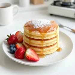 To make fluffy Japanese pancakes, you need a few key items: - 1 cup all-purpose flour - 2 tablespoons granulated sugar - &frac12; teaspoon baking powder - &frac14; teaspoon baking soda - &frac12; cup milk (warmed to body temperature) - 2 large eggs, separated into yolks and whites - 1 teaspoon vanilla extract - A pinch of fine salt - Unsalted butter (for greasing the pan) These ingredients work together to create the light and airy texture of these pancakes. Sifting the flour and other dry ingredients helps them mix well. You can enhance your pancakes with some delicious toppings: - Powdered sugar - Fresh seasonal fruits - Warm maple syrup These toppings add sweetness and color to your pancakes. They make each bite more enjoyable. To prepare fluffy Japanese pancakes, gather these kitchen tools: - Mixing bowls - Electric mixer or whisk - Non-stick skillet or frying pan Using the right equipment makes cooking easier. A non-stick skillet helps the pancakes cook evenly without sticking. {{ingredient_image_2}} Start by sifting the dry ingredients. Use a fine mesh sieve to sift the all-purpose flour, granulated sugar, baking powder, and baking soda together. Sifting helps to aerate the flour and mix the leavening agents. This step is crucial for light pancakes. Set the bowl aside when done. Now, combine the egg yolks, warmed milk, vanilla extract, and a pinch of fine salt. Use a whisk to blend these ingredients until smooth. This mixture adds richness and flavor to the pancakes. Next, make the batter. Gradually pour the wet mixture into the dry ingredients. Use a spatula or wooden spoon to stir gently. You want to mix until it's just combined. It&rsquo;s okay if there are lumps. Overmixing can make pancakes dense. Whipping the egg whites is key for fluffiness. Use a clean mixing bowl and an electric mixer or whisk. Beat the egg whites until they form stiff peaks. This means you should be able to hold the bowl upside down without them falling out. Now, fold the whipped egg whites into the batter. Do this in three parts. Use a spatula and gently fold. This keeps the batter light and airy. Be careful not to deflate the egg whites. Prepare your cooking surface. Heat a non-stick skillet over low heat. Lightly grease it with unsalted butter. For the pancakes, scoop the batter using a large spoon or measuring cup. You can use ring molds for round shapes. Cover the skillet with a lid to trap steam. Cook for about 4-5 minutes until bubbles form on the surface. Once cooked, stack the pancakes on a serving plate. Dust the top with powdered sugar for a nice finish. Serve warm with fresh seasonal fruits and a drizzle of warm maple syrup. This adds a lovely touch to your breakfast. Enjoy the fluffy goodness! Whipped egg whites are key to fluffy Japanese pancakes. When you beat the egg whites, they trap air. This air helps the pancakes rise and become light. It is vital to whip them until they form stiff peaks. This means the whites stand up and hold their shape. Adjust your cooking technique too. Use low heat and cover the skillet while cooking. This creates steam, which helps the pancakes puff up. The steam cooks the pancakes gently and evenly. One common mistake is overmixing the batter. When you mix too much, the pancakes can become dense. Stir just until the wet and dry ingredients blend. It&rsquo;s okay if the batter is a bit lumpy. Another issue is skillet temperature. If the pan is too hot, the pancakes will burn outside and stay raw inside. Use low heat to ensure even cooking and a nice golden color. For the best shape, consider using ring molds. These keep the pancakes round and uniform. You can find them in different sizes, so choose what you like best. Serve the pancakes warm for the best taste. They taste best right off the skillet. Add a dusting of powdered sugar and some fresh fruits. A drizzle of warm maple syrup makes them even more delightful! Pro Tips Use Fresh Ingredients: Ensure your baking powder and baking soda are fresh for maximum fluffiness. Expired leavening agents won't provide the necessary rise. Control the Heat: Cook the pancakes on low heat to allow them to rise properly without burning. Patience is key for achieving that perfect fluffiness! Whip the Egg Whites Properly: Make sure your mixing bowl is clean and dry when whipping egg whites. This will help them reach their full volume and create airy pancakes. Experiment with Toppings: Don't be afraid to add unique toppings like matcha powder, chocolate chips, or whipped cream for a twist on the classic Japanese pancake experience. {{image_4}} You can change the taste of your pancakes by adding matcha or cocoa powder. For matcha, mix in one to two teaspoons into the dry ingredients. This gives your pancakes a lovely green color and a unique flavor. For cocoa, use two tablespoons of unsweetened cocoa powder. It adds a rich, chocolatey taste that pairs well with maple syrup. If you need gluten-free options, use a gluten-free flour blend. Many are available in stores and work well in this recipe. Make sure to check that it contains xanthan gum, which helps with texture. For vegan pancakes, swap the eggs with flaxseed meal. Just mix one tablespoon of flaxseed with three tablespoons of water. Let it sit for a few minutes until it thickens, then add it to the wet ingredients. Toppings can make your pancakes even more fun. You can use whipped cream to add a creamy touch. Try making flavored whipped cream by folding in a splash of vanilla or a drizzle of honey. Seasonal fruits are another great choice. Berries, bananas, and peaches work well. You can mix them for a colorful fruit topping that tastes great with syrup. To keep your fluffy pancakes fresh, store them in the fridge. Place them in an airtight container. This keeps moisture out and prevents drying. Use parchment paper between layers if stacking. This way, they won&rsquo;t stick together. Make sure to eat them within two days for best taste. If you want to freeze the pancakes, let them cool completely first. Once cool, stack them with parchment paper in between. Place the stack in a freezer-safe bag or container. Seal tightly to avoid freezer burn. When you're ready to enjoy them, reheat in the microwave or toaster. They taste great warmed up! Fluffy Japanese pancakes are best when fresh. In the fridge, they last about two days. If frozen, they can stay good for up to two months. Just remember, the sooner you eat them, the better they will taste! Japanese pancakes stand out due to their light and airy texture. They use whipped egg whites, which create a fluffy rise. Unlike regular pancakes, which can be flat, these pancakes are thick and soft. The cooking method also differs. Japanese pancakes often steam while cooking. This steam helps them puff up and become extra fluffy. You can prep some components ahead. Mix the dry ingredients and store them in a sealed bag. You can also separate the eggs and keep the yolks and whites in the fridge. However, for the best fluffiness, whip the egg whites right before cooking. This keeps them light and airy. You can add a twist to your pancakes. Try mixing in matcha powder for a green tea flavor. Cocoa powder adds a rich chocolate taste. You can also fold in fruit, like blueberries or bananas. These flavors make your pancakes unique and fun. To boost fluffiness, whip the egg whites until they form stiff peaks. This is key! Be gentle when folding them into the batter. Avoid overmixing; a few lumps are okay. Cooking on low heat with a lid helps create steam, which makes them rise even more. You now have a clear guide to making fluffy Japanese pancakes. We covered key ingredients, equipment, and step-by-step methods. Tips also help you avoid common mistakes and achieve the perfect texture. Remember to experiment with flavors and toppings to make it your own. Storing your pancakes properly can extend their life too. Enjoy creating this delightful dish, and share it with family and friends for a tasty treat!
