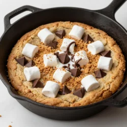 - 1 cup all-purpose flour - 1/2 teaspoon baking soda - 1/4 teaspoon salt - 1/2 cup unsalted butter, softened to room temperature - 1/2 cup packed brown sugar - 1/4 cup granulated sugar - 1 large egg - 1 teaspoon pure vanilla extract - 1/2 cup semi-sweet chocolate chips - 1/2 cup mini marshmallows - 1/2 cup graham cracker crumbs To make the s'mores cookie skillet, you need simple ingredients. First, you need flour to give the cookie structure. Baking soda and salt help the cookie rise and add flavor. Softened butter is key for creaminess. Brown sugar adds moisture and a rich taste, while granulated sugar sweetens it up. You also need one large egg, which binds everything together. Pure vanilla extract brings a lovely aroma. For a sweet twist, the chocolate chips and mini marshmallows add that classic s'mores flavor. Lastly, graham cracker crumbs give that crunchy texture and remind you of campfire nights. Gather these items before you start baking. Having them ready makes the process smooth and fun. Plus, it builds excitement for this tasty treat! {{ingredient_image_2}} 1. Preheat the oven: Start by setting your oven to 350&deg;F (175&deg;C). This is key for baking the cookie just right. 2. Combine dry ingredients: In a medium bowl, whisk together 1 cup of all-purpose flour, 1/2 teaspoon of baking soda, and 1/4 teaspoon of salt. This mix helps the cookie rise evenly. 1. Creaming the butter and sugars: In a large bowl, mix 1/2 cup of softened unsalted butter, 1/2 cup of packed brown sugar, and 1/4 cup of granulated sugar. Use a mixer on medium speed for 2-3 minutes until it&rsquo;s light and fluffy. 2. Incorporating egg and vanilla: Next, add in 1 large egg and 1 teaspoon of pure vanilla extract. Mix until everything is smooth and well combined. 1. Mixing wet and dry ingredients: Gradually add the flour mixture to the butter mix. Stir gently until just combined. Don&rsquo;t mix too much, or the cookie may get tough. 2. Folding in chocolate chips and marshmallows: Now, fold in 1/2 cup of semi-sweet chocolate chips, 1/2 cup of mini marshmallows, and 1/2 cup of graham cracker crumbs. Use a spatula for even distribution. 3. Preparing the skillet: Lightly grease a 10-inch cast-iron skillet with cooking spray or butter. Spoon the cookie dough into the skillet and spread it evenly. 4. Adding extra toppings: For an extra treat, sprinkle more chocolate chips and marshmallows on top before baking. 1. Recommended baking time: Place the skillet in your preheated oven and bake for 20-25 minutes. The edges should be golden brown. 2. Checking for doneness: The center should remain soft and slightly gooey. Keep an eye on it to avoid overcooking. To get the best texture, avoid overmixing your dough. When you mix the wet and dry ingredients, stop as soon as you see no flour. This keeps your cookies soft and chewy. Also, pay attention to temperatures. Use room temperature butter for easy mixing. Cold butter leads to a dense cookie. Make sure your egg is at room temperature too. This helps the batter blend well. Serve your s'mores cookie skillet warm right from the oven. The gooey chocolate and melted marshmallows are best when hot. Pair it with graham crackers for dipping. You can also add toppings like extra mini marshmallows or chocolate chips as you serve. These add a fun twist to each bite. For a beautiful presentation, top your warm skillet with whipped cream. A drizzle of chocolate sauce adds richness. Use garnishes like crushed graham crackers or extra chocolate chips. These make the dish look even more tempting. Serve in the skillet for a rustic and cozy feel. Pro Tips Use Room Temperature Ingredients: Ensure your butter and egg are at room temperature for easier mixing and a better texture in your cookie dough. Don&rsquo;t Overbake: Keep an eye on the skillet while baking; the center should remain soft and gooey, as it will continue to cook slightly after being removed from the oven. Experiment with Flavors: Feel free to swap out chocolate chips or add nuts for a different twist on the classic s'mores flavor. Serve Warm: For the best experience, serve the skillet warm straight from the oven, allowing everyone to dig in and enjoy the melty marshmallows and chocolate. {{image_4}} You can switch up the sweeteners for a healthier option. Use honey or maple syrup instead of brown sugar. For a dairy-free treat, use coconut oil or a dairy-free butter in place of unsalted butter. This keeps the rich flavor while making it suitable for those with dairy allergies. To change the flavor, add peanut butter or nuts to the dough. They add a nice crunch and depth. For a fruity twist, toss in some diced strawberries or banana slices. This brightens the dish and adds a fun surprise. You can make themed versions for holidays. Try adding peppermint extract and crushed candy canes for a festive spin. In summer, mix in fresh berries for a lighter taste. Using seasonal ingredients gives your s'mores cookie skillet a new life and keeps it exciting. To keep your S'mores Cookie Skillet fresh, let it cool first. Once cooled, cover it tightly with plastic wrap or foil. Store it in the fridge for up to three days. If you want to save it longer, place it in an airtight container. This way, it can last for about a month in the freezer. Just remember to thaw it in the fridge before reheating. You can reheat your cookie skillet in two ways: microwave or oven. If using the microwave, heat it for about 20-30 seconds. Check to see if it's warm enough. If not, heat it in 10-second bursts. For the oven, preheat it to 350&deg;F (175&deg;C). Place the skillet inside for about 10 minutes. This will give it a nice, warm texture. For the best taste, serve your S'mores Cookie Skillet warm. This makes the chocolate and marshmallows melt just right. If it feels a bit dry, add a scoop of ice cream on top. You can also drizzle some chocolate sauce for a fun twist. Enjoy diving back into this tasty treat! It takes about 20 to 25 minutes to bake. The edges should be golden brown. The center will stay soft and gooey. Keep an eye on it in the last few minutes. This way, you avoid overcooking it. Yes, you can make the dough ahead of time. This allows the flavors to blend well. Just wrap the dough tightly in plastic wrap. Store it in the fridge for up to 2 days. When ready to bake, let it sit at room temperature for 15 minutes. Then, bake as normal. Serve the skillet warm right from the oven. This keeps the cookie gooey and soft. Pair it with extra graham crackers for dipping. For a fun touch, add a dollop of whipped cream. A drizzle of chocolate sauce adds even more delight. You can make this recipe gluten-free by using gluten-free flour. For a vegan option, swap the butter with a plant-based alternative. Replace the egg with a flaxseed egg. This will keep the cookie delicious while meeting dietary needs. This blog post covered everything you need to know for a tasty s&rsquo;mores cookie skillet. I shared the key ingredients and step-by-step instructions to help you bake it. Tips and tricks were also included to perfect your dish, from texture to presentation. Lastly, I discussed variations and storage options to keep it fresh. Enjoy your baking! Remember, s&rsquo;mores cookie skillets are versatile and fun. Keep experimenting with flavors and enjoy making them with friends or family.