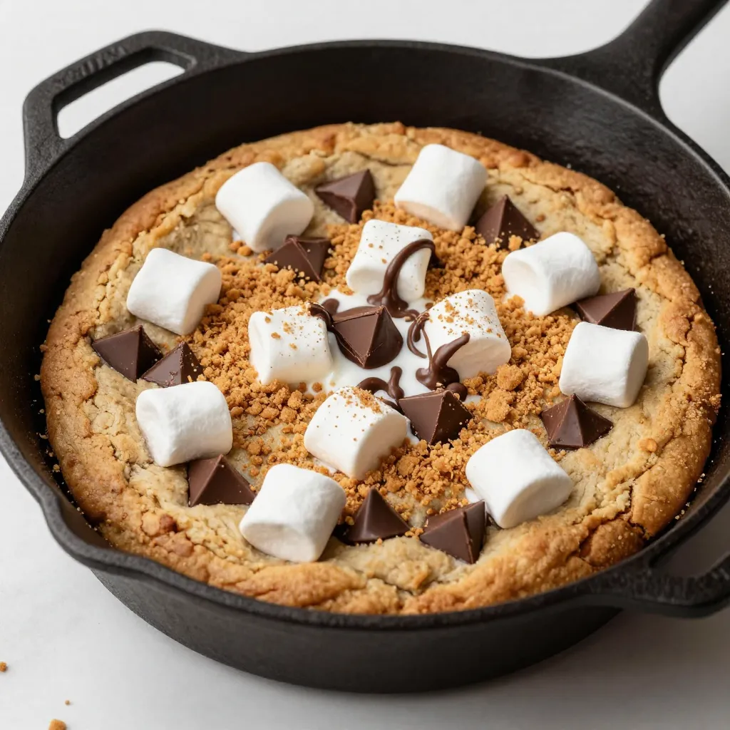 - 1 cup all-purpose flour - 1/2 teaspoon baking soda - 1/4 teaspoon salt - 1/2 cup unsalted butter, softened to room temperature - 1/2 cup packed brown sugar - 1/4 cup granulated sugar - 1 large egg - 1 teaspoon pure vanilla extract - 1/2 cup semi-sweet chocolate chips - 1/2 cup mini marshmallows - 1/2 cup graham cracker crumbs To make the s'mores cookie skillet, you need simple ingredients. First, you need flour to give the cookie structure. Baking soda and salt help the cookie rise and add flavor. Softened butter is key for creaminess. Brown sugar adds moisture and a rich taste, while granulated sugar sweetens it up. You also need one large egg, which binds everything together. Pure vanilla extract brings a lovely aroma. For a sweet twist, the chocolate chips and mini marshmallows add that classic s'mores flavor. Lastly, graham cracker crumbs give that crunchy texture and remind you of campfire nights. Gather these items before you start baking. Having them ready makes the process smooth and fun. Plus, it builds excitement for this tasty treat! {{ingredient_image_2}} 1. Preheat the oven: Start by setting your oven to 350°F (175°C). This is key for baking the cookie just right. 2. Combine dry ingredients: In a medium bowl, whisk together 1 cup of all-purpose flour, 1/2 teaspoon of baking soda, and 1/4 teaspoon of salt. This mix helps the cookie rise evenly. 1. Creaming the butter and sugars: In a large bowl, mix 1/2 cup of softened unsalted butter, 1/2 cup of packed brown sugar, and 1/4 cup of granulated sugar. Use a mixer on medium speed for 2-3 minutes until it’s light and fluffy. 2. Incorporating egg and vanilla: Next, add in 1 large egg and 1 teaspoon of pure vanilla extract. Mix until everything is smooth and well combined. 1. Mixing wet and dry ingredients: Gradually add the flour mixture to the butter mix. Stir gently until just combined. Don’t mix too much, or the cookie may get tough. 2. Folding in chocolate chips and marshmallows: Now, fold in 1/2 cup of semi-sweet chocolate chips, 1/2 cup of mini marshmallows, and 1/2 cup of graham cracker crumbs. Use a spatula for even distribution. 3. Preparing the skillet: Lightly grease a 10-inch cast-iron skillet with cooking spray or butter. Spoon the cookie dough into the skillet and spread it evenly. 4. Adding extra toppings: For an extra treat, sprinkle more chocolate chips and marshmallows on top before baking. 1. Recommended baking time: Place the skillet in your preheated oven and bake for 20-25 minutes. The edges should be golden brown. 2. Checking for doneness: The center should remain soft and slightly gooey. Keep an eye on it to avoid overcooking. To get the best texture, avoid overmixing your dough. When you mix the wet and dry ingredients, stop as soon as you see no flour. This keeps your cookies soft and chewy. Also, pay attention to temperatures. Use room temperature butter for easy mixing. Cold butter leads to a dense cookie. Make sure your egg is at room temperature too. This helps the batter blend well. Serve your s'mores cookie skillet warm right from the oven. The gooey chocolate and melted marshmallows are best when hot. Pair it with graham crackers for dipping. You can also add toppings like extra mini marshmallows or chocolate chips as you serve. These add a fun twist to each bite. For a beautiful presentation, top your warm skillet with whipped cream. A drizzle of chocolate sauce adds richness. Use garnishes like crushed graham crackers or extra chocolate chips. These make the dish look even more tempting. Serve in the skillet for a rustic and cozy feel. Pro Tips Use Room Temperature Ingredients: Ensure your butter and egg are at room temperature for easier mixing and a better texture in your cookie dough. Don’t Overbake: Keep an eye on the skillet while baking; the center should remain soft and gooey, as it will continue to cook slightly after being removed from the oven. Experiment with Flavors: Feel free to swap out chocolate chips or add nuts for a different twist on the classic s'mores flavor. Serve Warm: For the best experience, serve the skillet warm straight from the oven, allowing everyone to dig in and enjoy the melty marshmallows and chocolate. {{image_4}} You can switch up the sweeteners for a healthier option. Use honey or maple syrup instead of brown sugar. For a dairy-free treat, use coconut oil or a dairy-free butter in place of unsalted butter. This keeps the rich flavor while making it suitable for those with dairy allergies. To change the flavor, add peanut butter or nuts to the dough. They add a nice crunch and depth. For a fruity twist, toss in some diced strawberries or banana slices. This brightens the dish and adds a fun surprise. You can make themed versions for holidays. Try adding peppermint extract and crushed candy canes for a festive spin. In summer, mix in fresh berries for a lighter taste. Using seasonal ingredients gives your s'mores cookie skillet a new life and keeps it exciting. To keep your S'mores Cookie Skillet fresh, let it cool first. Once cooled, cover it tightly with plastic wrap or foil. Store it in the fridge for up to three days. If you want to save it longer, place it in an airtight container. This way, it can last for about a month in the freezer. Just remember to thaw it in the fridge before reheating. You can reheat your cookie skillet in two ways: microwave or oven. If using the microwave, heat it for about 20-30 seconds. Check to see if it's warm enough. If not, heat it in 10-second bursts. For the oven, preheat it to 350°F (175°C). Place the skillet inside for about 10 minutes. This will give it a nice, warm texture. For the best taste, serve your S'mores Cookie Skillet warm. This makes the chocolate and marshmallows melt just right. If it feels a bit dry, add a scoop of ice cream on top. You can also drizzle some chocolate sauce for a fun twist. Enjoy diving back into this tasty treat! It takes about 20 to 25 minutes to bake. The edges should be golden brown. The center will stay soft and gooey. Keep an eye on it in the last few minutes. This way, you avoid overcooking it. Yes, you can make the dough ahead of time. This allows the flavors to blend well. Just wrap the dough tightly in plastic wrap. Store it in the fridge for up to 2 days. When ready to bake, let it sit at room temperature for 15 minutes. Then, bake as normal. Serve the skillet warm right from the oven. This keeps the cookie gooey and soft. Pair it with extra graham crackers for dipping. For a fun touch, add a dollop of whipped cream. A drizzle of chocolate sauce adds even more delight. You can make this recipe gluten-free by using gluten-free flour. For a vegan option, swap the butter with a plant-based alternative. Replace the egg with a flaxseed egg. This will keep the cookie delicious while meeting dietary needs. This blog post covered everything you need to know for a tasty s’mores cookie skillet. I shared the key ingredients and step-by-step instructions to help you bake it. Tips and tricks were also included to perfect your dish, from texture to presentation. Lastly, I discussed variations and storage options to keep it fresh. Enjoy your baking! Remember, s’mores cookie skillets are versatile and fun. Keep experimenting with flavors and enjoy making them with friends or family.