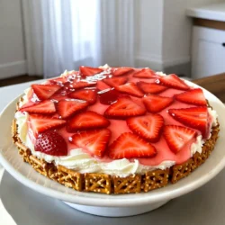 - 2 cups pretzel crisps, crushed - 1/2 cup unsalted butter, melted - 1/4 cup granulated sugar - 8 oz cream cheese, softened - 1 cup powdered sugar - 1 cup whipped topping (like Cool Whip) - 2 cups fresh strawberries, sliced - 1 cup strawberry gelatin mix - 2 cups boiling water If you want to change things up, try these: - Use graham cracker crumbs instead of pretzel crisps for a sweeter base. - Swap unsalted butter with coconut oil for a different flavor. - Use a sugar substitute if you want to reduce sugar. - For a dairy-free option, use vegan cream cheese and coconut whipped topping. - Try other fruits like blueberries or raspberries for a twist. Pick strawberries that are bright red and firm. Look for: - Green caps: They should be fresh and leafy. - No blemishes: Avoid any with soft spots or dark patches. - Size: Choose medium-sized berries for even slicing. - Aroma: A sweet smell means they are ripe and ready to eat. Fresh strawberries are key to making this dish shine. {{ingredient_image_2}} Start by preheating your oven to 350&deg;F (175&deg;C). This step is key for baking the crust evenly. In a medium bowl, mix 2 cups of crushed pretzel crisps with 1/2 cup of melted unsalted butter and 1/4 cup of granulated sugar. Stir until every piece of pretzel is coated. This gives the crust flavor and crunch. In another bowl, beat 8 oz of softened cream cheese with 1 cup of powdered sugar. Use an electric mixer on medium speed. Mix until smooth and creamy. Then, gently fold in 1 cup of whipped topping until it is light and fluffy. In a small bowl, dissolve 1 cup of strawberry gelatin mix in 2 cups of boiling water. Stir until there are no lumps. Let this mixture cool for about 15 minutes. Stir it a few times to keep it from setting too soon. Once the gelatin is cool, fold in 2 cups of sliced fresh strawberries. Pour this mixture over the cream cheese layer in the baking dish. Spread it evenly. Refrigerate for at least 2 hours, or until it is set and firm. Serve it cold for a delightful treat! To get a crispy crust for your Strawberry Pretzel Salad, use fresh pretzel crisps. Crush them into small pieces but not too fine. Mix them well with melted butter and sugar. Press the mixture firmly in the pan. Bake it until it turns golden brown. This browning shows that the crust is ready. Let it cool completely before adding the next layer. To avoid lumps in your cream cheese mixture, make sure the cream cheese is at room temperature. This helps it blend smoothly. Use an electric mixer on medium speed to beat it with powdered sugar. Mix until you see no lumps. When adding whipped topping, fold it in gently. This keeps the mixture light and fluffy. Let the gelatin mixture cool for about 15 minutes after mixing it with boiling water. Stir it often to keep it from setting too quickly. After adding the strawberries, pour it over the cream cheese layer once it&rsquo;s cool but not set. Refrigerate the whole dish for at least 2 hours. This time ensures the gelatin sets well, giving you that perfect slice. Pro Tips Crust Consistency: Ensure the pretzel crust is firmly packed into the baking dish for a sturdy base that won't crumble when serving. Cooling the Gelatin: Allow the gelatin to cool slightly before adding strawberries to prevent them from becoming mushy due to heat. Whipped Topping Alternatives: If you prefer, you can use homemade whipped cream instead of Cool Whip for a fresher taste and texture. Garnishing Tip: For an extra touch, drizzle some strawberry syrup or fresh mint over the top before serving for enhanced flavor and presentation. {{image_4}} You can change the flavor of the gelatin for fun twists. Try raspberry, peach, or cherry gelatin. Each one gives a new taste that pairs well with strawberries. The color also changes, making your dessert look unique. You can mix different fruits into your salad. Fresh blueberries or diced peaches add a nice touch. You can also use bananas, but add them just before serving. This keeps them from browning. Mixing fruits makes the dessert more exciting and colorful. For a gluten-free version, use gluten-free pretzel crisps. Many brands offer these now. This way, people with gluten allergies can enjoy this treat too. Check labels to ensure they are certified gluten-free for safety. To store leftover Strawberry Pretzel Salad, cover the dish tightly with plastic wrap or aluminum foil. This keeps the salad fresh and prevents it from absorbing other odors in the fridge. You can also transfer it to an airtight container. Store it in the refrigerator for up to three days. You can freeze this dessert, but it may change the texture. To freeze, cut the salad into squares. Wrap each piece in plastic wrap, then place them in a freezer-safe bag or container. This helps prevent freezer burn. You can freeze it for up to one month. When ready to enjoy, thaw it in the fridge overnight. Reheating Strawberry Pretzel Salad is not recommended. The texture of the cream cheese and the gelatin can change when heated. Instead, let it thaw in the fridge if frozen. Serve the salad cold for the best taste and texture. Enjoy the refreshing layers straight from the fridge! You can use whipped cream instead of Cool Whip. Beat heavy cream with sugar until stiff peaks form. This gives you a fresh taste. You can also use Greek yogurt for a healthier choice. It adds creaminess and tang. Strawberry Pretzel Salad lasts up to five days in the fridge. Keep it in an airtight container to keep it fresh. The layers stay tasty, but they may become a bit softer over time. Yes! You can make this dessert a day ahead. Just follow the steps and refrigerate it overnight. This helps the flavors blend well together. It will be ready when you need it. Yes, you can lower the sugar in this recipe. Use sugar substitutes like stevia or monk fruit. You can also use sugar-free gelatin for the topping. These swaps still keep the flavor nice. To cut, use a sharp knife or a pizza cutter. Dip it in hot water to make clean cuts. This helps keep the layers intact. Serve the squares on a nice platter with mint leaves for color. You now know how to make a delicious Strawberry Pretzel Salad. We covered the ingredients, steps, and helpful tips. You learned about fresh strawberries and alternatives. This dessert can have many fun variations. Remember to store it right to keep it fresh. Try these tips and enjoy a sweet treat that everyone will love! You can impress your friends with your skills in the kitchen. Happy cooking!