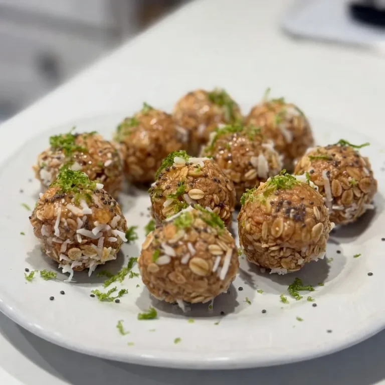 - Rolled oats: These oats provide a hearty base. They are full of fiber and help keep you full. - Shredded coconut: This adds a tropical flair. It gives flavor and texture to each bite. - Nut butter options: Almond butter is my go-to, but you can use peanut butter. Both add creaminess and healthy fats. - Sweetener options: I use honey or maple syrup. These natural sweeteners bring a nice balance to the tart lime. - Chocolate chips: Mini dark chocolate chips add a sweet twist. They pair well with the lime flavor. - Seed options: Chia seeds boost nutrition. They are rich in omega-3 and add a nice crunch. - Additional flavorings: Consider adding vanilla or crushed nuts. These can enhance the taste and texture. {{ingredient_image_2}} To start, gather all your ingredients. This step makes cooking easier and faster. In a medium bowl, mix together the dry ingredients. Add: - 1 cup rolled oats - 1/2 cup unsweetened shredded coconut - 1 tablespoon chia seeds - 1/4 teaspoon sea salt Stir these ingredients until they blend well. This blend gives your energy bites a nice texture and taste. Next, take another bowl and whisk the wet ingredients. Combine: - 1/3 cup almond butter (or peanut butter) - 1/4 cup honey or maple syrup - Zest of 1 lime - 2 tablespoons freshly squeezed lime juice Mix until it is smooth and well combined. This mixture brings out that zesty flavor. Now, it's time to merge the wet and dry mixtures. Pour the wet mixture into the bowl with the dry ingredients. Use a spatula or wooden spoon to mix everything thoroughly. You want every bit to be coated and combined. If you like chocolate, this is the time to add 1/4 cup mini dark chocolate chips. Gently fold them in. This adds a sweet surprise to your bites. Now, let's shape the energy bites. With clean hands, scoop out portions of the mixture. Roll them into small balls, about 1 inch in diameter. If the mix is sticky, wet your hands with a little water to help. Once you have rolled out all the bites, place them on a tray lined with parchment paper. This makes cleanup easier. To help them firm up, chill the tray in the refrigerator for at least 30 minutes. After chilling, transfer your energy bites to an airtight container. They stay fresh in the fridge for up to a week or can be frozen for longer storage. Enjoy your refreshing coconut lime energy bites! If you want to use a different nut butter, go for peanut butter. It gives a nice taste. Sunflower seed butter is another good choice for nut-free diets. For sweeteners, honey works great, but maple syrup is a nice vegan option. Both options add a rich flavor. To adjust the sweetness, taste the mix before you roll it into bites. If you want it sweeter, add a bit more honey or maple syrup. To enhance the lime flavor, add extra lime juice or zest. This makes the bites zesty and fresh. For presentation, serve your energy bites on a colorful platter. You can sprinkle extra lime zest and shredded coconut on top for a fun look. Pair these bites with a cold drink, like coconut water or iced tea. This combo makes a refreshing snack! Pro Tips Chill for Firmness: Allow the energy bites to chill for at least 30 minutes in the refrigerator to help them set and hold their shape better. Flavor Variations: Experiment with different nut butters or add-ins like dried fruit, seeds, or spices to customize the flavor of your energy bites. Storage Tips: Store energy bites in an airtight container in the refrigerator for up to a week, or freeze them for longer shelf life. Mess-Free Rolling: If the mixture is too sticky, wet your hands slightly with water to make rolling the bites easier and less messy. {{image_4}} You can change the taste of these energy bites easily. Try adding tropical fruits like mango or pineapple. These fruits mix well with coconut and lime. They give a sweet and sunny flavor. You can also add dark chocolate chips. They add a rich taste that pairs nicely with lime. Just fold in the chocolate chips when mixing. If you want a vegan option, use maple syrup instead of honey. Almond butter is already vegan-friendly. For gluten-free bites, make sure your oats are certified gluten-free. This way, you can enjoy these treats without worry. You can change the texture of your bites, too. If you like a crunchy snack, add chopped nuts. If you want chewy bites, stick to the original recipe. You can also make larger or smaller bites. Just adjust the size when rolling them. Smaller bites are great for snacking, while larger ones can fill you up more. To keep your Coconut Lime Energy Bites fresh, store them in an airtight container. If you place them in the fridge, they will stay tasty. Make sure to keep them covered. This helps prevent them from drying out. For longer storage, you can freeze the energy bites. Just place them in a freezer-safe bag or container. Make sure to remove as much air as possible. This will help keep them fresh and avoid freezer burn. In the fridge, these bites last up to a week. You can grab them for a quick snack or energy boost. They taste best fresh but are still good for several days. When you freeze them, Coconut Lime Energy Bites can last up to three months. This makes them perfect for meal prep. You can whip up a batch now and enjoy them later! To enjoy your frozen bites, let them thaw in the fridge. This keeps their texture nice. You can also leave them out on the counter for about 15 minutes. They will be ready to eat when soft but still firm. Avoid microwaving them, as it may change their taste and texture. To make these bites, follow these steps: 1. Mix Dry Ingredients: In a medium bowl, combine 1 cup of rolled oats, 1/2 cup of unsweetened shredded coconut, 1 tablespoon of chia seeds, and 1/4 teaspoon of sea salt. Stir until well mixed. 2. Whisk Wet Ingredients: In another bowl, whisk together 1/3 cup of almond butter, 1/4 cup of honey or maple syrup, 2 tablespoons of fresh lime juice, and the zest of 1 lime. Mix until smooth. 3. Combine Mixtures: Pour the wet mixture into the dry ingredients. Stir with a spatula until fully combined. If you want chocolate, fold in 1/4 cup of mini dark chocolate chips. 4. Form Bites: Use clean hands to scoop out portions and roll them into small balls, about 1 inch wide. If they are sticky, wet your hands slightly. 5. Chill: Place the bites on a tray lined with parchment paper. Refrigerate for at least 30 minutes to firm them up. 6. Store: Transfer to an airtight container. These bites can last up to a week in the fridge or be frozen for longer storage. Coconut and lime bring great health benefits: - Coconut: It is rich in healthy fats, fiber, and minerals like manganese and copper. These nutrients support heart health and digestion. - Lime: Limes are full of vitamin C, which helps boost the immune system. They also contain antioxidants that fight free radicals. Together, they create a refreshing snack that fuels your body and tastes great. Yes, you can use different nut butters: - Peanut Butter: This is a common substitute and adds a rich flavor. - Cashew Butter: This option provides a creamy texture and a sweet taste. - Sunflower Seed Butter: Great for nut allergies, it has a unique flavor. Feel free to experiment and find your favorite! These energy bites have a good shelf life: - Refrigerator: Store them in an airtight container for up to a week. - Freezer: They can last for about three months in the freezer. Just thaw them in the fridge before eating. This makes them a perfect grab-and-go snack! In this article, we explored how to make delicious Coconut Lime Energy Bites. We covered key ingredients, from oats to nut butter. Step-by-step instructions made it easy to follow the process. We shared helpful tips and variations to suit your taste. Lastly, we discussed storage methods to keep your bites fresh. I hope this guide inspires you to create your own tasty energy bites. Enjoy exploring flavors and sharing these snacks with others!